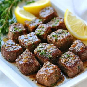 To make garlic butter steak bites, gather these key ingredients: - 1 lb beef sirloin, cut into 1-inch cubes - 4 tablespoons unsalted butter - 4 cloves garlic, minced - 1 teaspoon fresh rosemary, chopped - 1 teaspoon fresh thyme leaves - Salt and pepper to taste - Fresh parsley, chopped (for garnish) - Lemon wedges (for serving) These ingredients come together to create a dish that is both rich and flavorful. The beef sirloin offers a tender bite, while the garlic and herbs bring a burst of taste. You can add more flair with optional seasonings and garnishes: - A pinch of red pepper flakes for heat - A splash of Worcestershire sauce for depth - Grated Parmesan cheese for a savory finish These options let you customize the dish to your liking. Feel free to experiment and find what works best for you. While sirloin is great, you can try other cuts for varied flavor: - Ribeye for a fattier, more flavorful bite - Tenderloin for a melt-in-your-mouth experience - Flank steak for a leaner, chewier texture Choosing the right cut can elevate your dish. Each type of steak brings its own unique taste and texture, so pick one that fits your preference. {{ingredient_image_1}} Start by cutting 1 pound of beef sirloin into 1-inch cubes. This size helps the meat cook evenly. Next, season the cubes with salt and pepper. Be generous! This step adds flavor to every bite. Set the beef aside while you heat the skillet. Heat 2 tablespoons of unsalted butter in a large skillet over medium-high heat. Wait until the butter is sizzling. Then, add the beef cubes in a single layer. If your pan is small, cook in batches. Sear the meat for 2-3 minutes on each side. You want a nice brown crust. Once done, remove the steak bites from the pan and set them aside. In the same skillet, lower the heat to medium. Add the remaining 2 tablespoons of butter. Then, add 4 minced garlic cloves, 1 teaspoon of chopped rosemary, and 1 teaspoon of thyme leaves. Sauté for 1-2 minutes. Watch the garlic closely so it does not burn. When the kitchen smells great, return the steak bites to the skillet. Toss them in the garlic butter sauce to coat. Cook for an additional 1-2 minutes to heat everything through. Serve right away, garnished with chopped parsley and lemon wedges on the side. Enjoy your meal! To get tender steak bites, start with good quality beef. I prefer sirloin because it is juicy and flavorful. Cut the beef into 1-inch cubes to help it cook evenly. When you sear, make sure your pan is hot. This helps to lock in the juices. Sear for 2-3 minutes on each side. This gives a nice crust while keeping the inside tender. To avoid overcooking, keep an eye on the time. Use a meat thermometer if you have one. For medium-rare, aim for 130°F. Remove the steak from the pan when it's a bit underdone. It will continue to cook when you let it rest. If you work in batches, it helps keep the heat up. Don't crowd the pan; this keeps the temperature steady. Garlic can burn easily, so be careful. After cooking the steak, lower the heat before adding garlic. Add minced garlic to the melted butter and sauté for just 1-2 minutes. Stir often to keep it from sticking or burning. You want the garlic to become fragrant, not brown. This will give your steak bites a rich flavor. Pro Tips Rest the Meat: Allow the steak bites to rest for a few minutes after cooking. This helps the juices redistribute, ensuring a more flavorful and tender bite. High Heat Sear: Use high heat to sear the steak. This creates a nice crust, adding flavor and texture. Avoid moving the meat around too much while it's searing. Fresh Herbs Matter: Using fresh herbs like rosemary and thyme enhances the flavor of the garlic butter. Dried herbs can be a substitute but may not provide the same depth of flavor. Garnish Wisely: Finish with a sprinkle of fresh parsley for color and freshness. It brightens the dish and complements the rich garlic butter. {{image_2}} You can switch up the ingredients to add your own twist. Try using different herbs like oregano or basil. Instead of sirloin, use ribeye for a richer taste. You can also add some heat with red pepper flakes or a splash of hot sauce. For a smoky flavor, try adding smoked paprika. Each change can create a new flavor profile. Grilling gives a nice char to your steak bites. Preheat your grill to medium heat. Place the beef on skewers for easy flipping. Grill for 2-3 minutes on each side. Broiling is another great option. Set your oven to broil and place the steak bites on a baking sheet. Broil for about 3-4 minutes per side. Both methods add unique flavors to your dish. To elevate your garlic butter steak bites, serve them with different sides. Try creamy mashed potatoes or a fresh salad. You can also serve them with crusty bread to soak up the garlic butter sauce. For a fun twist, top with crumbled blue cheese or a drizzle of balsamic glaze. These options will make your meal even more exciting. After enjoying your garlic butter steak bites, store any leftovers in an airtight container. This keeps the flavors fresh and prevents the meat from drying out. Let the steak bites cool to room temperature before sealing them. Place the container in the fridge. They will stay good for up to three days. When you’re ready to enjoy leftovers, the best way to reheat them is in a skillet. Heat a little butter over medium heat. Add the steak bites and gently warm them. Stir occasionally to avoid burning. This method keeps the steak juicy and flavorful. You can also use a microwave, but it may dry out the meat. Heat on low power for 30 seconds at a time until warm. If you want to save steak bites for later, freezing works well. First, cool the bites completely. Then, place them in a freezer-safe bag. Remove as much air as possible to prevent freezer burn. Label the bag with the date. You can freeze them for up to three months. To thaw, move the bag to the fridge overnight. Reheat as mentioned above for the best taste. You can use cuts like ribeye or tenderloin. These cuts are tender and flavorful. They work great for steak bites. You can also try flank steak or sirloin tip. They are tasty too, but may need a little more care when cooking. Yes, you can prepare the steak bites ahead. Cook them and store in the fridge. They will keep for about three days. Just reheat before serving. You can also make the garlic butter ahead. Store it in the fridge and warm it up when ready. Many sides go well with steak bites. You can serve them with mashed potatoes or rice. Roasted vegetables also make a great choice. A fresh salad adds a nice crunch. Garlic bread is always a hit too! To add spice, use crushed red pepper flakes. You can mix them into the garlic butter. Another option is to add sliced jalapeños when cooking. For a smoky flavor, try smoked paprika. Adjust the spice to your taste for the best flavor! Garlic butter steak bites are easy and fun to make. You learned about key ingredients, cooking steps, and tips to avoid mistakes. I explained how to customize flavors and serve them well. Proper storage ensures you can enjoy leftovers later. Remember, great meals come from simple steps and a bit of care. Try these methods and have delicious steak bites ready to impress. Happy cooking!