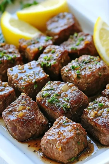 To make garlic butter steak bites, gather these key ingredients: - 1 lb beef sirloin, cut into 1-inch cubes - 4 tablespoons unsalted butter - 4 cloves garlic, minced - 1 teaspoon fresh rosemary, chopped - 1 teaspoon fresh thyme leaves - Salt and pepper to taste - Fresh parsley, chopped (for garnish) - Lemon wedges (for serving) These ingredients come together to create a dish that is both rich and flavorful. The beef sirloin offers a tender bite, while the garlic and herbs bring a burst of taste. You can add more flair with optional seasonings and garnishes: - A pinch of red pepper flakes for heat - A splash of Worcestershire sauce for depth - Grated Parmesan cheese for a savory finish These options let you customize the dish to your liking. Feel free to experiment and find what works best for you. While sirloin is great, you can try other cuts for varied flavor: - Ribeye for a fattier, more flavorful bite - Tenderloin for a melt-in-your-mouth experience - Flank steak for a leaner, chewier texture Choosing the right cut can elevate your dish. Each type of steak brings its own unique taste and texture, so pick one that fits your preference. {{ingredient_image_1}} Start by cutting 1 pound of beef sirloin into 1-inch cubes. This size helps the meat cook evenly. Next, season the cubes with salt and pepper. Be generous! This step adds flavor to every bite. Set the beef aside while you heat the skillet. Heat 2 tablespoons of unsalted butter in a large skillet over medium-high heat. Wait until the butter is sizzling. Then, add the beef cubes in a single layer. If your pan is small, cook in batches. Sear the meat for 2-3 minutes on each side. You want a nice brown crust. Once done, remove the steak bites from the pan and set them aside. In the same skillet, lower the heat to medium. Add the remaining 2 tablespoons of butter. Then, add 4 minced garlic cloves, 1 teaspoon of chopped rosemary, and 1 teaspoon of thyme leaves. Sauté for 1-2 minutes. Watch the garlic closely so it does not burn. When the kitchen smells great, return the steak bites to the skillet. Toss them in the garlic butter sauce to coat. Cook for an additional 1-2 minutes to heat everything through. Serve right away, garnished with chopped parsley and lemon wedges on the side. Enjoy your meal! To get tender steak bites, start with good quality beef. I prefer sirloin because it is juicy and flavorful. Cut the beef into 1-inch cubes to help it cook evenly. When you sear, make sure your pan is hot. This helps to lock in the juices. Sear for 2-3 minutes on each side. This gives a nice crust while keeping the inside tender. To avoid overcooking, keep an eye on the time. Use a meat thermometer if you have one. For medium-rare, aim for 130°F. Remove the steak from the pan when it's a bit underdone. It will continue to cook when you let it rest. If you work in batches, it helps keep the heat up. Don't crowd the pan; this keeps the temperature steady. Garlic can burn easily, so be careful. After cooking the steak, lower the heat before adding garlic. Add minced garlic to the melted butter and sauté for just 1-2 minutes. Stir often to keep it from sticking or burning. You want the garlic to become fragrant, not brown. This will give your steak bites a rich flavor. Pro Tips Rest the Meat: Allow the steak bites to rest for a few minutes after cooking. This helps the juices redistribute, ensuring a more flavorful and tender bite. High Heat Sear: Use high heat to sear the steak. This creates a nice crust, adding flavor and texture. Avoid moving the meat around too much while it's searing. Fresh Herbs Matter: Using fresh herbs like rosemary and thyme enhances the flavor of the garlic butter. Dried herbs can be a substitute but may not provide the same depth of flavor. Garnish Wisely: Finish with a sprinkle of fresh parsley for color and freshness. It brightens the dish and complements the rich garlic butter. {{image_2}} You can switch up the ingredients to add your own twist. Try using different herbs like oregano or basil. Instead of sirloin, use ribeye for a richer taste. You can also add some heat with red pepper flakes or a splash of hot sauce. For a smoky flavor, try adding smoked paprika. Each change can create a new flavor profile. Grilling gives a nice char to your steak bites. Preheat your grill to medium heat. Place the beef on skewers for easy flipping. Grill for 2-3 minutes on each side. Broiling is another great option. Set your oven to broil and place the steak bites on a baking sheet. Broil for about 3-4 minutes per side. Both methods add unique flavors to your dish. To elevate your garlic butter steak bites, serve them with different sides. Try creamy mashed potatoes or a fresh salad. You can also serve them with crusty bread to soak up the garlic butter sauce. For a fun twist, top with crumbled blue cheese or a drizzle of balsamic glaze. These options will make your meal even more exciting. After enjoying your garlic butter steak bites, store any leftovers in an airtight container. This keeps the flavors fresh and prevents the meat from drying out. Let the steak bites cool to room temperature before sealing them. Place the container in the fridge. They will stay good for up to three days. When you’re ready to enjoy leftovers, the best way to reheat them is in a skillet. Heat a little butter over medium heat. Add the steak bites and gently warm them. Stir occasionally to avoid burning. This method keeps the steak juicy and flavorful. You can also use a microwave, but it may dry out the meat. Heat on low power for 30 seconds at a time until warm. If you want to save steak bites for later, freezing works well. First, cool the bites completely. Then, place them in a freezer-safe bag. Remove as much air as possible to prevent freezer burn. Label the bag with the date. You can freeze them for up to three months. To thaw, move the bag to the fridge overnight. Reheat as mentioned above for the best taste. You can use cuts like ribeye or tenderloin. These cuts are tender and flavorful. They work great for steak bites. You can also try flank steak or sirloin tip. They are tasty too, but may need a little more care when cooking. Yes, you can prepare the steak bites ahead. Cook them and store in the fridge. They will keep for about three days. Just reheat before serving. You can also make the garlic butter ahead. Store it in the fridge and warm it up when ready. Many sides go well with steak bites. You can serve them with mashed potatoes or rice. Roasted vegetables also make a great choice. A fresh salad adds a nice crunch. Garlic bread is always a hit too! To add spice, use crushed red pepper flakes. You can mix them into the garlic butter. Another option is to add sliced jalapeños when cooking. For a smoky flavor, try smoked paprika. Adjust the spice to your taste for the best flavor! Garlic butter steak bites are easy and fun to make. You learned about key ingredients, cooking steps, and tips to avoid mistakes. I explained how to customize flavors and serve them well. Proper storage ensures you can enjoy leftovers later. Remember, great meals come from simple steps and a bit of care. Try these methods and have delicious steak bites ready to impress. Happy cooking!