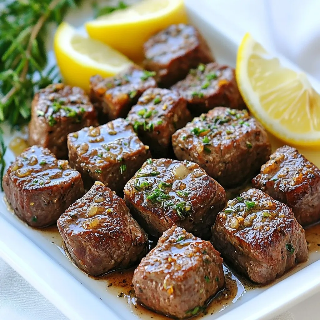 To make garlic butter steak bites, gather these key ingredients: - 1 lb beef sirloin, cut into 1-inch cubes - 4 tablespoons unsalted butter - 4 cloves garlic, minced - 1 teaspoon fresh rosemary, chopped - 1 teaspoon fresh thyme leaves - Salt and pepper to taste - Fresh parsley, chopped (for garnish) - Lemon wedges (for serving) These ingredients come together to create a dish that is both rich and flavorful. The beef sirloin offers a tender bite, while the garlic and herbs bring a burst of taste. You can add more flair with optional seasonings and garnishes: - A pinch of red pepper flakes for heat - A splash of Worcestershire sauce for depth - Grated Parmesan cheese for a savory finish These options let you customize the dish to your liking. Feel free to experiment and find what works best for you. While sirloin is great, you can try other cuts for varied flavor: - Ribeye for a fattier, more flavorful bite - Tenderloin for a melt-in-your-mouth experience - Flank steak for a leaner, chewier texture Choosing the right cut can elevate your dish. Each type of steak brings its own unique taste and texture, so pick one that fits your preference. {{ingredient_image_1}} Start by cutting 1 pound of beef sirloin into 1-inch cubes. This size helps the meat cook evenly. Next, season the cubes with salt and pepper. Be generous! This step adds flavor to every bite. Set the beef aside while you heat the skillet. Heat 2 tablespoons of unsalted butter in a large skillet over medium-high heat. Wait until the butter is sizzling. Then, add the beef cubes in a single layer. If your pan is small, cook in batches. Sear the meat for 2-3 minutes on each side. You want a nice brown crust. Once done, remove the steak bites from the pan and set them aside. In the same skillet, lower the heat to medium. Add the remaining 2 tablespoons of butter. Then, add 4 minced garlic cloves, 1 teaspoon of chopped rosemary, and 1 teaspoon of thyme leaves. Sauté for 1-2 minutes. Watch the garlic closely so it does not burn. When the kitchen smells great, return the steak bites to the skillet. Toss them in the garlic butter sauce to coat. Cook for an additional 1-2 minutes to heat everything through. Serve right away, garnished with chopped parsley and lemon wedges on the side. Enjoy your meal! To get tender steak bites, start with good quality beef. I prefer sirloin because it is juicy and flavorful. Cut the beef into 1-inch cubes to help it cook evenly. When you sear, make sure your pan is hot. This helps to lock in the juices. Sear for 2-3 minutes on each side. This gives a nice crust while keeping the inside tender. To avoid overcooking, keep an eye on the time. Use a meat thermometer if you have one. For medium-rare, aim for 130°F. Remove the steak from the pan when it's a bit underdone. It will continue to cook when you let it rest. If you work in batches, it helps keep the heat up. Don't crowd the pan; this keeps the temperature steady. Garlic can burn easily, so be careful. After cooking the steak, lower the heat before adding garlic. Add minced garlic to the melted butter and sauté for just 1-2 minutes. Stir often to keep it from sticking or burning. You want the garlic to become fragrant, not brown. This will give your steak bites a rich flavor. Pro Tips Rest the Meat: Allow the steak bites to rest for a few minutes after cooking. This helps the juices redistribute, ensuring a more flavorful and tender bite. High Heat Sear: Use high heat to sear the steak. This creates a nice crust, adding flavor and texture. Avoid moving the meat around too much while it's searing. Fresh Herbs Matter: Using fresh herbs like rosemary and thyme enhances the flavor of the garlic butter. Dried herbs can be a substitute but may not provide the same depth of flavor. Garnish Wisely: Finish with a sprinkle of fresh parsley for color and freshness. It brightens the dish and complements the rich garlic butter. {{image_2}} You can switch up the ingredients to add your own twist. Try using different herbs like oregano or basil. Instead of sirloin, use ribeye for a richer taste. You can also add some heat with red pepper flakes or a splash of hot sauce. For a smoky flavor, try adding smoked paprika. Each change can create a new flavor profile. Grilling gives a nice char to your steak bites. Preheat your grill to medium heat. Place the beef on skewers for easy flipping. Grill for 2-3 minutes on each side. Broiling is another great option. Set your oven to broil and place the steak bites on a baking sheet. Broil for about 3-4 minutes per side. Both methods add unique flavors to your dish. To elevate your garlic butter steak bites, serve them with different sides. Try creamy mashed potatoes or a fresh salad. You can also serve them with crusty bread to soak up the garlic butter sauce. For a fun twist, top with crumbled blue cheese or a drizzle of balsamic glaze. These options will make your meal even more exciting. After enjoying your garlic butter steak bites, store any leftovers in an airtight container. This keeps the flavors fresh and prevents the meat from drying out. Let the steak bites cool to room temperature before sealing them. Place the container in the fridge. They will stay good for up to three days. When you’re ready to enjoy leftovers, the best way to reheat them is in a skillet. Heat a little butter over medium heat. Add the steak bites and gently warm them. Stir occasionally to avoid burning. This method keeps the steak juicy and flavorful. You can also use a microwave, but it may dry out the meat. Heat on low power for 30 seconds at a time until warm. If you want to save steak bites for later, freezing works well. First, cool the bites completely. Then, place them in a freezer-safe bag. Remove as much air as possible to prevent freezer burn. Label the bag with the date. You can freeze them for up to three months. To thaw, move the bag to the fridge overnight. Reheat as mentioned above for the best taste. You can use cuts like ribeye or tenderloin. These cuts are tender and flavorful. They work great for steak bites. You can also try flank steak or sirloin tip. They are tasty too, but may need a little more care when cooking. Yes, you can prepare the steak bites ahead. Cook them and store in the fridge. They will keep for about three days. Just reheat before serving. You can also make the garlic butter ahead. Store it in the fridge and warm it up when ready. Many sides go well with steak bites. You can serve them with mashed potatoes or rice. Roasted vegetables also make a great choice. A fresh salad adds a nice crunch. Garlic bread is always a hit too! To add spice, use crushed red pepper flakes. You can mix them into the garlic butter. Another option is to add sliced jalapeños when cooking. For a smoky flavor, try smoked paprika. Adjust the spice to your taste for the best flavor! Garlic butter steak bites are easy and fun to make. You learned about key ingredients, cooking steps, and tips to avoid mistakes. I explained how to customize flavors and serve them well. Proper storage ensures you can enjoy leftovers later. Remember, great meals come from simple steps and a bit of care. Try these methods and have delicious steak bites ready to impress. Happy cooking!