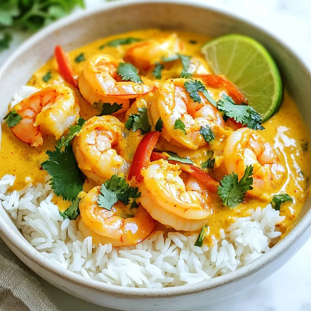 To make a tasty creamy Thai shrimp curry, you need a few key items: - 1 lb (450g) shrimp, peeled and deveined - 2 tablespoons coconut oil - 1 onion, finely chopped - 3 cloves garlic, minced - 1 tablespoon ginger, grated - 2 tablespoons red curry paste - 1 can (14 oz) coconut milk - 1 cup vegetable broth - 1 tablespoon fish sauce (or soy sauce for a vegetarian option) - 2 tablespoons brown sugar - 1 red bell pepper, sliced - 1 cup snap peas - Juice of 1 lime - Fresh cilantro for garnish - Jasmine rice, for serving Each ingredient adds a unique flavor. The shrimp gives protein, while coconut milk adds creaminess. Red curry paste brings heat and depth, making the dish vibrant and exciting. Feel free to play around with the recipe. Here are some optional ingredients you might add: - Sliced carrots for sweetness - Spinach or kale for extra greens - Chopped chili for more heat Adding these ingredients can change the taste and texture. You can make it your own while keeping its core flavor. This recipe is flexible for different diets. Here are some substitutions: - Use tofu instead of shrimp for a vegetarian option. - Swap coconut milk with almond milk for a lighter version. - Replace fish sauce with tamari for a gluten-free option. These swaps allow you to enjoy the dish without giving up on your dietary needs. You can make tasty adjustments while staying true to the essence of creamy Thai shrimp curry. {{ingredient_image_1}} Start by gathering all your ingredients. You need: - 1 lb (450g) shrimp, peeled and deveined - 2 tablespoons coconut oil - 1 onion, finely chopped - 3 cloves garlic, minced - 1 tablespoon ginger, grated - 2 tablespoons red curry paste - 1 can (14 oz) coconut milk - 1 cup vegetable broth - 1 tablespoon fish sauce - 2 tablespoons brown sugar - 1 red bell pepper, sliced - 1 cup snap peas - Juice of 1 lime - Fresh cilantro for garnish - Jasmine rice for serving Heat the coconut oil in a large pot or skillet over medium heat. Add the chopped onion. Sauté for about 3-4 minutes or until the onion softens. Next, stir in the minced garlic and grated ginger. Cook for 1-2 minutes until you smell that nice aroma. Now, add the red curry paste. Mix it well with the onion, garlic, and ginger. Cook this for another minute to get all the flavors together. It’s time to add the liquids. Pour in the coconut milk and vegetable broth. Stir everything well to combine. Now, add the fish sauce and brown sugar. Mix again and let it simmer for about 5 minutes. Next, add the shrimp to the pot. Cook them for 3-5 minutes until they turn pink and opaque. This is when the shrimp become tender. Now, toss in the sliced red bell pepper and snap peas. Cook for an additional 2-3 minutes. You want the veggies to stay crisp and colorful. Squeeze the lime juice into the curry. Stir well and taste. If it needs more flavor, adjust with extra fish sauce or brown sugar. Serve your creamy Thai shrimp curry over warm jasmine rice. Top it with fresh cilantro for a pop of color and flavor. Enjoy your delicious meal! To make the best creamy Thai shrimp curry, you need a good balance of flavors. Start with the right mix of spicy and sweet. The red curry paste gives heat, while brown sugar adds sweetness. Taste as you cook. Adjust with more fish sauce for saltiness or sugar for sweetness. This way, you create a dish that sings. Cooking shrimp can be tricky. Overcook them, and they turn tough. Undercook them, and they can be unsafe. To cook shrimp just right, add them to the pot last. Cook them for 3 to 5 minutes, until they become pink and opaque. This method ensures they stay tender and juicy. Fresh herbs can elevate your curry. Cilantro is a great choice for topping. It adds a burst of freshness. You can also try Thai basil for a different flavor. Add the herbs at the end to keep their taste bright. This simple step makes your dish even more enjoyable. Pro Tips Fresh Shrimp is Best: Use fresh or high-quality frozen shrimp for the best flavor and texture. Avoid overcooking them to maintain tenderness. Adjust Spice Level: Modify the amount of red curry paste to suit your taste. Start with less if you're sensitive to heat and add more as needed. Perfect Coconut Cream: For a richer curry, refrigerate the can of coconut milk overnight and use the thick cream at the top, mixing it in at the end for an extra creamy texture. Garnish for Freshness: Always garnish with fresh cilantro and lime juice just before serving to enhance the flavors and add a burst of freshness. {{image_2}} You can easily make this dish vegetarian or vegan. Instead of shrimp, use tofu or tempeh. Firm tofu works best as it holds its shape during cooking. You can also add chickpeas for extra protein. For the fish sauce, swap it with soy sauce or tamari. This keeps the flavor while making it plant-based. Want more heat? Add sliced fresh chilies or a dash of chili flakes. Adjust the red curry paste amount to your liking. Start with a small amount, then taste as you cook. If you want less heat, use less red curry paste. You can also add coconut sugar to balance the spice. Feel free to add more veggies for color and crunch. Broccoli, carrots, or zucchini are great choices. Just chop them small so they cook quickly. For extra protein, consider adding cooked chicken or fish. Adjust the cooking time based on the protein you choose. Enjoy experimenting with flavors and textures in this creamy Thai shrimp curry! To store your creamy Thai shrimp curry, let it cool down first. Then, place it in an airtight container. You can store it in the fridge for up to three days. The flavors will get better as it sits. Make sure to keep it away from strong-smelling foods. When you’re ready to eat your leftovers, heat them gently. You can use a pot on the stove or a microwave. If using the stove, warm it over low heat. Stir often to keep it from sticking. For the microwave, place it in a bowl and cover it. Heat for one to two minutes, checking often. If you want to keep the curry longer, freezing is a great option. Pour the cooled curry into a freezer-safe container. Leave some space at the top for expansion. It can last up to three months in the freezer. To use it, thaw in the fridge overnight before reheating. The best shrimp for Thai curry are large and fresh. Look for shrimp that are labeled as "wild-caught" or "fresh." The size helps them cook evenly. You can also use frozen shrimp if fresh is not available. Just make sure they are peeled and deveined before cooking. Yes, you can make this curry ahead of time. Cook the curry and let it cool. Store it in an airtight container in the fridge. It will stay fresh for up to three days. Just reheat it on the stove or in the microwave. Add a splash of coconut milk if it thickens. To make the curry less spicy, reduce the amount of red curry paste. Start with one teaspoon and taste it. You can also add more coconut milk. This will tone down the heat. Adding a bit of brown sugar can also help balance the spice. Enjoy the flavors without the burn! In this blog post, I covered the key ingredients for creamy Thai shrimp curry and how to customize it to fit your needs. I shared step-by-step instructions, tips for perfecting flavors, and variations for different diets. Storing leftovers and reheating tips ensure your meal stays tasty. Remember, you can adjust the spice and add extra veggies. With these insights, make a delightful dish that suits your taste. Enjoy your cooking journey and share your curry success with friends!