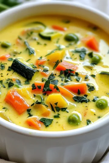 To make this creamy garden vegetable soup, gather these ingredients: - 1 tablespoon olive oil - 1 medium onion, chopped - 2 cloves garlic, minced - 2 medium carrots, diced - 1 medium zucchini, diced - 1 bell pepper, chopped (any color) - 1 cup green beans, trimmed and cut into 1-inch pieces - 4 cups vegetable broth - 1 cup whole milk or a plant-based alternative - 1 cup heavy cream - 1 teaspoon dried thyme - 1 teaspoon dried basil - Salt and pepper to taste - 1 cup fresh spinach, chopped - Chopped parsley for garnish If you want a dairy-free soup, use these options: - Substitute whole milk with almond milk, oat milk, or coconut milk. - Replace heavy cream with coconut cream or a thick cashew cream. These choices keep the soup creamy without dairy. Fresh herbs add bright flavor, while dried herbs offer convenience. Here’s how they compare: - Fresh Herbs: Use them for a vibrant taste. You can add them at the end of cooking. - Dried Herbs: They work well for longer cooking times. Add them early to allow their flavors to bloom. For this soup, I suggest using dried thyme and basil during cooking, but feel free to toss in some fresh herbs before serving. This way, you get the best of both worlds! {{ingredient_image_1}} Start by gathering your fresh veggies. Use a sharp knife to chop the onion. Mince the garlic with care. Dice the carrots and zucchini into small pieces. Chop the bell pepper into cubes. Trim the green beans and cut them into one-inch pieces. Fresh spinach adds color and taste, so chop that too. This mix of vegetables gives the soup great flavor and nutrition. In a large pot, heat one tablespoon of olive oil over medium heat. Once hot, add the chopped onion and minced garlic. Sauté them until the onion turns clear, which takes about five minutes. Now, stir in the diced carrots, zucchini, bell pepper, and green beans. Cook these for five to seven more minutes. Stir occasionally, so they don’t burn. When they soften, it’s time to add four cups of vegetable broth. Bring it to a boil, then reduce the heat. Let it simmer for about 15 minutes until the veggies are tender. After the vegetables soften, it’s blending time. Use an immersion blender to puree the soup until it’s smooth. If you don’t have one, carefully pour the soup into a stand blender in small batches. Blend until creamy. This step makes the soup rich and velvety. Once blended, pour the soup back into the pot if using a stand blender. Now stir in one cup of whole milk and one cup of heavy cream. Mix well to combine. Add one teaspoon of dried thyme and one teaspoon of dried basil for flavor. Season with salt and pepper to your taste. Let it simmer on low heat for five minutes to warm it through. Just before serving, stir in the fresh chopped spinach, so it wilts slightly. Ladle the soup into bowls, sprinkle with chopped parsley, and serve hot. Enjoy your creamy garden vegetable soup! To get a smooth and creamy soup, use an immersion blender. This tool helps blend the soup right in the pot. If you don’t have one, carefully pour the soup into a stand blender. Blend in small batches to avoid spills. Blend until the soup is silky. Adding whole milk and heavy cream boosts the creaminess. Stir these in after blending. This gives the soup a rich feel. Store leftover soup in an airtight container. It lasts about three to four days in the fridge. For longer storage, freeze the soup. Use freezer-safe bags or containers. Leave some space for the soup to expand as it freezes. When reheating, do it slowly over low heat. Stir often to keep it from sticking to the pot. If the soup thickens too much, add a splash of broth or milk. Here are some tools that make this recipe easier: - Large pot for cooking the soup - Immersion blender for a smooth texture - Chopping knife and cutting board for veggies - Measuring cups and spoons for accuracy - Ladle for serving the soup Using these tools will help you create a tasty and creamy garden vegetable soup. Pro Tips Use Fresh Herbs: Fresh herbs can elevate the flavor of your soup. Consider adding fresh thyme or basil at the end for a burst of freshness. Adjust Creaminess: If you prefer a lighter soup, you can reduce the amount of heavy cream or substitute with more vegetable broth or a plant-based alternative. Incorporate Seasonal Veggies: Feel free to swap in seasonal vegetables to make the soup more vibrant and tailored to what you have on hand. Blend to Preference: If you like some texture, only partially blend the soup, leaving some chunks of vegetables for added bite. {{image_2}} To make your creamy garden vegetable soup heartier, consider adding protein. You can stir in cooked chicken, turkey, or shrimp. For a vegetarian option, add chickpeas or white beans. These proteins boost the soup's nutrition and flavor. They also make it a full meal. Cook the protein separately and add it just before serving. This keeps the texture nice. Using seasonal vegetables makes your soup fresh and vibrant. In spring, add asparagus or peas for sweetness. Summer brings tomatoes and corn, which add a juicy flavor. Fall vegetables like squash or pumpkins offer warmth. Winter vegetables like kale or root veggies like parsnips give depth. Adjust your ingredients based on what is fresh and available in your area. This keeps your soup exciting and full of flavor. You can change the flavor of your soup with simple tweaks. For a spicy kick, add red pepper flakes or a dash of hot sauce. For an earthy taste, try adding smoked paprika. If you want an Asian twist, add ginger and a splash of soy sauce. You can also play with fresh herbs. Basil or cilantro can brighten up the soup. Each change gives your soup a new personality. One serving of creamy garden vegetable soup contains about 350 calories. This total includes calories from olive oil, vegetables, milk, and cream. The soup is hearty yet light, making it a great option for lunch or dinner. This soup is vegetarian-friendly. You can easily make it gluten-free by using gluten-free vegetable broth. For those avoiding dairy, you can swap whole milk and heavy cream for plant-based alternatives like almond or coconut milk. These changes keep the soup creamy and delicious. - Vegetables: Packed with vitamins and minerals, the carrots, zucchini, and spinach boost your health. - Olive Oil: This healthy fat is good for your heart. - Garlic: It has antioxidant properties and can help boost your immune system. - Thyme and Basil: These herbs add flavor and offer anti-inflammatory benefits. Each ingredient plays a role in making this soup not just tasty but also nutritious. Enjoying this soup can be a step toward healthier eating habits. To make creamy garden vegetable soup vegan, swap the dairy. Use a plant-based milk instead of whole milk. Coconut or almond milk works well. Replace heavy cream with a vegan cream or more plant milk. This keeps the soup rich and creamy while avoiding animal products. Yes, you can freeze this soup. Let it cool completely first. Pour it into freezer-safe containers. Leave some space at the top for expansion. It can stay in the freezer for up to three months. When ready to eat, thaw it in the fridge overnight. Reheat it on the stove over low heat. This soup pairs well with many sides. Try serving it with crusty bread or a fresh salad. Grilled cheese sandwiches are also a great choice. For a light touch, add some fresh herbs or a sprinkle of cheese on top. These additions make your meal even more delightful. This blog post shared a complete guide to making creamy garden vegetable soup. We covered ingredient lists, cooking steps, and helpful tips for perfecting your dish. I also shared ways to customize the soup to your taste and nutritional needs. Remember, cooking is about creativity and enjoyment. Experiment and make this recipe your own. Enjoy the warmth and flavors of your homemade soup!