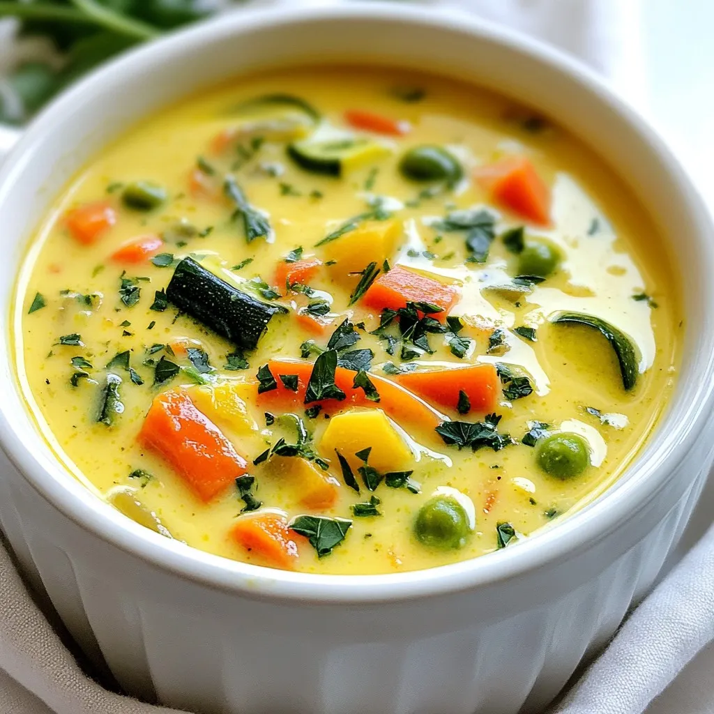 To make this creamy garden vegetable soup, gather these ingredients: - 1 tablespoon olive oil - 1 medium onion, chopped - 2 cloves garlic, minced - 2 medium carrots, diced - 1 medium zucchini, diced - 1 bell pepper, chopped (any color) - 1 cup green beans, trimmed and cut into 1-inch pieces - 4 cups vegetable broth - 1 cup whole milk or a plant-based alternative - 1 cup heavy cream - 1 teaspoon dried thyme - 1 teaspoon dried basil - Salt and pepper to taste - 1 cup fresh spinach, chopped - Chopped parsley for garnish If you want a dairy-free soup, use these options: - Substitute whole milk with almond milk, oat milk, or coconut milk. - Replace heavy cream with coconut cream or a thick cashew cream. These choices keep the soup creamy without dairy. Fresh herbs add bright flavor, while dried herbs offer convenience. Here’s how they compare: - Fresh Herbs: Use them for a vibrant taste. You can add them at the end of cooking. - Dried Herbs: They work well for longer cooking times. Add them early to allow their flavors to bloom. For this soup, I suggest using dried thyme and basil during cooking, but feel free to toss in some fresh herbs before serving. This way, you get the best of both worlds! {{ingredient_image_1}} Start by gathering your fresh veggies. Use a sharp knife to chop the onion. Mince the garlic with care. Dice the carrots and zucchini into small pieces. Chop the bell pepper into cubes. Trim the green beans and cut them into one-inch pieces. Fresh spinach adds color and taste, so chop that too. This mix of vegetables gives the soup great flavor and nutrition. In a large pot, heat one tablespoon of olive oil over medium heat. Once hot, add the chopped onion and minced garlic. Sauté them until the onion turns clear, which takes about five minutes. Now, stir in the diced carrots, zucchini, bell pepper, and green beans. Cook these for five to seven more minutes. Stir occasionally, so they don’t burn. When they soften, it’s time to add four cups of vegetable broth. Bring it to a boil, then reduce the heat. Let it simmer for about 15 minutes until the veggies are tender. After the vegetables soften, it’s blending time. Use an immersion blender to puree the soup until it’s smooth. If you don’t have one, carefully pour the soup into a stand blender in small batches. Blend until creamy. This step makes the soup rich and velvety. Once blended, pour the soup back into the pot if using a stand blender. Now stir in one cup of whole milk and one cup of heavy cream. Mix well to combine. Add one teaspoon of dried thyme and one teaspoon of dried basil for flavor. Season with salt and pepper to your taste. Let it simmer on low heat for five minutes to warm it through. Just before serving, stir in the fresh chopped spinach, so it wilts slightly. Ladle the soup into bowls, sprinkle with chopped parsley, and serve hot. Enjoy your creamy garden vegetable soup! To get a smooth and creamy soup, use an immersion blender. This tool helps blend the soup right in the pot. If you don’t have one, carefully pour the soup into a stand blender. Blend in small batches to avoid spills. Blend until the soup is silky. Adding whole milk and heavy cream boosts the creaminess. Stir these in after blending. This gives the soup a rich feel. Store leftover soup in an airtight container. It lasts about three to four days in the fridge. For longer storage, freeze the soup. Use freezer-safe bags or containers. Leave some space for the soup to expand as it freezes. When reheating, do it slowly over low heat. Stir often to keep it from sticking to the pot. If the soup thickens too much, add a splash of broth or milk. Here are some tools that make this recipe easier: - Large pot for cooking the soup - Immersion blender for a smooth texture - Chopping knife and cutting board for veggies - Measuring cups and spoons for accuracy - Ladle for serving the soup Using these tools will help you create a tasty and creamy garden vegetable soup. Pro Tips Use Fresh Herbs: Fresh herbs can elevate the flavor of your soup. Consider adding fresh thyme or basil at the end for a burst of freshness. Adjust Creaminess: If you prefer a lighter soup, you can reduce the amount of heavy cream or substitute with more vegetable broth or a plant-based alternative. Incorporate Seasonal Veggies: Feel free to swap in seasonal vegetables to make the soup more vibrant and tailored to what you have on hand. Blend to Preference: If you like some texture, only partially blend the soup, leaving some chunks of vegetables for added bite. {{image_2}} To make your creamy garden vegetable soup heartier, consider adding protein. You can stir in cooked chicken, turkey, or shrimp. For a vegetarian option, add chickpeas or white beans. These proteins boost the soup's nutrition and flavor. They also make it a full meal. Cook the protein separately and add it just before serving. This keeps the texture nice. Using seasonal vegetables makes your soup fresh and vibrant. In spring, add asparagus or peas for sweetness. Summer brings tomatoes and corn, which add a juicy flavor. Fall vegetables like squash or pumpkins offer warmth. Winter vegetables like kale or root veggies like parsnips give depth. Adjust your ingredients based on what is fresh and available in your area. This keeps your soup exciting and full of flavor. You can change the flavor of your soup with simple tweaks. For a spicy kick, add red pepper flakes or a dash of hot sauce. For an earthy taste, try adding smoked paprika. If you want an Asian twist, add ginger and a splash of soy sauce. You can also play with fresh herbs. Basil or cilantro can brighten up the soup. Each change gives your soup a new personality. One serving of creamy garden vegetable soup contains about 350 calories. This total includes calories from olive oil, vegetables, milk, and cream. The soup is hearty yet light, making it a great option for lunch or dinner. This soup is vegetarian-friendly. You can easily make it gluten-free by using gluten-free vegetable broth. For those avoiding dairy, you can swap whole milk and heavy cream for plant-based alternatives like almond or coconut milk. These changes keep the soup creamy and delicious. - Vegetables: Packed with vitamins and minerals, the carrots, zucchini, and spinach boost your health. - Olive Oil: This healthy fat is good for your heart. - Garlic: It has antioxidant properties and can help boost your immune system. - Thyme and Basil: These herbs add flavor and offer anti-inflammatory benefits. Each ingredient plays a role in making this soup not just tasty but also nutritious. Enjoying this soup can be a step toward healthier eating habits. To make creamy garden vegetable soup vegan, swap the dairy. Use a plant-based milk instead of whole milk. Coconut or almond milk works well. Replace heavy cream with a vegan cream or more plant milk. This keeps the soup rich and creamy while avoiding animal products. Yes, you can freeze this soup. Let it cool completely first. Pour it into freezer-safe containers. Leave some space at the top for expansion. It can stay in the freezer for up to three months. When ready to eat, thaw it in the fridge overnight. Reheat it on the stove over low heat. This soup pairs well with many sides. Try serving it with crusty bread or a fresh salad. Grilled cheese sandwiches are also a great choice. For a light touch, add some fresh herbs or a sprinkle of cheese on top. These additions make your meal even more delightful. This blog post shared a complete guide to making creamy garden vegetable soup. We covered ingredient lists, cooking steps, and helpful tips for perfecting your dish. I also shared ways to customize the soup to your taste and nutritional needs. Remember, cooking is about creativity and enjoyment. Experiment and make this recipe your own. Enjoy the warmth and flavors of your homemade soup!