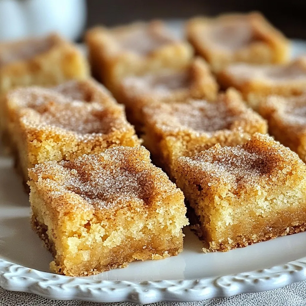 - 1 cup unsalted butter, melted - 1 cup brown sugar, packed - ½ cup granulated sugar - 2 large eggs - 2 teaspoons vanilla extract - 2 cups all-purpose flour - 1 teaspoon baking powder - ½ teaspoon baking soda - ½ teaspoon salt - 2 teaspoons cinnamon - ¼ cup granulated sugar (for topping) - 1 tablespoon ground cinnamon (for topping) When you gather the ingredients for cinnamon sugar blondies, each one plays a key role. The melted butter adds richness and moisture. Brown sugar gives that deep, caramel flavor. Granulated sugar balances sweetness and helps the blondies rise. The eggs bind the mix and add structure. Vanilla extract gives a warm aroma that pairs well with cinnamon. All-purpose flour creates the base, while baking powder and baking soda help them rise just right. Salt is essential. It enhances the flavors and balances sweetness. Finally, cinnamon is the star. It adds warmth and a cozy touch. The topping of cinnamon sugar adds a sweet crunch that you will love. Each ingredient matters. Together, they create a treat that is easy and delicious. Enjoy the simple joy of baking these blondies at home! {{ingredient_image_1}} 1. First, preheat your oven to 350°F (175°C). This step is key for even baking. 2. Next, grease a 9x13-inch baking pan. You can also line it with parchment paper. 3. In a large bowl, combine 1 cup of melted butter, 1 cup of brown sugar, and ½ cup of granulated sugar. Stir until it's smooth and well-mixed. 4. Now, add 2 large eggs, one at a time. Mix well after each egg. Then, stir in 2 teaspoons of vanilla extract. 1. In another bowl, whisk together 2 cups of all-purpose flour, 1 teaspoon of baking powder, ½ teaspoon of baking soda, ½ teaspoon of salt, and 2 teaspoons of cinnamon. This blend gives great flavor. 1. Gradually add the dry ingredients to the wet mixture. Stir gently until just combined. Be careful not to over-mix; it can make the blondies dense. 2. Pour the batter into the prepared pan. Use a spatula to spread it evenly. 3. In a small bowl, mix ¼ cup of granulated sugar with 1 tablespoon of ground cinnamon. Sprinkle this topping evenly over the batter. 1. Bake in the preheated oven for 20-25 minutes. To check if they are done, insert a toothpick into the center. It should come out clean. 2. Let the blondies cool in the pan for about 10 minutes. Then, move them to a wire rack to cool completely. To achieve the right texture, you want your blondies soft and chewy. Start by melting the butter. This gives them a rich flavor. Mix the butter with both sugars until smooth. This step is key for good blending. When you add eggs, do it one at a time. Mix well after each addition. This helps create a nice, fluffy batter. Be gentle when mixing in the dry ingredients. Stir until just combined. Over-mixing can make them tough. To slice and present your blondies, let them cool a bit first. Cut them into squares. Use a sharp knife for clean edges. Place them on a pretty plate for a nice touch. For extra flair, sprinkle some powdered sugar or cinnamon on top. You can also add toppings like nuts or chocolate chips. They bring extra texture and flavor. Serve warm with ice cream for a yummy treat. To keep blondies fresh, store them in an airtight container. This helps keep them soft. You can also place parchment paper between layers to avoid sticking. Blondies stay good for about a week at room temperature. For longer storage, you can freeze them. Wrap each blondie tightly in plastic wrap. Then place them in a freezer bag. They can last up to three months this way. Just thaw them at room temperature when you’re ready to enjoy! Pro Tips Butter Temperature: Make sure the melted butter has cooled slightly before mixing it with the sugars to prevent the eggs from scrambling. Mixing Technique: When combining the wet and dry ingredients, mix gently to maintain the blondies' soft and chewy texture. Baking Time: Check your blondies a few minutes before the suggested baking time, as ovens can vary, and you want them just set in the middle. Storage Tips: Store the blondies in an airtight container at room temperature to keep them fresh for up to a week. {{image_2}} You can make your cinnamon sugar blondies unique by adding chocolate chips or nuts. Chocolate chips bring a rich taste. I love using semi-sweet or dark chocolate for a nice contrast. Chopped nuts like pecans or walnuts add crunch. Simply fold them into the batter before pouring it into the pan. You can also switch up the spices. Instead of just cinnamon, try nutmeg or allspice for a warm flavor. Cardamom adds a floral note that pairs well with sweet treats. Mix and match to find what you love best. If you need a gluten-free option, use a gluten-free flour blend. Many brands work well in baking. Just make sure to follow the package instructions for best results. For those watching sugar intake, consider using sugar substitutes like stevia or monk fruit. These sweeteners can keep the blondies tasty without the extra calories. You may need to adjust the amount, so check the conversion ratio. For fall-inspired blondies, add pumpkin puree along with the spices. This gives a moist texture and a lovely autumn flavor. You could even stir in some chopped apples for added sweetness. During the holidays, think about using ginger or cloves. These spices can create a festive vibe. You could also top the blondies with a drizzle of icing made from powdered sugar and milk for a special treat. How do I know when blondies are done baking? Blondies are done when a toothpick comes out clean. Check them around 20 minutes. If it has wet batter, bake a bit longer. The edges will look set, but the center might still be soft. That’s perfect! Can I freeze blondies for later? Yes, you can freeze blondies. Once they cool, cut them into squares. Wrap each piece in plastic wrap and place them in a freezer bag. They can last up to three months. Just thaw them at room temperature when you’re ready to enjoy! What are the differences between blondies and brownies? Blondies are lighter and sweeter than brownies. They use brown sugar, which gives them a rich flavor. Brownies usually have cocoa powder or melted chocolate. This makes them darker and more fudgy. Both are delicious, but they offer different taste experiences. Can I use margarine instead of butter? You can use margarine, but it can change the taste. Butter adds a rich flavor that margarine may not match. If you’re out of butter, margarine works in a pinch. Just ensure it’s unsalted to keep the flavor balanced. What if I don’t have brown sugar? If you don’t have brown sugar, you can make your own. Mix one cup of granulated sugar with one tablespoon of molasses. This will mimic brown sugar’s taste and moisture. You can also use regular sugar, but the blondies will be less rich. How many servings does this recipe make? This recipe makes about 12 servings. You can cut the blondies into squares, making them easy to share. Each piece is a perfect treat for gatherings or a sweet snack at home. What is the estimated calorie count per serving? Each blondie has around 200 calories. This can vary based on the exact sizes you cut. They are a sweet indulgence, so enjoy them in moderation! - Prep Time: 15 minutes - Cook Time: 20-25 minutes - Total Time: 40 minutes - Servings: 12 Each blondie has about 200 calories. You get some carbs, fat, and protein. These blondies also have fiber from the flour. Cinnamon adds antioxidants, too! This treat is sweet and satisfying. I suggest taking mouthwatering photos of the blondies fresh from the oven. Show them cut into squares, arranged on a colorful plate. A video could show the mixing process or the final product being enjoyed. These visuals will make the recipe more appealing to readers! This blog post covered how to make tasty cinnamon sugar blondies. I shared the key ingredients, preparation steps, and tips to achieve the best texture. You learned about variations, serving suggestions, and how to store the blondies. Keep these points in mind for your baking journey. The process is simple, fun, and flexible. Enjoy making these delicious treats! Happy baking!