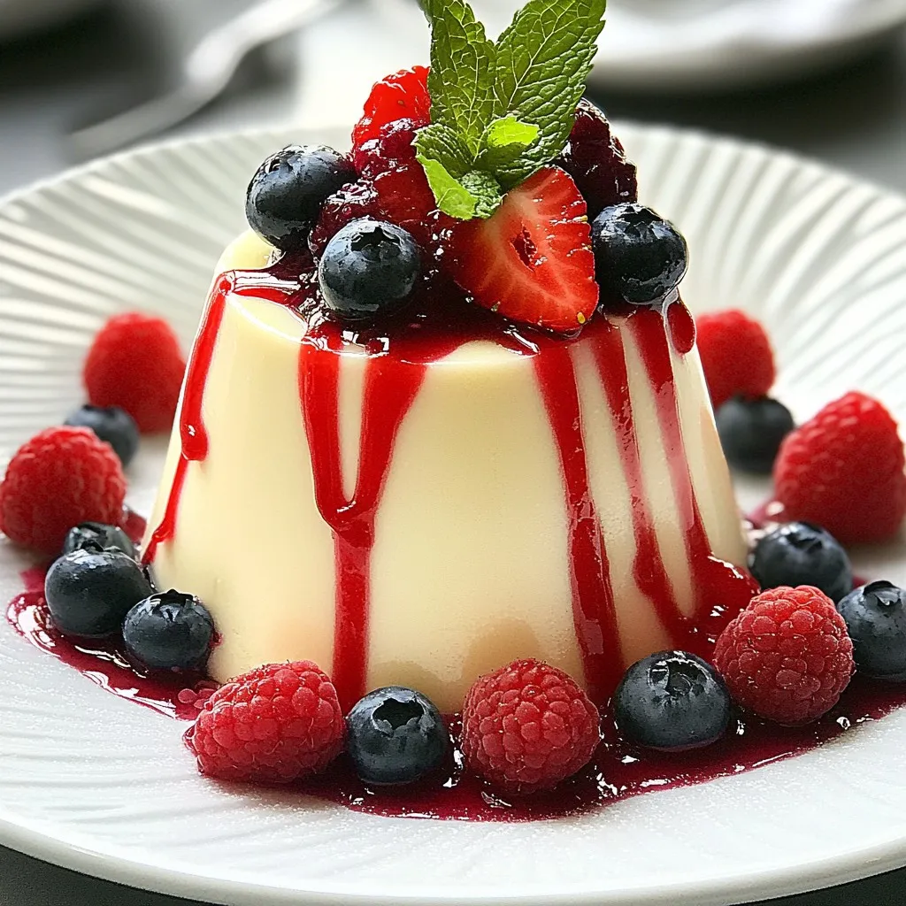 To make a dreamy vanilla panna cotta, you need a few key items: - 2 cups heavy cream - 1 cup whole milk - ¾ cup granulated sugar - 2 teaspoons pure vanilla extract - 1 packet (2 ¼ teaspoons) unflavored gelatin - 3 tablespoons cold water These ingredients work together to create a rich and creamy dessert. The heavy cream and whole milk give it a smooth texture. The sugar adds sweetness, while the vanilla brings a lovely flavor. For the berry compote, gather these fresh and vibrant items: - 1 cup mixed berries (strawberries, blueberries, raspberries) - 2 tablespoons honey - 1 tablespoon lemon juice This compote adds a fruity burst to your panna cotta. The berries bring color and natural sweetness. Honey and lemon juice balance the flavors perfectly. To make your panna cotta even more appealing, consider these garnishes: - Fresh mint leaves Adding mint not only looks great but also gives a fresh taste. You can also use extra berries or a dusting of powdered sugar if you like! {{ingredient_image_1}} To start, gather your ingredients. You need heavy cream, whole milk, sugar, and vanilla extract. In a medium saucepan, mix the heavy cream, whole milk, and sugar. Heat this mixture over medium heat. Stir until the sugar dissolves. Make sure it gets warm but does not boil. Once it’s warm, take it off the heat. Next, you need the gelatin. In a small bowl, sprinkle the gelatin over cold water. Let it sit for about 5 minutes. This lets the gelatin bloom. After it blooms, add the gelatin to the warm cream mixture. Stir until the gelatin fully dissolves. Now, mix in the vanilla extract. Pour this mixture into ramekins or a mold. Place them in the fridge for at least 4 hours. This time allows the panna cotta to set. While waiting for the panna cotta to set, let’s make the berry compote. Gather mixed berries, honey, and lemon juice. In a small saucepan, combine the berries, honey, and lemon juice. Cook this mixture over medium heat. Stir it gently for about 5 to 7 minutes. The berries will break down and thicken. Once it thickens, take it off the heat and let it cool. After the panna cotta sets, you are ready to serve. To remove it from the molds, briefly dip the bottom in warm water. Carefully invert it onto a plate. If you used ramekins, you can serve directly in them. Now, spoon a generous amount of berry compote on top. For a final touch, add fresh mint leaves as a garnish. This dessert not only tastes great but looks beautiful too! To get a creamy panna cotta, use quality heavy cream and whole milk. Heat these gently to avoid boiling. Boiling can ruin the smooth texture. When adding gelatin, let it bloom in cold water first. This step helps it dissolve well. Stir the gelatin mixture into the warm cream until fully mixed. Let it chill for at least four hours. This time allows it to set perfectly. One common mistake is not measuring the gelatin correctly. Too much gelatin makes it too firm. Too little leaves it too runny. Be sure to sprinkle it over cold water. Let it sit for five minutes. Another mistake is skipping the chilling time. Panna cotta needs time to firm up. Lastly, avoid boiling the cream mixture. This can cause it to curdle and change texture. To boost the flavor, use pure vanilla extract instead of imitation. You can also add a pinch of salt to balance the sweetness. For a stunning look, serve on a white plate. This makes the glossy panna cotta shine. Drizzle the berry compote artfully on top. Scatter fresh mint leaves around for a pop of color. This not only enhances taste but also makes the dish more appealing. Pro Tips Use Fresh Ingredients: For the best flavor, opt for fresh berries and high-quality vanilla extract. The freshness will enhance the overall taste of the panna cotta. Bloom Gelatin Properly: Ensure that the gelatin is fully bloomed before adding it to the warm mixture. This step is crucial for achieving a smooth, creamy texture. Chill Thoroughly: Allow the panna cotta to set in the refrigerator for at least 4 hours. For best results, overnight chilling is even better to achieve a perfect consistency. Serve with a Twist: Add a splash of citrus zest to the berry compote for an extra layer of flavor. Lemon or orange zest can brighten the dish and complement the sweetness. {{image_2}} You can easily change the flavor of panna cotta. Instead of vanilla, try using almond extract or coffee. You can even add citrus zest for a fresh twist. Infusing the cream with spices like cinnamon or cardamom also works well. Just remember to adjust the amount to keep the taste balanced. The berry compote can be made with many fruits. Instead of mixed berries, use peaches, cherries, or apples. Each fruit adds its own flavor. You can also mix different fruits for a unique taste. Just adjust the sugar based on the fruit's sweetness. This way, you create a compote that suits your palate. If you want a dairy-free or vegan panna cotta, use coconut cream or almond milk. Replace gelatin with agar-agar for a plant-based option. Follow the same steps as the original recipe, ensuring the agar-agar dissolves well. This approach gives you a creamy dessert that everyone can enjoy. To keep your panna cotta fresh, store it in the fridge. Use an airtight container. Cover the top with plastic wrap if you don’t have one. This prevents the panna cotta from absorbing odors. It will stay good for about 3 days. Remember, it’s best served cold. So, avoid leaving it out too long. For berry compote, let it cool first. Then, transfer it to a sealed jar or container. Store it in the fridge for up to a week. To reheat, place it in a small saucepan over low heat. Stir it gently until warm. You can also microwave it in short bursts, stirring in between. This keeps the flavors bright and fresh. Panna cotta has a short shelf life, about 3 days in the fridge. You can freeze it, but the texture may change. If you want to freeze, wrap it tightly in plastic wrap. Then place it in a freezer bag. It can last up to 2 months. To thaw, move it to the fridge overnight. Serve it chilled for the best taste. Yes, you can make panna cotta ahead of time. It actually tastes better when made a day before. Just prepare it and let it set in the fridge for at least 4 hours. You can store it in the fridge for up to 3 days. This way, you save time and stress when serving. Yes, panna cotta is gluten-free. It contains no flour or grains. The main ingredients are heavy cream, milk, sugar, and gelatin. All these ingredients are safe for those who avoid gluten. Always check labels if you buy pre-made products. If you want a lighter option, you can use half-and-half. It won’t be as rich, but it still works. Another option is coconut cream for a dairy-free version. Just chill a can of coconut milk and scoop out the thick part. This will give you a creamy texture and a nice flavor. In this post, we explored each step to make Vanilla Panna Cotta and berry compote. You learned about key ingredients, easy instructions, and tips for great texture. We also covered variations and storage methods to keep your dessert fresh. Remember, panna cotta is versatile and can fit your taste. With the right touches, you can wow your guests. Enjoy creating this beautiful dish that brings joy to any table. Your new dessert skills will impress everyone!