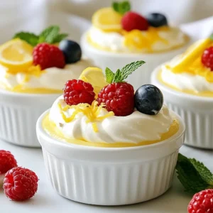 - 8 oz cream cheese, softened - 1 cup heavy whipping cream - ½ cup powdered sugar The cream cheese gives this mousse its rich and creamy base. Use full-fat cream cheese for the best taste. The heavy whipping cream adds a light and airy texture. It makes the mousse fluffy and delightful. The powdered sugar sweetens the mixture without adding graininess. - Zest of 1 lemon - ¼ cup fresh lemon juice - 1 teaspoon vanilla extract Lemon zest and juice brighten the flavor. They bring a fresh, tangy taste that balances the sweetness. The vanilla extract adds warmth and depth to the dessert. Together, these ingredients create a zesty and refreshing experience. - 1 teaspoon unflavored gelatin (for sturdiness) - 2 tablespoons water (if using gelatin) - Fresh berries and mint leaves for garnish Gelatin is great if you want a firmer mousse. It helps the mousse hold its shape better. Fresh berries and mint leaves make lovely garnishes. They add a pop of color and a hint of freshness. These options allow you to customize your dessert. {{ingredient_image_1}} To start, sprinkle the gelatin over 2 tablespoons of cold water. Let this sit for about 5 minutes. This step helps the gelatin bloom. After it blooms, gently heat it in the microwave for about 10 to 15 seconds. You want it to dissolve completely. Set the gelatin aside for later. In a large mixing bowl, beat 8 ounces of softened cream cheese with an electric mixer. Keep mixing until it is smooth and creamy. Next, add ½ cup of powdered sugar, the zest of one lemon, ¼ cup of fresh lemon juice, and 1 teaspoon of vanilla extract. Mix until everything blends well and is smooth. In another bowl, pour in 1 cup of heavy whipping cream. Whip it until soft peaks form. Be careful here; you do not want to overwhip. Overwhipping can make the cream grainy. Once you achieve soft peaks, gently fold this whipped cream into the cheesecake mixture. If you used gelatin, add it now and mix until smooth. Now, divide the mousse into serving glasses or cups. Make sure to cover them. Place them in the refrigerator for at least 2 hours. This cooling time allows the mousse to set properly. Before serving, you can garnish with fresh berries and mint leaves for a lovely touch. To get the best texture for your mousse, avoid overwhipping the cream. When you whip the cream, stop when you see soft peaks. This keeps the mousse light and fluffy. If you whip it too long, it can become grainy. Folding is key. When you mix the whipped cream into the cream cheese, use a gentle motion. Start at the bottom and lift the mixture over itself. This helps keep air in the mousse, making it airy and soft. If you want a zestier taste, add more lemon juice or zest. This will brighten the flavor and make each bite pop. You can also use different sweeteners. Try honey or maple syrup instead of powdered sugar for a unique twist. Serve the mousse in clear glasses to show off that beautiful texture. You can layer it with fresh berries for a fun look. For garnish, add mint leaves on top. This adds a splash of color and freshness to your dessert. Pro Tips Use Fresh Ingredients: Always opt for fresh lemon juice and zest to enhance the flavor of your mousse. Whip Cream Carefully: Avoid overwhipping the heavy cream; it should have soft peaks for a light and airy mousse. Chill for Best Texture: Letting the mousse chill for at least 2 hours will improve its texture and flavor. Optional Gelatin: Use gelatin if you prefer a sturdier mousse that holds its shape better when served. {{image_2}} To make a no-bake version, skip the gelatin. This will still yield a fluffy mousse. Simply whip the cream and fold it into the cream cheese mix. This method saves time and still tastes great. If you want a firmer texture, chill it longer. You can also place it in the freezer for about 30 minutes before serving. You can add fruits like strawberries or raspberries for a fresh taste. Just chop them up and fold them in gently. If you want something richer, try a chocolate lemon mousse. Melt some dark chocolate and mix it into the cream cheese base. This gives a nice twist to the classic flavor. For gluten-free options, all the ingredients are naturally gluten-free. Just check your labels to be sure. If you want a vegan option, use vegan cream cheese and coconut cream instead of heavy cream. This keeps the mousse creamy and delicious while meeting dietary needs. To keep your lemon cheesecake mousse fresh, refrigerate it right away. Place the mousse in an airtight container. If you do not have one, cover it tightly with plastic wrap. This keeps out air and prevents the mousse from absorbing other smells in the fridge. The mousse lasts about three days in the fridge. After that, the texture may change, and it may not taste as fresh. You should check for signs of spoilage. If you see any off smells or a watery layer on top, it’s time to toss it. You can freeze mousse, but the texture may change. If you want to freeze it, do so in an airtight container. To thaw, place it in the fridge overnight. This helps keep the texture smooth. Avoid thawing it in the microwave, as this can ruin the mousse. Yes, you can use low-fat cream cheese. However, the mousse may not be as rich or creamy. Low-fat cream cheese can alter the texture, making it less smooth. It might not whip up as well as full-fat cream cheese. The taste will still be good but less decadent. Let the mousse chill for at least 2 hours. This time allows the flavors to meld together. It helps create a nice, creamy texture. If you can wait longer, it can set even better. Just keep it covered in the fridge. If you want a vegan option, use agar-agar. This seaweed extract works well as a thickener. You can also use cornstarch or chia seeds. Mix them with a bit of water to achieve a similar texture. Follow the package instructions for best results. Yes, you can make this mousse a day ahead. Just store it in the fridge in covered containers. This will help the flavors develop more. When ready to serve, add your berries and mint for a fresh touch. This blog covers how to make a delicious lemon cheesecake mousse. You learned about key ingredients, from creamy bases to flavor boosters. Following simple steps, you can create the perfect texture and stunning presentation. Don’t forget to explore variations and storage tips to keep your mousse fresh. Embrace your creativity and enjoy making this treat. Each bite will remind you of sunny days. Now, go ahead and impress your friends and family with your new skills!