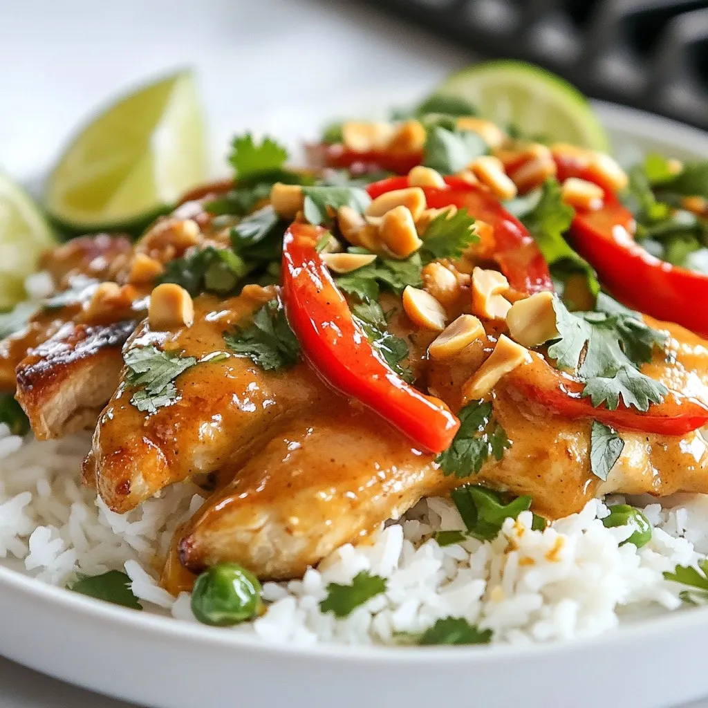 - 1 lb boneless, skinless chicken thighs, sliced into thin strips - 2 tablespoons vegetable oil - 1 red bell pepper, sliced - 1 cup sugar snap peas, trimmed - 2 cloves garlic, minced - 1 tablespoon fresh ginger, minced The main ingredients set the stage for a tasty stir-fry. Chicken thighs give great flavor and juiciness. Red bell pepper adds color and sweetness. Sugar snap peas bring a nice crunch. Garlic and ginger create a fragrant base that enhances the whole dish. - ¼ cup creamy peanut butter - 3 tablespoons soy sauce (low sodium) - 2 tablespoons honey or maple syrup - 2 tablespoons rice vinegar - 1 tablespoon sesame oil - 1 teaspoon chili paste (adjust for heat preference) Seasonings are key to this dish. Peanut butter gives a creamy texture and rich flavor. Soy sauce adds saltiness, while honey or maple syrup adds a hint of sweetness. Rice vinegar brightens the mix, and sesame oil adds depth. Chili paste introduces heat; adjust it to your taste. - ¼ cup roasted peanuts, chopped - Fresh cilantro, for garnish - Lime wedges, for serving Garnishes make the meal pop. Chopped roasted peanuts add crunch. Fresh cilantro brings a burst of freshness. Lime wedges give a zesty kick when squeezed over the dish. These touches elevate the stir-fry, making it visually appealing and flavorful. {{ingredient_image_1}} Start by slicing 1 pound of boneless, skinless chicken thighs into thin strips. Thin strips cook faster and stay tender. Heat 2 tablespoons of vegetable oil in a large skillet or wok over medium-high heat. Once hot, add the chicken. Stir-fry the chicken for about 5-7 minutes. You want it to be cooked through and lightly browned. When done, remove the chicken from the skillet and set it aside. This step ensures the chicken stays juicy. In the same skillet, add the sliced red bell pepper and sugar snap peas. You need about 1 cup of sugar snap peas and one red bell pepper. Stir-fry these for about 3-4 minutes. The goal is to keep them tender yet crisp. Then, add 2 minced garlic cloves and 1 tablespoon of minced fresh ginger. Stir these constantly for about 30 seconds until they smell great. This brings out the flavors in the dish. In a separate bowl, whisk together ¼ cup of creamy peanut butter, 3 tablespoons of low-sodium soy sauce, 2 tablespoons of honey or maple syrup, 2 tablespoons of rice vinegar, 1 tablespoon of sesame oil, and 1 teaspoon of chili paste. Mix until the sauce is smooth and well combined. This sauce adds richness and a touch of sweetness to your stir-fry. Return the cooked chicken to the skillet with the veggies. Pour the peanut sauce over the top. Stir well to coat everything evenly. Cook for another 2-3 minutes to heat everything through. Finally, remove it from the heat and stir in ¼ cup of chopped roasted peanuts. This adds a nice crunch. Serve the stir-fry hot, garnished with fresh cilantro and lime wedges on the side for zest. Enjoy your delicious meal! To get the best flavor in your Thai peanut chicken stir-fry, focus on fresh ingredients. Use ripe bell peppers and crisp snap peas. Fresh garlic and ginger boost the taste. Always use creamy peanut butter for a rich sauce. A great sauce mix makes all the difference. Whisk together the peanut butter, soy sauce, honey, rice vinegar, and sesame oil. This combo adds depth and sweetness. Use a large skillet or wok for even cooking. Heat the oil over medium-high heat before adding chicken. Stir-fry the chicken until it turns golden brown. This step seals in flavors and keeps the meat juicy. Cook the veggies until they are tender but still crisp. This adds texture to your dish. Stir constantly when adding garlic and ginger. This keeps them from burning and losing flavor. Spice levels can change your dish a lot. Start with one teaspoon of chili paste for mild heat. Taste the sauce before adding more heat. If you like it spicy, add more chili paste. You can also add fresh chili slices while cooking. For a milder dish, skip the chili paste or use less. Always remember, you can add spice but can’t take it out! Pro Tips Use High Heat: Cooking on high heat helps to sear the chicken quickly, keeping it tender and juicy while adding a nice color. Prep Ingredients Ahead: Having all your ingredients prepped and ready to go will make the stir-fry process smoother and quicker. Customize the Veggies: Feel free to swap in your favorite vegetables like broccoli, carrots, or bok choy for a personal touch. Adjust the Spice: Modify the amount of chili paste according to your heat preference, or add fresh chili slices for extra kick. {{image_2}} You can easily make this dish vegetarian or vegan. Just swap the chicken for tofu. Firm tofu works best. Press it to remove extra water, then cut it into cubes. Stir-fry the tofu until golden. Use the same tasty peanut sauce. This keeps the rich flavor while making it plant-based. If you want, add some extra veggies like carrots or mushrooms. Besides chicken, shrimp is another great choice. Use peeled, deveined shrimp for a quick cook. Add them to the skillet after the garlic and ginger. Cook just until they turn pink. You can also try other proteins like pork or beef. Just slice them thinly and follow the same steps for cooking. Each protein brings its own twist to the dish. Feel free to mix up the veggies. Broccoli, carrots, and snow peas work well. Bell peppers add a nice crunch and sweetness. You can also add bok choy or zucchini for variety. Just remember to keep the cooking time short. You want the veggies to stay bright and crisp. This keeps your dish colorful and fun! After you finish your meal, let the Thai Peanut Chicken Stir-Fry cool down. Then, place any leftovers in an airtight container. Make sure to seal it well to keep out air. Store the container in the fridge. Your stir-fry will stay fresh for up to three days. To reheat, you can use the microwave or the stove. If you use the microwave, put the stir-fry in a safe dish. Heat it on high for one to two minutes. Stir halfway through to warm it evenly. If using the stove, add a little oil to a pan. Heat over medium, then add the stir-fry. Cook for about 3-5 minutes, stirring often until hot. You can also freeze your Thai Peanut Chicken Stir-Fry. Use a freezer-safe bag or container. Try to remove as much air as you can. This helps prevent freezer burn. Label the bag with the date. Your stir-fry can last up to three months in the freezer. To enjoy, thaw it overnight in the fridge. Then, reheat using the methods above. If you need a peanut butter substitute, try almond butter or sunflower seed butter. Both options work well in this recipe. They have similar textures and flavors. Almond butter gives a nutty taste. Sunflower seed butter is nut-free and safe for allergies. You can also use tahini for a rich, creamy sauce. To make this dish gluten-free, use gluten-free soy sauce. Look for tamari, which is a great option. It has a similar taste to regular soy sauce. Make sure to check all other ingredients for gluten. Stick to fresh veggies and meats to stay safe. Yes, this stir-fry pairs perfectly with rice or noodles. You can serve it over jasmine rice for a classic touch. For a fun twist, try it with rice noodles or whole wheat noodles. Both choices soak up the sauce well and add more texture. Cooked chicken lasts about 3 to 4 days in the fridge. Store it in an airtight container to keep it fresh. If you want to keep it longer, consider freezing it. Just remember to label it with the date you cooked it. This blog post covers all you need for a Thai Peanut Chicken Stir-Fry. You learned about the key ingredients, the steps for cooking, and tips for the best flavor. We also explored tasty variations and proper storage methods. I hope these tips inspire you to make a delicious meal. Now, you have everything to create a dish that impresses. Enjoy cooking and sharing this flavorful stir-fry!