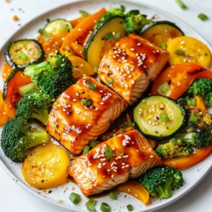 - 4 salmon fillets (about 6 oz each) - 1 cup broccoli florets - 1 cup bell peppers (sliced, mixed colors) - 1 medium zucchini (sliced) - 1 carrot (sliced) - ½ cup teriyaki sauce (store-bought or homemade) I love using fresh salmon fillets for this dish. They are rich in flavor and full of healthy fats. The assorted vegetables add color and texture. I often choose broccoli, bell peppers, zucchini, and carrots. These veggies cook well together and taste great with teriyaki sauce. - 1 tablespoon olive oil - 2 teaspoons fresh ginger (grated) - 2 cloves garlic (minced) - Salt and pepper to taste Olive oil helps the veggies roast nicely and keeps them tender. Fresh ginger and garlic bring warmth and depth to the dish. I always add salt and pepper to enhance the natural flavors. - Sesame seeds (for garnish) - Green onions (sliced, for garnish) Sesame seeds add a nice crunch and nutty flavor. I like to sprinkle sliced green onions on top for a fresh finish. These simple garnishes elevate the entire meal and make it look appealing. {{ingredient_image_1}} First, you need to preheat your oven to 400°F (200°C). This heat will cook the salmon and veggies perfectly. Next, take a large baking sheet and line it with parchment paper or a silicone mat. This will make cleanup really easy. In a small bowl, mix together ½ cup teriyaki sauce, 2 teaspoons grated fresh ginger, and 2 cloves minced garlic. Stir until everything blends well. Set this bowl aside for later use. Now, grab the salmon fillets and place them on one side of the baking sheet. Brush each fillet with the teriyaki marinade you just made. Don’t forget to add a sprinkle of salt and pepper to taste. In a big bowl, toss together 1 cup broccoli florets, 1 cup sliced bell peppers, 1 sliced medium zucchini, and 1 sliced carrot. Drizzle 1 tablespoon olive oil over the veggies. Add a pinch of salt and pepper, then mix well so all the veggies are coated. Spread the seasoned veggies on the other side of the baking sheet. Make sure everything is in a single layer; this helps them cook evenly. Place the sheet in the oven and bake for 15-20 minutes. The salmon should flake easily with a fork, and the veggies should be tender-crisp. Enjoy your delicious meal! To ensure even cooking, let the salmon sit at room temperature for about 15 minutes before baking. This helps the fillets to cook at the same rate. Arrange the salmon fillets on one side of the baking sheet. Brush them with teriyaki sauce to add flavor and moisture. To check doneness, look for the salmon to flake easily with a fork. You can also use a food thermometer; the internal temperature should reach 145°F (63°C). If the salmon is still raw in the middle, return it to the oven for a few more minutes. Choose fresh, colorful vegetables for this dish. I love using broccoli, bell peppers, zucchini, and carrots. They add great flavor and nutrition. Make sure to wash and cut them into similar sizes for even cooking. For ideal sizes, cut the veggies into bite-sized pieces. This helps them cook evenly and quickly. Broccoli florets should be about one inch, while bell peppers and zucchini should be sliced thin. The carrots can be cut into thin rounds or matchsticks. You can make your own teriyaki sauce at home. Mix soy sauce, honey, ginger, and garlic for a simple blend. Adding a splash of rice vinegar gives it a nice tang. If you want to switch things up, try using different flavorings. Honey mustard, lemon garlic, or even a spicy chili sauce can work. These options keep the meal exciting and cater to your taste buds. Pro Tips Use Fresh Ingredients: Fresh salmon and seasonal vegetables will enhance the flavor and nutrition of your dish. Look for vibrant produce and firm, bright-colored salmon fillets. Customize Your Veggies: Feel free to mix and match vegetables based on your preference. Asparagus, snap peas, or carrots can be great alternatives for a different taste and texture. Marinate for More Flavor: For an even richer taste, let the salmon marinate in the teriyaki sauce for 30 minutes before baking. This helps the flavors penetrate the fish. Check for Doneness: Salmon is perfectly cooked when it flakes easily with a fork and has an internal temperature of 145°F (63°C). Keep an eye on the veggies to ensure they remain crisp-tender. {{image_2}} Choosing vegetables by season makes your dish fresh and tasty. In spring, try asparagus and snap peas. Summer is great for zucchini and corn. In fall, use root veggies like sweet potatoes and butternut squash. Winter calls for hearty greens like kale and Brussels sprouts. Get creative with combinations. Mix broccoli with carrots for crunch. Pair bell peppers with zucchini for color. You can also add a splash of lemon juice for brightness. This keeps your meals exciting and fun. If you want to substitute salmon, there are many options. Chicken breast works well, too. You can also use firm tofu for a plant-based choice. For seafood lovers, shrimp or scallops are delicious. Just adjust the cooking time based on what you pick. Try marinating your protein in teriyaki sauce. This keeps the flavors bright and rich. Don't forget to check for doneness. Each protein cooks differently, so watch closely. Side dishes can enhance your meal. Steamed rice or quinoa pairs nicely with salmon. A simple salad can add freshness. You may also serve it with noodles for a heartier option. For leftovers, store them in an airtight container. Reheat in the oven or microwave. Add a bit of teriyaki sauce to keep it moist. Enjoy your tasty meal the next day! Store your leftovers in the fridge for up to three days. This keeps the salmon and veggies fresh. Use airtight containers to prevent odors from spreading. Glass containers work great. They help keep your meal tasty and are easy to clean. You can freeze salmon and veggies for later. For the best results, wrap each salmon fillet in plastic wrap. Place them in a freezer-safe bag. Remove as much air as you can. For veggies, use a zip-top bag. They can stay good for about two months. To thaw, move the salmon and veggies to the fridge overnight. This ensures they defrost safely. You can also use the microwave for quicker thawing. Just make sure to use low power to avoid cooking them. Reheat your meal in the oven for the best flavor. Set the oven to 350°F (175°C). Place the salmon and veggies on a baking sheet. Heat for about 10 to 15 minutes. This keeps everything moist and tasty. Avoid using the microwave if you can. It can make the salmon tough and the veggies soggy. If you must, use short bursts of heat and stir often to help keep texture. It takes about 15 to 20 minutes to cook salmon on a sheet pan at 400°F (200°C). The salmon should flake easily with a fork when done. Keep an eye on it to avoid overcooking. Yes, you can use frozen salmon fillets. Just thaw them first. Place the fillets in the fridge overnight or run cold water over them for quicker thawing. This helps keep the fish fresh and tasty. To keep salmon moist, use a good marinade like teriyaki sauce. Brush it on generously. Avoid overcooking the fish. Check it at the 15-minute mark to see if it is done. Broccoli, bell peppers, zucchini, and carrots are great choices. They cook well together and add color. Broccoli and bell peppers take about 15-20 minutes to become tender-crisp, just like the salmon. In this post, we covered how to make flavorful sheet pan salmon with teriyaki sauce. We walked through ingredients like salmon fillets, fresh veggies, and spices. You learned step-by-step instructions to prep and bake. Tips helped you perfect cooking time and storage. Remember, you can customize flavors and choose your favorite vegetables. Enjoy your cooking journey and create delicious meals that impress!