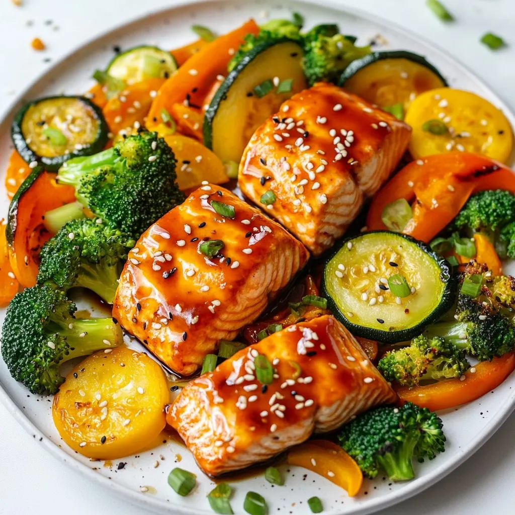 - 4 salmon fillets (about 6 oz each) - 1 cup broccoli florets - 1 cup bell peppers (sliced, mixed colors) - 1 medium zucchini (sliced) - 1 carrot (sliced) - ½ cup teriyaki sauce (store-bought or homemade) I love using fresh salmon fillets for this dish. They are rich in flavor and full of healthy fats. The assorted vegetables add color and texture. I often choose broccoli, bell peppers, zucchini, and carrots. These veggies cook well together and taste great with teriyaki sauce. - 1 tablespoon olive oil - 2 teaspoons fresh ginger (grated) - 2 cloves garlic (minced) - Salt and pepper to taste Olive oil helps the veggies roast nicely and keeps them tender. Fresh ginger and garlic bring warmth and depth to the dish. I always add salt and pepper to enhance the natural flavors. - Sesame seeds (for garnish) - Green onions (sliced, for garnish) Sesame seeds add a nice crunch and nutty flavor. I like to sprinkle sliced green onions on top for a fresh finish. These simple garnishes elevate the entire meal and make it look appealing. {{ingredient_image_1}} First, you need to preheat your oven to 400°F (200°C). This heat will cook the salmon and veggies perfectly. Next, take a large baking sheet and line it with parchment paper or a silicone mat. This will make cleanup really easy. In a small bowl, mix together ½ cup teriyaki sauce, 2 teaspoons grated fresh ginger, and 2 cloves minced garlic. Stir until everything blends well. Set this bowl aside for later use. Now, grab the salmon fillets and place them on one side of the baking sheet. Brush each fillet with the teriyaki marinade you just made. Don’t forget to add a sprinkle of salt and pepper to taste. In a big bowl, toss together 1 cup broccoli florets, 1 cup sliced bell peppers, 1 sliced medium zucchini, and 1 sliced carrot. Drizzle 1 tablespoon olive oil over the veggies. Add a pinch of salt and pepper, then mix well so all the veggies are coated. Spread the seasoned veggies on the other side of the baking sheet. Make sure everything is in a single layer; this helps them cook evenly. Place the sheet in the oven and bake for 15-20 minutes. The salmon should flake easily with a fork, and the veggies should be tender-crisp. Enjoy your delicious meal! To ensure even cooking, let the salmon sit at room temperature for about 15 minutes before baking. This helps the fillets to cook at the same rate. Arrange the salmon fillets on one side of the baking sheet. Brush them with teriyaki sauce to add flavor and moisture. To check doneness, look for the salmon to flake easily with a fork. You can also use a food thermometer; the internal temperature should reach 145°F (63°C). If the salmon is still raw in the middle, return it to the oven for a few more minutes. Choose fresh, colorful vegetables for this dish. I love using broccoli, bell peppers, zucchini, and carrots. They add great flavor and nutrition. Make sure to wash and cut them into similar sizes for even cooking. For ideal sizes, cut the veggies into bite-sized pieces. This helps them cook evenly and quickly. Broccoli florets should be about one inch, while bell peppers and zucchini should be sliced thin. The carrots can be cut into thin rounds or matchsticks. You can make your own teriyaki sauce at home. Mix soy sauce, honey, ginger, and garlic for a simple blend. Adding a splash of rice vinegar gives it a nice tang. If you want to switch things up, try using different flavorings. Honey mustard, lemon garlic, or even a spicy chili sauce can work. These options keep the meal exciting and cater to your taste buds. Pro Tips Use Fresh Ingredients: Fresh salmon and seasonal vegetables will enhance the flavor and nutrition of your dish. Look for vibrant produce and firm, bright-colored salmon fillets. Customize Your Veggies: Feel free to mix and match vegetables based on your preference. Asparagus, snap peas, or carrots can be great alternatives for a different taste and texture. Marinate for More Flavor: For an even richer taste, let the salmon marinate in the teriyaki sauce for 30 minutes before baking. This helps the flavors penetrate the fish. Check for Doneness: Salmon is perfectly cooked when it flakes easily with a fork and has an internal temperature of 145°F (63°C). Keep an eye on the veggies to ensure they remain crisp-tender. {{image_2}} Choosing vegetables by season makes your dish fresh and tasty. In spring, try asparagus and snap peas. Summer is great for zucchini and corn. In fall, use root veggies like sweet potatoes and butternut squash. Winter calls for hearty greens like kale and Brussels sprouts. Get creative with combinations. Mix broccoli with carrots for crunch. Pair bell peppers with zucchini for color. You can also add a splash of lemon juice for brightness. This keeps your meals exciting and fun. If you want to substitute salmon, there are many options. Chicken breast works well, too. You can also use firm tofu for a plant-based choice. For seafood lovers, shrimp or scallops are delicious. Just adjust the cooking time based on what you pick. Try marinating your protein in teriyaki sauce. This keeps the flavors bright and rich. Don't forget to check for doneness. Each protein cooks differently, so watch closely. Side dishes can enhance your meal. Steamed rice or quinoa pairs nicely with salmon. A simple salad can add freshness. You may also serve it with noodles for a heartier option. For leftovers, store them in an airtight container. Reheat in the oven or microwave. Add a bit of teriyaki sauce to keep it moist. Enjoy your tasty meal the next day! Store your leftovers in the fridge for up to three days. This keeps the salmon and veggies fresh. Use airtight containers to prevent odors from spreading. Glass containers work great. They help keep your meal tasty and are easy to clean. You can freeze salmon and veggies for later. For the best results, wrap each salmon fillet in plastic wrap. Place them in a freezer-safe bag. Remove as much air as you can. For veggies, use a zip-top bag. They can stay good for about two months. To thaw, move the salmon and veggies to the fridge overnight. This ensures they defrost safely. You can also use the microwave for quicker thawing. Just make sure to use low power to avoid cooking them. Reheat your meal in the oven for the best flavor. Set the oven to 350°F (175°C). Place the salmon and veggies on a baking sheet. Heat for about 10 to 15 minutes. This keeps everything moist and tasty. Avoid using the microwave if you can. It can make the salmon tough and the veggies soggy. If you must, use short bursts of heat and stir often to help keep texture. It takes about 15 to 20 minutes to cook salmon on a sheet pan at 400°F (200°C). The salmon should flake easily with a fork when done. Keep an eye on it to avoid overcooking. Yes, you can use frozen salmon fillets. Just thaw them first. Place the fillets in the fridge overnight or run cold water over them for quicker thawing. This helps keep the fish fresh and tasty. To keep salmon moist, use a good marinade like teriyaki sauce. Brush it on generously. Avoid overcooking the fish. Check it at the 15-minute mark to see if it is done. Broccoli, bell peppers, zucchini, and carrots are great choices. They cook well together and add color. Broccoli and bell peppers take about 15-20 minutes to become tender-crisp, just like the salmon. In this post, we covered how to make flavorful sheet pan salmon with teriyaki sauce. We walked through ingredients like salmon fillets, fresh veggies, and spices. You learned step-by-step instructions to prep and bake. Tips helped you perfect cooking time and storage. Remember, you can customize flavors and choose your favorite vegetables. Enjoy your cooking journey and create delicious meals that impress!
