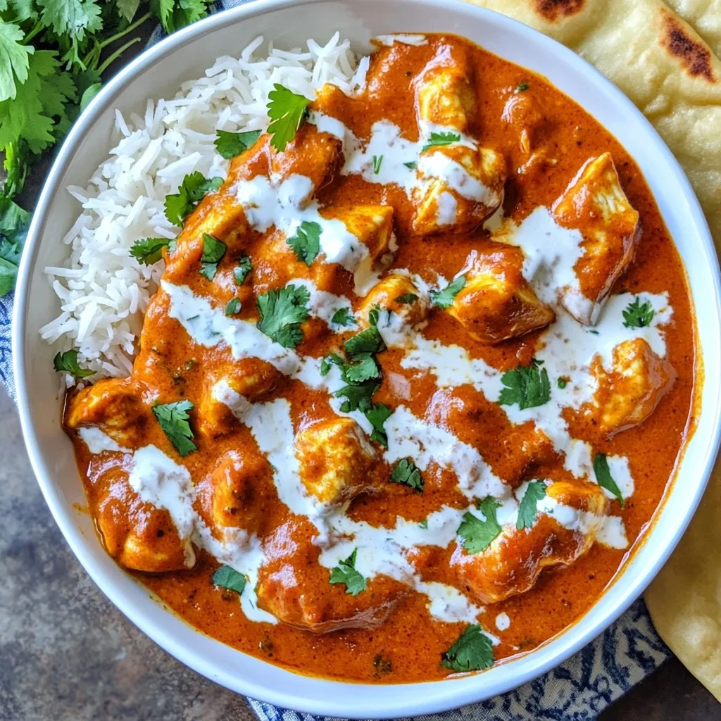To make classic butter chicken, you'll need a few key items. Here’s the list: - 500g boneless chicken thighs, cubed - 1 cup plain yogurt - 2 tablespoons lemon juice - 1 tablespoon ginger-garlic paste - 2 teaspoons ground cumin - 2 teaspoons ground coriander - 1 teaspoon garam masala - 1 teaspoon turmeric powder - 1 teaspoon chili powder (adjust to taste) - Salt, to taste - 3 tablespoons unsalted butter - 1 medium onion, finely chopped - 1 cup tomato puree - 1 cup heavy cream - Fresh cilantro leaves, for garnish Each ingredient plays a part in creating the rich, creamy flavor. The chicken thighs add juiciness. Yogurt tenderizes the meat and adds tang. Lemon juice brightens the dish. The spices give it warmth and depth. Butter adds richness, while cream makes it smooth. Using fresh cilantro as a garnish adds a pop of color and freshness. Make sure you gather everything before starting. This way, you can focus on cooking and enjoy the process! {{ingredient_image_1}} First, mix the marinade. In a bowl, combine: - 1 cup plain yogurt - 2 tablespoons lemon juice - 1 tablespoon ginger-garlic paste - 2 teaspoons ground cumin - 2 teaspoons ground coriander - 1 teaspoon garam masala - 1 teaspoon turmeric powder - 1 teaspoon chili powder (adjust to taste) - Salt, to taste Stir these well until they blend. Now, add 500g of cubed boneless chicken thighs. Make sure each piece is coated. Cover the bowl and refrigerate for at least 1 hour. For best taste, let it marinate overnight. Next, heat a large skillet over medium heat. Melt 3 tablespoons of unsalted butter. Once melted, add 1 finely chopped medium onion. Sauté the onions until they are golden brown, about 5-7 minutes. Once golden, add the marinated chicken and the marinade to the skillet. Cook the chicken until it turns brown on all sides, which takes around 10 minutes. Now, pour in 1 cup of tomato puree. Bring it to a simmer. Cook for another 10 minutes until the sauce thickens a bit. Then, stir in 1 cup of heavy cream. Let it simmer for an extra 5 minutes. This helps all the flavors mix well. Adjust the salt if needed. Finally, remove the skillet from the heat. Garnish with fresh cilantro leaves for a pop of color. Serve your Butter Chicken in a large bowl. I recommend pairing it with naan or steamed basmati rice. For a special touch, drizzle a bit of cream on top. Enjoy this tasty comfort food! To get the best flavor, marinate the chicken. I suggest marinating for at least one hour. For richer taste, let it sit overnight. The longer you marinate, the better the spices soak in. Adjust the spices to control the heat. Start with one teaspoon of chili powder. If you like it spicy, add more. Always taste before serving to find your perfect balance. Use a heavy skillet for the best results. A non-stick or cast-iron skillet works great. These pans hold heat evenly, which helps cook the chicken well. When sautéing onions, cook them on medium heat. Stir often to prevent burning. Golden brown onions add a sweet taste to your dish. This step makes a big difference in flavor. Garnishing is easy and fun! Add fresh cilantro on top right before serving. A drizzle of cream adds a nice touch, too. Serve the Butter Chicken in a big bowl or on individual plates. Pair it with naan or basmati rice. This not only looks nice but makes the meal feel special. Pro Tips Marinate for Maximum Flavor: Allow the chicken to marinate overnight for the best flavor infusion. The longer it sits, the more tender and flavorful it becomes. Use Ghee for Authentic Taste: For a richer flavor, substitute the unsalted butter with ghee, which is a traditional cooking fat used in Indian cuisine. Adjust Spice Level: Control the heat of the dish by adjusting the chili powder according to your preference. Start with less and increase gradually. Serve with Accompaniments: Enhance your meal by serving Butter Chicken with naan, steamed basmati rice, or a side of cucumber raita for a refreshing contrast. {{image_2}} Punjabi Butter Chicken Punjabi butter chicken is rich and creamy. It often uses more spices than other styles. This version features a smoky flavor. You can achieve this by cooking the chicken in a tandoor or oven. The marinated chicken gets grilled first, adding depth to the dish. The sauce remains buttery and delicious, making it a favorite. Addition of different vegetables You can add vegetables to your butter chicken for more color and nutrition. Peas, bell peppers, and spinach work great. Just sauté the veggies before adding the chicken. This gives a fresh twist to the classic dish while keeping it hearty. Gluten-free options Butter chicken is naturally gluten-free. Just ensure you use gluten-free naan or rice. This way, you can enjoy the dish without worry. Always check labels on sauces and spices to be safe. Plant-based alternatives If you're looking for a plant-based version, replace chicken with tofu or chickpeas. Use coconut cream instead of heavy cream for a rich taste. The spices will still shine through, making it a wonderful meal. Cream-free versions You can make a cream-free butter chicken. Use cashew cream or almond milk for a lighter sauce. This keeps the dish creamy without using dairy. Blend soaked cashews with water for a smooth texture. Variations with different types of tomatoes Switching up tomato puree can change the flavor. Use fresh tomatoes for a brighter taste. Alternatively, try fire-roasted tomatoes for a smoky touch. Each option brings a new layer to your butter chicken. To store leftover butter chicken safely, let it cool first. Place it in an airtight container. This keeps moisture in and odors out. Store it in the fridge for up to three days. If you want to eat it later, make sure to reheat it well. For the best freezing results, use a freezer-safe container. You can also use heavy-duty freezer bags. Squeeze out as much air as you can before sealing. Butter chicken can be frozen for up to three months. When you want to eat it, thaw it overnight in the fridge. Reheat it on the stove over low heat for the best texture. Stored butter chicken lasts about three days in the fridge and three months in the freezer. Watch for signs of spoilage. If you see mold or a sour smell, toss it out. Always trust your senses when it comes to food safety. Butter chicken is a rich and creamy dish from India. It uses marinated chicken cooked in a spiced tomato sauce. This dish is known for its smooth texture and deep flavors. It started in Delhi, India, in the 1950s. It became popular for its comfort food qualities. People enjoy it in homes and restaurants alike. Yes, you can make butter chicken ahead of time. It tastes even better the next day! To prep, follow these steps: - Marinate the chicken at least one hour before cooking. - Cook the dish fully, then cool it down. - Store it in an airtight container in the fridge. It will stay fresh for about three days. When ready to eat, just reheat it on the stove. To make butter chicken less spicy, reduce the chili powder. Start with half a teaspoon, then taste. If you want it milder, you can skip the chili powder. You can also add more cream to cool down the heat. This will help balance the spice without losing flavor. Butter chicken pairs well with several side dishes. Here are some popular options: - Naan bread: Soft and perfect for scooping up sauce. - Steamed basmati rice: The fluffy grains soak up the sauce well. - Cucumber salad: A fresh side that adds crunch and cools the palate. - Roasted vegetables: Adds color and nutrients to your meal. These sides enhance the butter chicken experience. Enjoy experimenting with your favorites! This blog post covered how to make Butter Chicken. You learned about the key ingredients and simple steps to cook it. We also shared tips for authentic flavor and presentations to impress. You now know how to store leftovers and some tasty variations to try. Butter Chicken is a versatile dish that’s great for meals at home or entertaining guests. Try these ideas and enjoy each bite of this rich and flavorful meal!