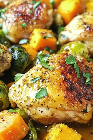 - 4 boneless, skinless chicken thighs - 2 tablespoons olive oil - 1 medium onion, thinly sliced - 2 cloves garlic, minced - 2 medium carrots, sliced - 1 cup Brussels sprouts, halved - 1 medium sweet potato, diced - 1 teaspoon dried thyme - 1 teaspoon paprika - ½ teaspoon ground cinnamon - Salt and pepper to taste These ingredients come together to create a warm, hearty dish for fall. The chicken thighs provide rich flavor and protein. The seasonal vegetables add color and nutrition. I love how the sweet potato brings a touch of sweetness. - 1 cup low-sodium chicken broth - 1 tablespoon apple cider vinegar - ¼ cup chopped fresh parsley (for garnish) Chicken broth adds moisture. It makes the dish even more savory. Apple cider vinegar adds a nice tang that brightens every bite. Fresh parsley makes a great garnish. It adds a pop of color and fresh flavor. By using these ingredients, you can create a meal that not only tastes great but also brings the cozy flavors of autumn to your table. {{ingredient_image_1}} First, let's prepare the chicken. Take the four boneless, skinless chicken thighs. Sprinkle salt, pepper, dried thyme, and paprika on both sides. This gives the chicken a nice flavor. Set it aside for a moment. Next, we slice and dice our vegetables. For the onion, thinly slice it. Mince the garlic cloves. Cut the carrots into slices. Halve the Brussels sprouts. Finally, dice the sweet potato into small cubes. Now, heat 2 tablespoons of olive oil in a large skillet over medium-high heat. Once the oil is hot, add the chicken thighs. Sear them for about five minutes on each side. Look for a golden brown color. Once cooked through, transfer the chicken to a plate. Cover it to keep warm. In the same skillet, add the sliced onion and minced garlic. Sauté these for about 2-3 minutes. You want them to soften and smell great. Next, add the sliced carrots, halved Brussels sprouts, and diced sweet potato. Stir well and let them cook for about five minutes. The vegetables should start to soften. Pour in 1 cup of low-sodium chicken broth and the 1 tablespoon of apple cider vinegar. Bring this mixture to a simmer. Reduce the heat to low. Return the chicken to the skillet. Nestle it among the vegetables. Cover the skillet and cook for an additional 10-15 minutes. Check that the vegetables are tender and the sweet potato is cooked through. Taste the dish. Adjust the seasoning if needed. You can add more salt, pepper, or even a pinch of cinnamon. Finally, remove the skillet from the heat. Sprinkle ¼ cup of chopped fresh parsley over the top before serving. This adds a fresh pop of color and flavor. To achieve a perfectly seared chicken, start with a hot skillet. Heat your olive oil until it shimmers. Season the chicken thighs with salt, pepper, thyme, and paprika. Place them in the pan and don’t move them for five minutes. This helps form a nice crust. Flip and cook the other side until golden brown. For cooking vegetables to tenderness, chop them into even pieces. This helps them cook at the same rate. Add the onions and garlic first, and let them soften. Then, add the carrots, Brussels sprouts, and sweet potato. Stir occasionally and let them cook for about five minutes. Pour in the chicken broth and let everything simmer. To enhance the autumn flavors, try adding nutmeg or sage. These spices bring warmth to your dish. You can also adjust the paprika for a smoky touch. Experiment with different spice levels to find what you like best. When using herbs, fresh herbs often provide brighter flavors. Add fresh parsley right before serving for a pop of color and taste. Dried herbs work well too but use less since they are more concentrated. A teaspoon of dried thyme or rosemary can add depth without overpowering. Pro Tips Use Bone-In Chicken: For added flavor and moisture, consider using bone-in chicken thighs. They will enhance the richness of the dish. Seasoning Variations: Feel free to experiment with different herbs like rosemary or sage instead of thyme for a unique twist on flavor. Vegetable Substitutions: Swap out Brussels sprouts or sweet potatoes for seasonal vegetables like butternut squash or parsnips to suit your taste. Make It One-Pan: For a complete meal, add quinoa or rice directly into the skillet along with the broth for a heartier dish. {{image_2}} You can easily switch up the veggies in this recipe. Use what’s fresh or in season. Try using butternut squash instead of sweet potato. You can also add parsnips or turnips for a unique taste. If Brussels sprouts aren’t your favorite, replace them with green beans or broccoli. When it comes to chicken, you can use different cuts. Chicken breasts work well if you prefer lean meat. Bone-in chicken legs will add more flavor, too. Just adjust the cooking time for thicker cuts. If you need a gluten-free meal, this recipe is perfect! All the ingredients are naturally gluten-free. Just make sure your chicken broth is gluten-free. For a low-carb version, skip the sweet potato. Instead, add more green veggies like zucchini or spinach. This keeps it light while still being filling. You can enjoy all the autumn flavors without the carbs! To store your Autumn Harvest Chicken Skillet, let it cool first. Then, place it in an airtight container. This keeps it fresh for up to three days in the fridge. When you're ready to eat, reheat it on the stove over low heat. Stir it often to warm it evenly. You can also use the microwave for quick reheating. Just cover it with a lid or a damp paper towel. This helps to keep the chicken moist and tasty. If you want to save some for later, freezing is a great option. First, let the skillet meal cool completely. Then, divide it into portions and place them in freezer-safe containers. Make sure to leave some space at the top for expansion. You can freeze it for up to three months. When you’re ready to enjoy it, take it out and thaw it overnight in the fridge. To cook from frozen, heat it in a skillet over medium heat. Add a splash of chicken broth to help it warm up evenly. Cook it until it's heated through, stirring often. This makes for a quick and easy meal later on! Yes, you can use bone-in chicken. It will add a richer flavor. Just adjust the cooking time. Bone-in chicken takes longer to cook than boneless. Make sure the chicken reaches an internal temperature of 165°F. This dish goes well with many sides. Here are some great options: - Crusty bread for dipping - A simple green salad - Roasted potatoes or sweet potatoes - Steamed green beans or broccoli These sides will balance the meal and add more colors to your plate. You can prepare this dish a day ahead. Cook it and let it cool completely. Store it in an airtight container in the fridge. When ready to serve, reheat it on the stove or in the oven. You may need to add a splash of broth to keep it moist. This way, you save time and still enjoy a tasty meal. This blog post shows you how to make a tasty Autumn Harvest Chicken Skillet. You learned about the key ingredients and how to prepare them. I shared cooking tips for perfect chicken and tender veggies. Variations let you customize the dish to fit your diet or taste. Don't forget how to store leftovers properly. Enjoy this meal with family or friends. It brings comfort and warmth to any table. Now, go ahead and create your own delicious version!