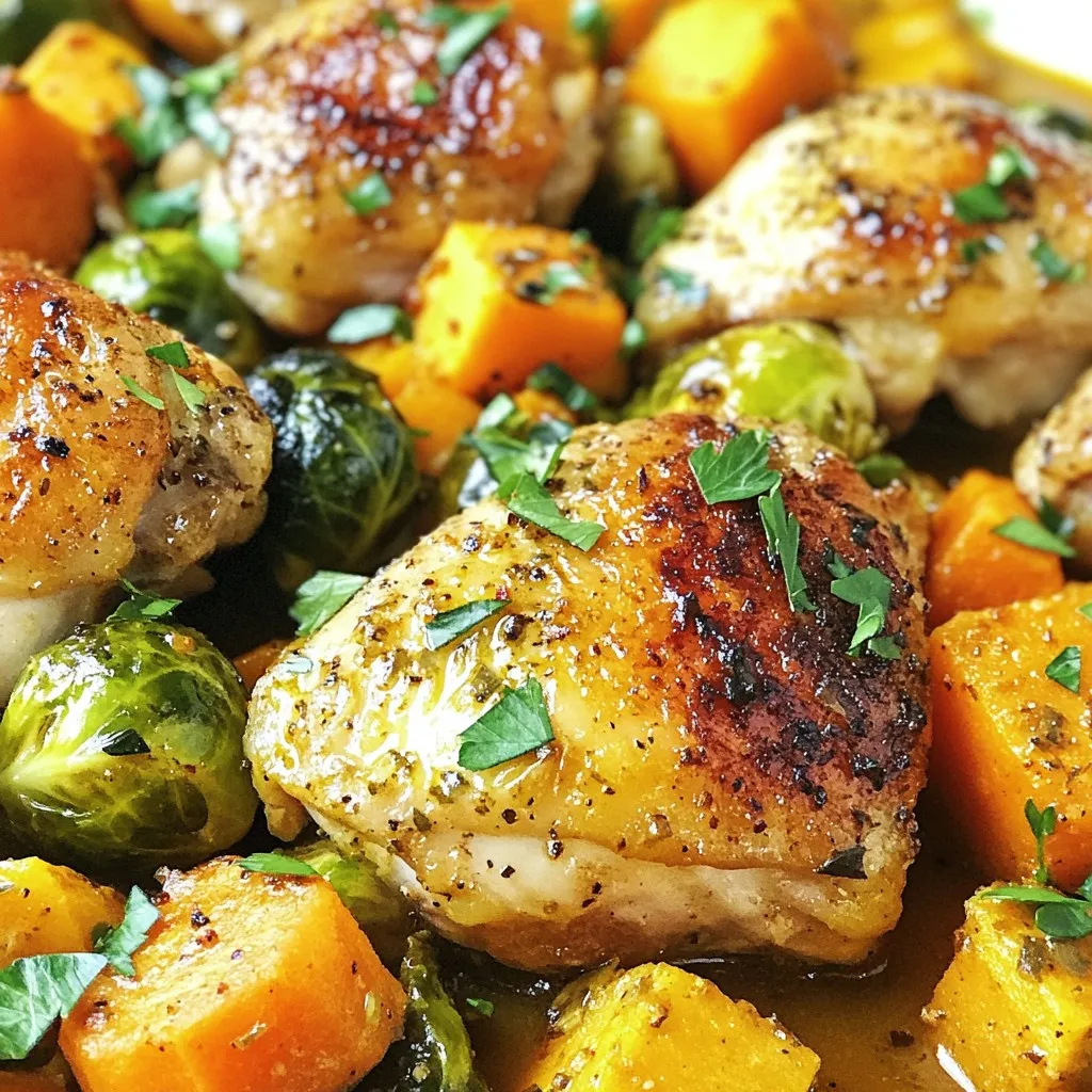 - 4 boneless, skinless chicken thighs - 2 tablespoons olive oil - 1 medium onion, thinly sliced - 2 cloves garlic, minced - 2 medium carrots, sliced - 1 cup Brussels sprouts, halved - 1 medium sweet potato, diced - 1 teaspoon dried thyme - 1 teaspoon paprika - ½ teaspoon ground cinnamon - Salt and pepper to taste These ingredients come together to create a warm, hearty dish for fall. The chicken thighs provide rich flavor and protein. The seasonal vegetables add color and nutrition. I love how the sweet potato brings a touch of sweetness. - 1 cup low-sodium chicken broth - 1 tablespoon apple cider vinegar - ¼ cup chopped fresh parsley (for garnish) Chicken broth adds moisture. It makes the dish even more savory. Apple cider vinegar adds a nice tang that brightens every bite. Fresh parsley makes a great garnish. It adds a pop of color and fresh flavor. By using these ingredients, you can create a meal that not only tastes great but also brings the cozy flavors of autumn to your table. {{ingredient_image_1}} First, let's prepare the chicken. Take the four boneless, skinless chicken thighs. Sprinkle salt, pepper, dried thyme, and paprika on both sides. This gives the chicken a nice flavor. Set it aside for a moment. Next, we slice and dice our vegetables. For the onion, thinly slice it. Mince the garlic cloves. Cut the carrots into slices. Halve the Brussels sprouts. Finally, dice the sweet potato into small cubes. Now, heat 2 tablespoons of olive oil in a large skillet over medium-high heat. Once the oil is hot, add the chicken thighs. Sear them for about five minutes on each side. Look for a golden brown color. Once cooked through, transfer the chicken to a plate. Cover it to keep warm. In the same skillet, add the sliced onion and minced garlic. Sauté these for about 2-3 minutes. You want them to soften and smell great. Next, add the sliced carrots, halved Brussels sprouts, and diced sweet potato. Stir well and let them cook for about five minutes. The vegetables should start to soften. Pour in 1 cup of low-sodium chicken broth and the 1 tablespoon of apple cider vinegar. Bring this mixture to a simmer. Reduce the heat to low. Return the chicken to the skillet. Nestle it among the vegetables. Cover the skillet and cook for an additional 10-15 minutes. Check that the vegetables are tender and the sweet potato is cooked through. Taste the dish. Adjust the seasoning if needed. You can add more salt, pepper, or even a pinch of cinnamon. Finally, remove the skillet from the heat. Sprinkle ¼ cup of chopped fresh parsley over the top before serving. This adds a fresh pop of color and flavor. To achieve a perfectly seared chicken, start with a hot skillet. Heat your olive oil until it shimmers. Season the chicken thighs with salt, pepper, thyme, and paprika. Place them in the pan and don’t move them for five minutes. This helps form a nice crust. Flip and cook the other side until golden brown. For cooking vegetables to tenderness, chop them into even pieces. This helps them cook at the same rate. Add the onions and garlic first, and let them soften. Then, add the carrots, Brussels sprouts, and sweet potato. Stir occasionally and let them cook for about five minutes. Pour in the chicken broth and let everything simmer. To enhance the autumn flavors, try adding nutmeg or sage. These spices bring warmth to your dish. You can also adjust the paprika for a smoky touch. Experiment with different spice levels to find what you like best. When using herbs, fresh herbs often provide brighter flavors. Add fresh parsley right before serving for a pop of color and taste. Dried herbs work well too but use less since they are more concentrated. A teaspoon of dried thyme or rosemary can add depth without overpowering. Pro Tips Use Bone-In Chicken: For added flavor and moisture, consider using bone-in chicken thighs. They will enhance the richness of the dish. Seasoning Variations: Feel free to experiment with different herbs like rosemary or sage instead of thyme for a unique twist on flavor. Vegetable Substitutions: Swap out Brussels sprouts or sweet potatoes for seasonal vegetables like butternut squash or parsnips to suit your taste. Make It One-Pan: For a complete meal, add quinoa or rice directly into the skillet along with the broth for a heartier dish. {{image_2}} You can easily switch up the veggies in this recipe. Use what’s fresh or in season. Try using butternut squash instead of sweet potato. You can also add parsnips or turnips for a unique taste. If Brussels sprouts aren’t your favorite, replace them with green beans or broccoli. When it comes to chicken, you can use different cuts. Chicken breasts work well if you prefer lean meat. Bone-in chicken legs will add more flavor, too. Just adjust the cooking time for thicker cuts. If you need a gluten-free meal, this recipe is perfect! All the ingredients are naturally gluten-free. Just make sure your chicken broth is gluten-free. For a low-carb version, skip the sweet potato. Instead, add more green veggies like zucchini or spinach. This keeps it light while still being filling. You can enjoy all the autumn flavors without the carbs! To store your Autumn Harvest Chicken Skillet, let it cool first. Then, place it in an airtight container. This keeps it fresh for up to three days in the fridge. When you're ready to eat, reheat it on the stove over low heat. Stir it often to warm it evenly. You can also use the microwave for quick reheating. Just cover it with a lid or a damp paper towel. This helps to keep the chicken moist and tasty. If you want to save some for later, freezing is a great option. First, let the skillet meal cool completely. Then, divide it into portions and place them in freezer-safe containers. Make sure to leave some space at the top for expansion. You can freeze it for up to three months. When you’re ready to enjoy it, take it out and thaw it overnight in the fridge. To cook from frozen, heat it in a skillet over medium heat. Add a splash of chicken broth to help it warm up evenly. Cook it until it's heated through, stirring often. This makes for a quick and easy meal later on! Yes, you can use bone-in chicken. It will add a richer flavor. Just adjust the cooking time. Bone-in chicken takes longer to cook than boneless. Make sure the chicken reaches an internal temperature of 165°F. This dish goes well with many sides. Here are some great options: - Crusty bread for dipping - A simple green salad - Roasted potatoes or sweet potatoes - Steamed green beans or broccoli These sides will balance the meal and add more colors to your plate. You can prepare this dish a day ahead. Cook it and let it cool completely. Store it in an airtight container in the fridge. When ready to serve, reheat it on the stove or in the oven. You may need to add a splash of broth to keep it moist. This way, you save time and still enjoy a tasty meal. This blog post shows you how to make a tasty Autumn Harvest Chicken Skillet. You learned about the key ingredients and how to prepare them. I shared cooking tips for perfect chicken and tender veggies. Variations let you customize the dish to fit your diet or taste. Don't forget how to store leftovers properly. Enjoy this meal with family or friends. It brings comfort and warmth to any table. Now, go ahead and create your own delicious version!