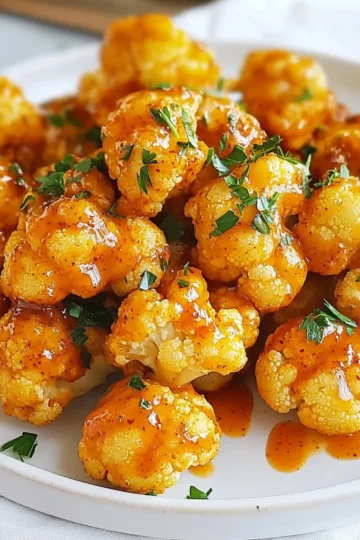 To make Air Fryer Buffalo Cauliflower Bites, you will need: - 1 medium head of cauliflower, cut into bite-sized florets - 1 cup all-purpose flour - 1 teaspoon garlic powder - 1 teaspoon onion powder - 1 teaspoon smoked paprika - ½ teaspoon cayenne pepper (adjust for spice level) - ½ teaspoon salt - ¾ cup water - ½ cup buffalo sauce - 2 tablespoons olive oil - Fresh parsley, chopped (for garnish) Using fresh cauliflower makes a big difference. Look for firm florets with no brown spots. For the batter, mix your dry spices well. This helps the flavors blend. If you like more heat, add more cayenne pepper. The olive oil gives the bites a nice crunch when air frying. Don't skip the parsley; it adds a fresh look and taste. If you have a gluten allergy, try using gluten-free flour instead. You can swap buffalo sauce for barbecue sauce if you prefer a sweeter flavor. For a vegan option, replace the flour with chickpea flour. This change keeps the bites crispy and tasty. If you're allergic to cauliflower, try using broccoli instead. The cooking time will stay the same, so you'll still enjoy a flavorful snack. {{ingredient_image_1}} Start by rinsing the cauliflower head. Cut it into bite-sized florets. Try to make them similar in size. This helps them cook evenly. You want each piece to be tender yet crispy. In a mixing bowl, combine the flour, garlic powder, onion powder, smoked paprika, cayenne pepper, and salt. These spices pack a flavor punch! Gradually add ¾ cup of water. Whisk until you have a smooth batter. It should be thick enough to coat the cauliflower well. Preheat your air fryer to 400°F (200°C) for about 5 minutes. While it heats, dip each cauliflower floret into the batter. Allow any excess batter to drip off. Place them in a single layer in the air fryer basket. Lightly spray the basket with olive oil first. Air fry for 12-15 minutes. Shake the basket halfway through cooking. This ensures they cook evenly. Once golden and crispy, take them out. Next, toss the fried cauliflower in buffalo sauce. Make sure each piece is well coated. To get that extra crispiness, return them to the air fryer for another 3-5 minutes. Now your bites are ready to serve! To get that perfect crunch, coat the cauliflower well. The batter should cover every floret. Use cold water for the batter. Cold water helps create a crispy crust. Make sure to shake off extra batter. This helps to keep the bites from becoming soggy. Air fry in a single layer. This ensures even cooking and crispiness. Set your air fryer to 400°F (200°C) for the best results. Cook the cauliflower for 12-15 minutes. Shake the basket halfway through. This lets hot air reach all sides. If you want extra crispiness, add 3-5 more minutes after tossing in the buffalo sauce. Keep an eye on them to avoid burning. Serve these bites hot for the best taste. Add a side of ranch or blue cheese for dipping. Fresh parsley adds color and flavor. You can also serve them with celery sticks. This adds a nice crunch and freshness. Enjoy them as a snack or appetizer at your next game day gathering. Pro Tips Tip Title 1: For extra flavor, consider adding a splash of hot sauce to the batter before coating the cauliflower. Tip Title 2: If you want a healthier option, use whole wheat flour or a gluten-free flour blend. Tip Title 3: For a crunchier texture, let the coated cauliflower sit for a few minutes before air frying. Tip Title 4: Experiment with different sauces; ranch or blue cheese dressing make great dips for these spicy bites! {{image_2}} You can change the flavor of your buffalo cauliflower bites by trying different sauces. Instead of buffalo sauce, use barbecue sauce for a sweet twist. Or, try teriyaki sauce for a savory taste. You can also mix sauces together. This way, you can find your favorite flavor! Want to boost the nutrition? Add more veggies to your bites. Try adding broccoli florets or bell pepper slices. You can even toss in some carrots. Just make sure they are cut small, like the cauliflower. This adds color and vitamins to your snack! If you need a gluten-free option, swap out the all-purpose flour. Use gluten-free flour blends instead. They work well for the batter. Make sure to check that your buffalo sauce is gluten-free too. This way, everyone can enjoy these tasty bites without worry! After enjoying your air fryer buffalo cauliflower bites, let them cool. Place them in an airtight container. Store the container in the fridge. They will stay fresh for up to three days. Make sure they are not warm when you store them. This helps to avoid sogginess. To reheat your cauliflower bites, use the air fryer again. Preheat it to 350°F (175°C). Arrange the bites in a single layer. Heat for about 5-7 minutes. This keeps them crispy. If you like them extra saucy, you can toss them in more buffalo sauce before reheating. If you want to save some bites for later, freezing works well. First, let the bites cool completely. Arrange them on a baking sheet in a single layer. Freeze them for about an hour. Once frozen, transfer them to a freezer bag. They can last up to three months. When ready to eat, you can cook them directly from frozen. Just add a few extra minutes to the air frying time. Air Fryer Buffalo Cauliflower Bites can last up to four days in the fridge. Store them in an airtight container. Make sure they cool down before you put them away. This keeps them fresh and tasty for later. Yes, you can make these bites in the oven. Preheat your oven to 425°F (220°C). Line a baking sheet with parchment paper. Place the coated cauliflower florets on the sheet. Bake for about 25-30 minutes, flipping halfway through. This method gives you a great crunch too. You can serve these bites with a variety of dips. Ranch or blue cheese dressing works well. Fresh veggies like carrots and celery add a nice crunch. You can even make a fun platter with chips or pita bread for sharing. In this post, we explored making delicious Air Fryer Buffalo Cauliflower Bites. We discussed the best ingredients, cooking steps, and tips for a crispy texture. I shared variations, storage info, and common questions to help you succeed. You can enjoy these bites in many ways. They are fun, easy, and a great snack. Try this recipe to impress your friends and family with tasty flavors. Your kitchen adventures are just beginning! Enjoy your culinary journey!