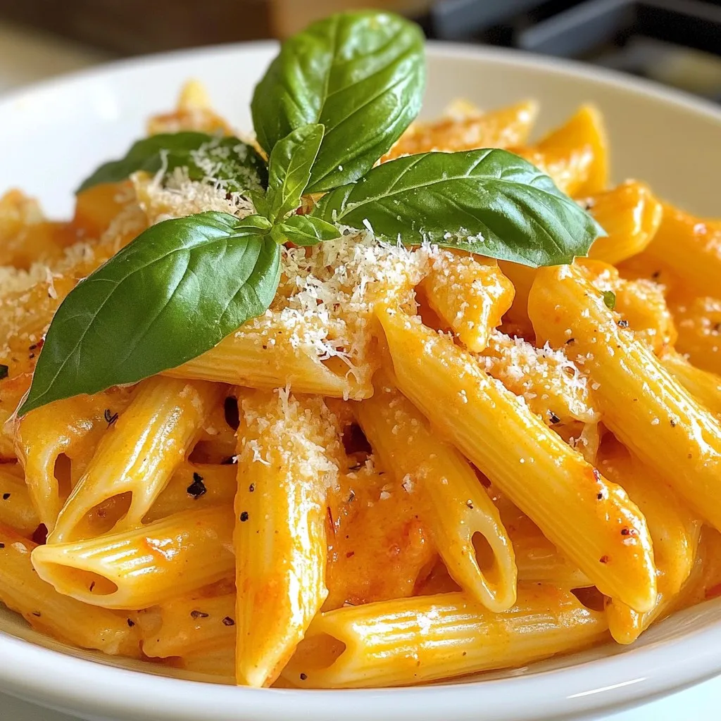 - 12 oz pasta (penne or fettuccine works well) - 2 large red bell peppers - 1 cup heavy cream - 3 cloves garlic, minced - 1 small onion, finely chopped - 1 tablespoon olive oil - 1 teaspoon smoked paprika - ½ teaspoon red pepper flakes (optional) - Salt and pepper to taste - ¼ cup grated Parmesan cheese (plus extra for garnish) - Fresh basil leaves for garnish The pasta is the star here. I love using penne or fettuccine. The red bell peppers add sweetness. Heavy cream gives the dish its rich, creamy texture. Garlic and onion build flavor, while smoked paprika adds warmth. Red pepper flakes add a hint of heat, if you like it spicy. The Parmesan cheese gives a nice salty note, and fresh basil brightens the dish. - Sun-dried tomatoes - Spinach - Mushrooms Feel free to get creative! Sun-dried tomatoes add a tangy kick. Fresh spinach brings color and nutrients. Mushrooms add earthiness and depth to the sauce. - Extra grated Parmesan cheese - Fresh basil leaves - Cracked black pepper Garnishes make a dish pop! Extra cheese and fresh basil add flavor and color. A sprinkle of black pepper gives a nice finish. These small touches make your pasta look and taste gourmet. {{ingredient_image_1}} First, preheat your oven to 400°F (200°C). Take two large red bell peppers and cut them in half. Remove the seeds and stems. Place the peppers cut-side down on a baking sheet. Roast them for about 25 to 30 minutes. The skin should look charred and blistered when done. Once roasted, let the peppers cool a bit. After they cool, peel off the skins and chop them into small pieces. While the peppers roast, bring a large pot of salted water to a boil. Add 12 ounces of pasta, like penne or fettuccine. Cook the pasta according to the package instructions until it is al dente. Drain the pasta and set it aside. Remember to keep about 1 cup of the pasta water for later. In a large skillet, heat 1 tablespoon of olive oil over medium heat. Add one small onion, finely chopped, and sauté for about 3 to 4 minutes until it's soft. Next, stir in 3 cloves of minced garlic. Cook that for another minute until the garlic smells great. Now, add the chopped roasted red peppers to the skillet. Mix in 1 teaspoon of smoked paprika, ½ teaspoon of red pepper flakes (if you like spice), and salt and pepper to taste. Cook for 2 to 3 more minutes. Pour in 1 cup of heavy cream and bring the mixture to a gentle simmer. Let it cook for 5 to 7 minutes, stirring occasionally, until the sauce thickens a bit. You can blend the sauce using an immersion blender or transfer it to a regular blender. Be careful, as the liquid is hot! Blend until smooth. Return the sauce to the skillet and stir in ¼ cup of grated Parmesan cheese. Finally, add the cooked pasta to the sauce. Toss everything together so the pasta is well coated. If the sauce is too thick, add some of the reserved pasta water to reach your desired consistency. Serve the creamy roasted red pepper pasta right away. Top each serving with extra Parmesan cheese and fresh basil leaves for a lovely finish. Enjoy your cooking adventure! To get that rich, creamy texture, use heavy cream. It thickens well and adds flavor. If you want it lighter, try half-and-half. Blend the sauce well after cooking. This step makes the sauce smooth. Don’t forget to add the Parmesan cheese. It enhances the creaminess and adds a nice taste. Roasting red peppers brings out their natural sweetness. Start by preheating your oven to 400°F (200°C). Cut the peppers in half and remove seeds. Place them cut-side down on a baking sheet. Roast them for 25-30 minutes. Look for charred skin; that means they’re done. After roasting, let them cool, then peel off the skins. This step is key for a tasty sauce. Cook your pasta while the sauce simmers. This way, both will be ready together. Boil salted water in a large pot. Add your pasta and cook until al dente. This means it should be firm but not hard. Reserve some pasta water before draining. This water can help adjust the sauce later. Once drained, toss the pasta with the sauce right away for the best flavor. Pro Tips Choose the Right Pasta: Opt for pasta that holds sauce well, like penne or fettuccine, to maximize flavor in every bite. Roast Peppers for Extra Flavor: Ensure the red bell peppers are roasted until the skin is charred; this enhances their sweetness and smokiness. Adjust Sauce Consistency: If the sauce is too thick, add reserved pasta water gradually until you reach the desired creaminess. Fresh Herbs for Garnish: Using fresh basil not only adds a pop of color but also elevates the dish's flavor profile significantly. {{image_2}} You can make this dish even more veggie-packed. Add spinach or kale for extra greens. Toss in some cherry tomatoes for a sweet burst of flavor. You can also include mushrooms for a hearty texture. These options bring more nutrients and color to your pasta. Want more protein in your meal? Grilled chicken or shrimp works great in this dish. You can also use chickpeas or white beans for a plant-based boost. Simply stir them into the creamy sauce before adding the pasta. They add flavor and make the meal more filling. If you need a gluten-free option, choose gluten-free pasta. Many brands offer great alternatives that taste good. You can also use spiralized veggies like zucchini or squash. These options keep the dish light and fresh while still being delicious. After you enjoy your creamy roasted red pepper pasta, let it cool to room temp. Place the leftovers in an airtight container. Store them in the fridge for up to three days. To keep the flavors fresh, avoid leaving it out too long. When you’re ready to eat the pasta again, take it out of the fridge. Heat it gently on the stove over low heat. Add a splash of water or cream to help it warm up evenly. Stir often to avoid sticking. You can also use the microwave. Just heat it in short bursts, stirring in between, until it's hot. If you want to save some for later, you can freeze the pasta. First, let it cool completely. Then, put it in a freezer-safe container or bag. Make sure to remove as much air as possible. It will keep well for about three months. To reheat, let it thaw in the fridge overnight before warming it up on the stove. Yes, you can. Pasta shapes like rotini, spaghetti, or even bowties work well. Choose any shape you love. The key is to cook it until it is al dente. This texture holds the creamy sauce nicely. To make this dish vegan, swap heavy cream with coconut cream or cashew cream. You can also skip the cheese or use a plant-based cheese. The flavors will still be rich and tasty! If you need a substitute for heavy cream, use half-and-half or whole milk mixed with a bit of cornstarch. You can also try a non-dairy cream like oat or soy cream. These options will still give you a nice creamy texture. The red peppers are done roasting when their skin looks charred and blistered. You should see some black spots on them. This usually takes about 25-30 minutes at 400°F. Let them cool before peeling. In this blog post, we covered how to make creamy roasted red pepper pasta. We explored key ingredients, step-by-step instructions, tips for creaminess, and variations for different diets. Storing and reheating leftovers was also discussed, along with answers to common questions. This dish is simple and fun to make. You can enjoy it any time and share it with friends. Dive into this pasta adventure and create a meal everyone will love!