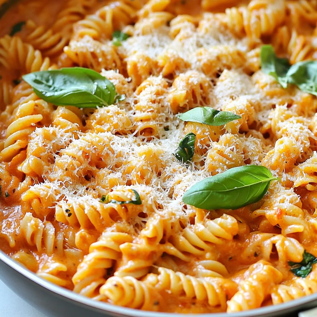 - 12 oz (340 g) pasta (penne or fusilli works well) - 2 tablespoons olive oil - 1 medium onion, diced - 4 cloves garlic, minced - 1 (28 oz) can crushed tomatoes - 3 cups vegetable broth - 1 cup heavy cream or coconut milk - 1 teaspoon dried oregano - 1 teaspoon sugar - Salt and pepper to taste - 1 cup fresh basil leaves, torn - Grated Parmesan cheese (optional for serving) This recipe shines with its simple yet flavorful ingredients. You can choose between penne or fusilli pasta. Both types work well and soak up the sauce nicely. The fresh onion and garlic add depth and aroma, giving the dish a comforting base. The crushed tomatoes bring a rich, tangy flavor. I love using vegetable broth for a lighter touch, but feel free to use chicken broth if you prefer. The cream is what makes this dish creamy and dreamy. You can choose heavy cream for richness or coconut milk for a dairy-free twist. Don’t forget the dried oregano for that lovely herbal note. A dash of sugar balances the tomatoes' acidity, while fresh basil adds brightness just before serving. If you like cheese, sprinkle some grated Parmesan on top for an extra umami kick. Gather these ingredients, and you're ready to create a delicious meal in just one pot! {{ingredient_image_1}} 1. Sautéing the onion and garlic Start by heating the olive oil in a large pot over medium heat. Add the diced onion. Cook it for about 4-5 minutes. You want it to turn soft and clear. Next, add the minced garlic. Stir it for about a minute. You will smell a great aroma. Be sure to stir often to avoid burning. 2. Combining liquids and spices Now, pour in the crushed tomatoes and vegetable broth. Add the dried oregano and sugar. Give everything a good stir to mix well. This base will be rich and tasty. Bring the mixture to a gentle simmer. 3. Cooking the pasta and incorporating cream Add the uncooked pasta to the pot. Make sure the pasta is fully submerged in the liquid. Cover the pot and cook for 10-12 minutes. Stir occasionally. You want the pasta to be al dente and soak up the flavors. Once it is cooked, reduce the heat to low. Pour in the heavy cream or coconut milk. Stir until everything is mixed well. Heat it for another 2-3 minutes. Finally, season with salt and pepper. Fold in the fresh basil leaves and serve hot. - Ensuring perfect pasta texture: Cook pasta until it is al dente, which means firm but not hard. Stir it occasionally to keep it from sticking together. The pasta will continue to cook in the sauce, so don’t overdo it! - Adjusting seasoning to taste: Start with a light hand on salt and pepper. You can always add more later. Taste the sauce before serving. Each tomato brand may vary in flavor, so adjust as needed. - Preventing sticking or burning: Keep the heat at medium to avoid burning the garlic and onion. Stir often, especially when adding the pasta. Cover the pot while cooking, but lift the lid to stir every few minutes. - Garnishing options: Serve your pasta with a sprinkle of grated Parmesan cheese on top. It adds a nice salty flavor and makes the dish look fancy. Fresh basil leaves also add a lovely touch and bright color. - Pairing with complementary dishes: This creamy tomato basil pasta goes well with a fresh salad or garlic bread. You can also serve it with roasted vegetables or a light protein, like grilled chicken or shrimp, for a complete meal. Pro Tips Use Fresh Basil: Fresh basil adds a vibrant flavor to the dish, enhancing the overall taste. Add it at the end to retain its fresh aroma. Adjust Creaminess: For a lighter version, substitute heavy cream with coconut milk or use a combination of both to balance flavors. Perfect Pasta Cooking: Stir the pasta occasionally while it cooks to prevent it from sticking together and ensure even cooking. Custom Seasoning: Feel free to customize the seasoning with red pepper flakes for a spicy kick or add your favorite herbs for extra depth. {{image_2}} You can change the protein in this dish to fit your tastes. Try diced chicken for a heartier meal. Shrimp adds a nice twist and cooks fast. If you want a plant-based option, use tofu. Just cube it and sauté until golden. You can also mix in different veggies. Spinach or kale adds color and nutrients. Bell peppers give sweetness, while mushrooms add a nice earthy flavor. Feel free to get creative with what you have on hand! If you want to go vegan or dairy-free, swap heavy cream for coconut milk. Coconut milk gives a rich flavor without dairy. You can leave out the cheese or use a vegan alternative. For gluten-free options, choose gluten-free pasta. Many brands now offer tasty gluten-free penne or fusilli. Just make sure to follow the cooking time on the package, as it may vary from regular pasta. To keep your creamy tomato basil pasta fresh, use an airtight container. Glass or BPA-free plastic containers work best. Make sure it cools down before sealing. You can store it in the fridge for up to three days. If you want to keep it longer, freezing is a good option. Place the pasta in a freezer-safe container. Leave some space at the top, as the pasta will expand when frozen. It will last in the freezer for about three months. When you’re ready to enjoy the leftovers, reheating is easy. For the best results, use a stove. Put the pasta in a pot and add a splash of water or broth. Heat it over low to medium heat. Stir it often to keep it from sticking. You can also microwave it, but be cautious. Place the pasta in a microwave-safe bowl. Add a bit of water and cover it, leaving a vent for steam. Heat it in short bursts, stirring in between. This helps keep the texture and flavor nice. Yes, you can use many types of pasta. Penne and fusilli work great. You can also try rotini or farfalle. Just make sure the pasta cooks well in the sauce. Adjust the cooking time if needed. This pasta dish lasts about 3 to 4 days in the fridge. Store it in an airtight container. Make sure it cools down before you put it away. This keeps it fresh and tasty for your next meal. Yes, you can prepare this dish ahead of time. Cook it and let it cool. Then, store it in the fridge. When you are ready, just reheat it on the stove. Add a little water or broth to keep it creamy. This blog post guides you in making a delicious pasta dish. We covered the main ingredients, from pasta to fresh herbs. You learned step-by-step how to cook it right. I shared essential tips for the best results, plus ideas for serving and ingredient swaps. Remember, you can tweak this dish to fit your tastes. You can store leftovers for later enjoyment. Have fun cooking and exploring different flavors! Enjoy your meal!