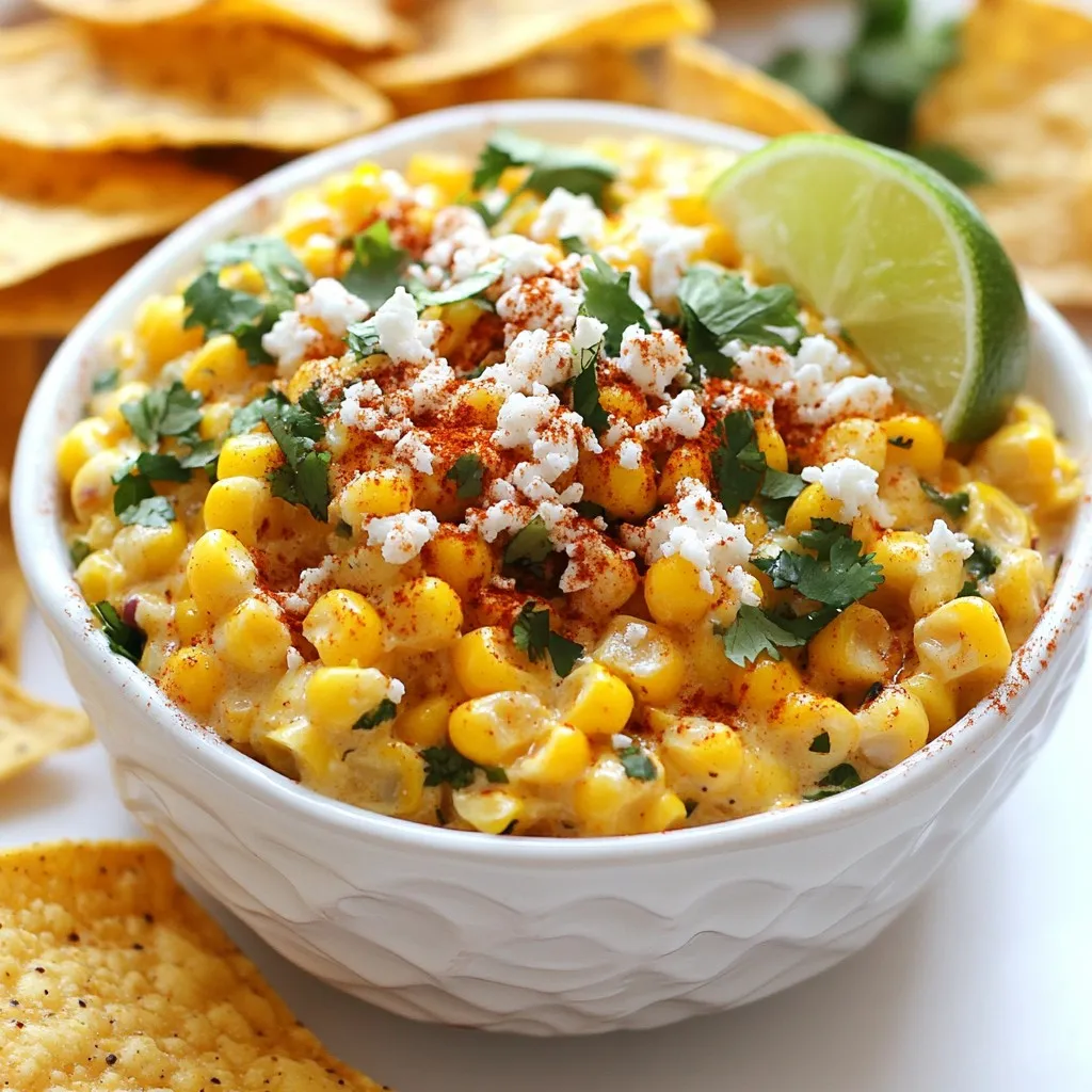 To make a tasty Mexican Street Corn Dip, you need the following ingredients: - 2 cups frozen corn, thawed - ½ cup mayonnaise - ½ cup sour cream - 1 cup cotija cheese, crumbled - ¼ cup fresh cilantro, chopped - ½ teaspoon chili powder - ¼ teaspoon smoked paprika - 1 jalapeño, finely diced - 2 green onions, chopped - Juice of 1 lime - Salt and pepper to taste - Tortilla chips for serving Each ingredient adds a unique flavor. The corn brings sweetness and texture. Mayonnaise and sour cream create a creamy base. Cotija cheese adds a salty, crumbly bite, while cilantro gives freshness. Chili powder and smoked paprika provide warmth and depth. The jalapeño can add heat, but you can adjust it. Green onions add a mild onion flavor. Finally, lime juice brightens the dip. Tortilla chips are perfect for dipping. Gather these ingredients, and you’re ready to make this delicious dip! {{ingredient_image_1}} Making Mexican street corn dip is quick and easy. You start with frozen corn. Thaw it out first. It only takes a few minutes. Gather all your ingredients before you begin. This helps keep things organized. You will mix everything in one big bowl. In a large bowl, add the thawed corn, mayonnaise, and sour cream. Mix them well. The mayo and sour cream give the dip a creamy texture. This is the base of your dip. Make sure it is smooth and evenly combined. Next, add the crumbled cotija cheese, chopped cilantro, chili powder, smoked paprika, diced jalapeño, and green onions. Mix again until all flavors blend well. Each ingredient adds its own taste. The cheese adds saltiness and creaminess. The cilantro gives a fresh taste. - Guidelines for perfect consistency: - If the dip is too thick, add a splash of lime juice. - If it is too runny, add more cotija cheese. - Ensure all ingredients are mixed evenly for the best flavor. Finally, squeeze the lime juice into the bowl. Add salt and pepper to taste. Stir everything again to make sure it is all well combined. The dip is now ready to serve! To boost the flavor of your Mexican street corn dip, try adding lime zest. This gives a fresh kick. You can also mix in a pinch of cumin for a warm note. If you like spice, add more jalapeño. For a touch of sweetness, consider a dash of honey. Each twist makes the dip more unique. Serve the dip in a colorful bowl. This makes it pop on the table. Sprinkle extra cotija cheese on top for a nice look. Add a few cilantro leaves for freshness. Don’t forget the tortilla chips! They should be nearby for easy scooping. You can make this dip ahead of time. Mix it up to one day before your event. Just keep it in the fridge. This helps the flavors blend well. If you need to save time, prepare the corn and mix the sauces in advance. Combine everything just before serving. This keeps it fresh and tasty. Pro Tips Use Fresh Corn: For an even fresher taste, consider using grilled or roasted fresh corn instead of frozen. This adds a wonderful smoky flavor to the dip. Adjust the Heat: If you prefer a milder dip, make sure to remove all the seeds and membranes from the jalapeño. For more heat, leave some seeds in or add a pinch of cayenne pepper. Let it Chill: Allow the dip to chill in the refrigerator for at least 30 minutes before serving. This helps the flavors meld together beautifully. Garnish for Appeal: Don’t skip the garnish! A sprinkle of extra cotija cheese and cilantro on top adds a pop of color and makes the dip even more appetizing. {{image_2}} To spice up your Mexican street corn dip, add more jalapeño. You can use two jalapeños instead of one. If you like it hotter, keep the seeds. Another option is to add a splash of hot sauce. This will ramp up the flavor and heat. You can also mix in diced chipotle peppers for a smoky kick. Try using a spicy mayonnaise instead of regular mayonnaise for extra flavor. This dip is already vegetarian, but you can switch up the cheese. Instead of cotija cheese, you can use feta. Feta gives a different taste but still tastes great. You can also mix in some black beans for added protein. Just rinse and drain them first. This makes the dip hearty and satisfying. You can serve this dip in many ways. Pair it with fresh veggies, like carrots and cucumbers. This adds crunch and a fresh taste. You can also use it as a topping for tacos or nachos. Spread it on a tortilla for a tasty wrap. If you want to change things up, serve it with a side of guacamole. The creaminess of guacamole pairs well with the dip's flavors. To store your Mexican street corn dip, place it in an airtight container. Make sure to cover it tightly. This helps keep the flavors fresh. If you have extra cotija cheese or cilantro, keep them separate. You can add them later for a fresh taste. You can enjoy this dip cold or warm. If you want to heat it up, use a microwave. Place a portion in a bowl and heat for 30 seconds. Stir and check the temperature. If it needs more heat, microwave it in 15-second intervals. Be careful not to overheat it. This can change the texture. The dip can last in the fridge for about three days. Always check for signs of spoilage first. Look for any changes in color or smell. If it smells sour or looks off, it’s best to throw it away. - Signs of spoilage to watch for: - A sour smell - Discoloration - Mold spots Mexican Street Corn Dip is a creamy, tasty dish inspired by elote. It combines sweet corn, cheese, and spices in a fun way. You can use frozen corn, making it easy to whip up. The dip is rich and full of flavor, with a mix of mayo and sour cream. Cotija cheese adds a salty kick, while lime juice brightens the taste. Yes, you can make this dip ahead of time. For best flavor, chill it in the fridge for an hour. This lets the tastes blend well. Just cover it tightly to keep it fresh. If you want, you can prepare it a day before the party. Just give it a good stir before serving. To add more heat, use a spicier jalapeño or add red pepper flakes. You can also mix in hot sauce for an extra kick. Start with a little and taste as you go. This way, you can control the spice level to suit your taste. If you can't find cotija cheese, try feta or Parmesan cheese. Both will give a nice salty flavor. You can also use ricotta for a creamier dip. Just remember, each cheese will change the dip's taste a bit, so choose what you like! This blog post covered a delicious Mexican Street Corn Dip. We shared easy steps for making it, from mixing the key ingredients to adding fun flavor twists. I shared tips for serving and storing leftovers, and we explored tasty variations too. Now you can enjoy this dip at parties or just for fun. Experiment with flavors and serve it your way. Enjoy making and eating this dip!
