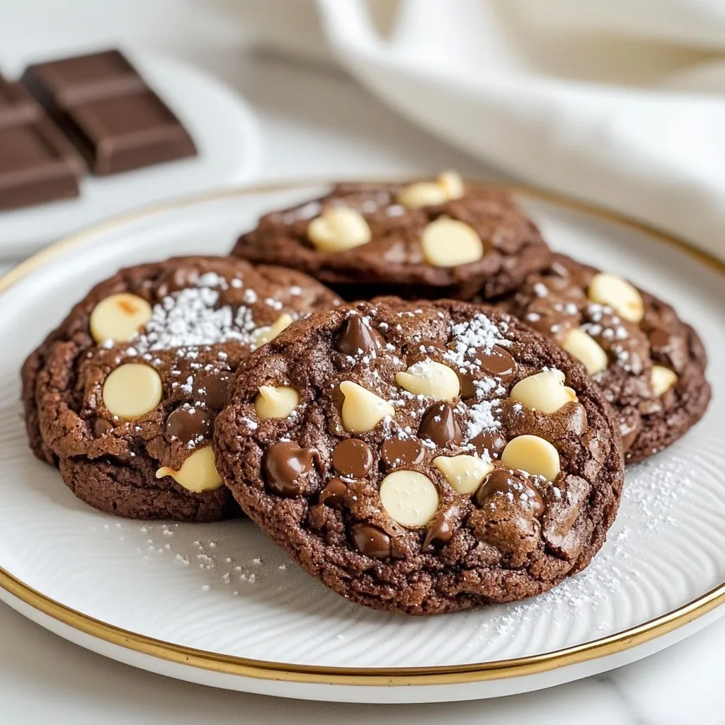 To make the perfect Triple Chocolate Brownie Cookies, gather these ingredients: - 1 cup unsalted butter, melted - 1 cup brown sugar - ½ cup granulated sugar - 2 large eggs - 1 teaspoon vanilla extract - 1 cup all-purpose flour - ⅓ cup unsweetened cocoa powder - ½ teaspoon baking powder - ¼ teaspoon salt - 1 cup semi-sweet chocolate chips - ½ cup milk chocolate chips - ½ cup white chocolate chips These ingredients come together to create a rich, chocolatey treat. You can swap some ingredients if needed. Here are some ideas: - Use coconut oil instead of butter for a dairy-free option. - Substitute light brown sugar with dark brown sugar for a richer taste. - You can replace eggs with applesauce or a flax egg for a vegan version. - Any chocolate chips can work. Try dark chocolate or even peanut butter chips. Experimenting with substitutions can lead to new flavors. Choosing the right chocolate is key. Here are some tips: - Look for chocolate with a high cocoa content. This ensures a rich flavor. - Opt for brands that use real cocoa butter. It enhances texture and taste. - Check the ingredient list. Fewer additives mean better quality. - Buy chocolate that is fresh. It should have a shiny appearance and a good snap. Quality chocolate makes a big difference in your cookies. {{ingredient_image_1}} Start by preheating your oven to 350°F (175°C). This step is key for even baking. Next, line a baking sheet with parchment paper. This makes cleanup easier and helps cookies not stick. In a large bowl, mix 1 cup of melted butter with 1 cup of brown sugar and ½ cup of granulated sugar. Whisk them together until the mixture is smooth. You want it well combined. Then, add 2 large eggs one at a time. Whisk after each egg. Finally, stir in 1 teaspoon of vanilla extract for flavor. In another bowl, sift together 1 cup of all-purpose flour, ⅓ cup of unsweetened cocoa powder, ½ teaspoon of baking powder, and ¼ teaspoon of salt. This helps to combine the dry ingredients well and prevents clumps. Gradually mix the dry ingredients into the wet ingredients. Stir until just combined. Do not overmix; this keeps the cookies soft. Now, fold in 1 cup of semi-sweet chocolate chips, ½ cup of milk chocolate chips, and ½ cup of white chocolate chips. Ensure the chips are evenly spread throughout the dough. Using a cookie scoop or a tablespoon, drop heaping spoonfuls of dough onto the prepared baking sheet. Make sure to leave space between each cookie, as they will spread while baking. Place the baking sheet in the oven. Bake the cookies for 10 to 12 minutes. You want the edges to be set, but the centers should still be soft. Keep an eye on them as ovens can vary in temperature. Once baked, remove the cookies from the oven. Let them cool on the baking sheet for about 5 minutes. This helps them firm up a bit. After that, transfer the cookies to a wire rack to cool completely. For serving, stack the cookies on a decorative plate. You can dust them with powdered sugar for an elegant look. Pair them with a scoop of vanilla ice cream for a truly indulgent treat. Enjoy your delicious triple chocolate brownie cookies! To get the best texture, mix your wet and dry ingredients carefully. Overmixing can make your cookies tough. Stir until just combined, and you will have soft, chewy cookies. Bake them until the edges are set but the centers are still soft. This will keep them moist inside. One common mistake is using cold butter. Always melt your butter before mixing. It helps the sugars blend well. Another mistake is not measuring your flour correctly. Too much flour can lead to dry cookies. Use a spoon to scoop flour into your measuring cup and level it off. To enhance the flavor, try adding a pinch of espresso powder. It will deepen the chocolate taste. You can also sprinkle sea salt on top before baking. This will balance the sweetness and add a nice crunch. For extra richness, use high-quality chocolate chips. They make a big difference in flavor. Pro Tips Use Room Temperature Ingredients: Allow your eggs and butter to come to room temperature before mixing; this helps create a smoother batter and better texture. Don’t Overmix the Dough: Mix until just combined to keep the cookies soft and chewy; overmixing can lead to tough cookies. Chill the Dough: For thicker cookies, chill the dough for about 30 minutes before baking. This helps control the spread during baking. Experiment with Chocolate Types: Feel free to mix and match different types of chocolate chips for unique flavors, such as dark chocolate or flavored chips. {{image_2}} You can change up the chocolate in these cookies. Use dark chocolate chips instead of semi-sweet for a richer taste. You can also try using bittersweet chocolate for more depth. If you love white chocolate, add more white chocolate chips. Mixing different chocolates makes these cookies even more fun. Get creative with your add-ins! Chopped nuts like walnuts or pecans add a nice crunch. You can also toss in some dried fruit, like cherries or cranberries, for a sweet twist. Try adding a sprinkle of sea salt on top before baking. It gives a great contrast to the sweet chocolate. You can make these cookies gluten-free. Just swap the all-purpose flour for a gluten-free blend. For dairy-free cookies, use dairy-free chocolate chips and a plant-based butter. These swaps keep the cookies tasty and friendly for different diets. Everyone can enjoy a great cookie! To keep your Triple Chocolate Brownie Cookies fresh, store them in an airtight container. This helps maintain their chewy texture. If you want to keep them longer, add a slice of bread to the container. The bread keeps the cookies soft. Make sure to keep the cookies at room temperature. They can last about a week this way. If you want to save some cookies for later, freezing is a great option. First, let the cookies cool completely. Then, place them in a single layer on a baking sheet. Freeze them for about 1 hour until they are firm. Next, transfer the cookies to a freezer bag or container. Be sure to label them with the date. They can stay frozen for up to three months without losing flavor. To enjoy your cookies again, reheat them for a few minutes. Preheat your oven to 350°F (175°C). Place the cookies on a baking sheet. Heat them for about 5 minutes. This will restore their gooey centers and warm chocolate chips. Alternatively, you can use a microwave. Heat each cookie for 10-15 seconds. This will make them soft and warm, just like when they were fresh! You will know the cookies are done when the edges look set. The centers should still look soft and slightly undercooked. This helps keep them chewy. After baking, let them rest on the sheet for five minutes. This time helps them firm up a bit. Keep an eye on your cookies, as every oven is different. Yes, you can make the dough ahead of time. Just prepare it and place it in an airtight container. You can store it in the fridge for up to three days. This makes it easy to bake fresh cookies when you want them. If you want to store the dough longer, freeze it. Just scoop the dough onto a baking sheet and freeze them. Once frozen, transfer them to a bag. You can keep them for up to three months. The best way to serve these cookies is warm from the oven. You can place them in a cookie jar for a classic touch. Stacking them on a decorative plate looks nice too. A light dusting of powdered sugar adds elegance. For a fun twist, serve them with a scoop of vanilla ice cream. The warm cookie and cold ice cream make a great pairing. Enjoy them with friends or at a party for a special treat! In this article, we covered ingredients, instructions, tips, variations, and storage for Triple Chocolate Brownie Cookies. You can create soft, rich cookies by selecting quality ingredients and avoiding common mistakes. Remember, experimenting with flavors and textures can lead to great results. Store your cookies properly to keep them fresh. Use the baking tips to know when your cookies are done. With these insights, you can enjoy delicious treats at any time. Happy baking!