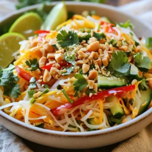 - 8 oz rice noodles - ½ cup creamy peanut butter - 3 tablespoons soy sauce - 2 tablespoons sesame oil - 2 tablespoons honey or maple syrup - 1 tablespoon rice vinegar - 1 tablespoon Sriracha - Fresh cilantro for garnish - Lime wedges for serving - 1 cup red bell pepper, julienned - 1 cup cucumber, julienned - 1 cup carrots, shredded - ½ cup green onions, chopped Gathering the right ingredients is key to making this spicy peanut noodle salad. The main ingredients, like rice noodles and creamy peanut butter, create a tasty base. The soy sauce adds umami, while sesame oil gives a nice depth. Honey or maple syrup brings a hint of sweetness. Next, we have our flavor enhancers. Rice vinegar adds a tangy note, and Sriracha gives that spicy kick. Fresh cilantro not only looks good but also adds brightness. Lime wedges are perfect for squeezing over the top, adding zest. Don’t forget the vegetables! Red bell pepper, cucumber, carrots, and green onions bring color and crunch. These veggies not only make the salad look inviting, but they also add texture and freshness. Each bite is a burst of flavor and color, making this dish a delightful treat. {{ingredient_image_1}} To start, you need to prepare the rice noodles. Follow the package instructions carefully. Once they are cooked, drain them well. Rinse the noodles under cold water to stop the cooking process. This keeps the noodles from getting mushy. Set them aside while you make the dressing. Next, let’s create the dressing. In a medium bowl, whisk together the following: - ½ cup creamy peanut butter - 3 tablespoons soy sauce - 2 tablespoons sesame oil - 2 tablespoons honey or maple syrup - 1 tablespoon rice vinegar - 1 tablespoon Sriracha (you can adjust this to control the heat) Whisk until smooth and well combined. This dressing gives the salad its rich, spicy flavor. Now, it’s time to mix everything together. In a large mixing bowl, combine the cooked noodles with the following fresh veggies: - 1 cup red bell pepper, julienned - 1 cup cucumber, julienned - 1 cup carrots, shredded - ½ cup green onions, chopped Pour the peanut dressing over the noodles and veggies. Toss gently to combine, making sure everything is evenly coated. Transfer your colorful salad to a platter or individual bowls. For the final touch, garnish with: - ¼ cup roasted peanuts, chopped - Fresh cilantro for garnish Serve with lime wedges on the side. The lime adds a nice zesty kick that brightens the dish. Enjoy your tasty, fresh Spicy Peanut Noodle Salad! - Always cook the rice noodles according to the package. - Watch the clock! Overcooked noodles turn mushy. - After cooking, drain and rinse the noodles well. - Rinsing stops the cooking and keeps them from sticking. - Want it spicier? Add more Sriracha! - If you prefer less sweetness, try using maple syrup instead of honey. - This swap makes the dish vegan-friendly. - Use bright, colorful veggies for a great look. - Chill the salad before serving for a refreshing taste. - Garnish with chopped peanuts and cilantro for added flair. - Lime wedges add a zesty touch that brightens the dish. Pro Tips Use Fresh Ingredients: Fresh vegetables like bell peppers, cucumbers, and carrots not only enhance the flavor but also add a satisfying crunch to your salad. Customize the Heat: Adjust the amount of Sriracha in the dressing according to your spice tolerance. You can start with less and add more to taste. Peanut Butter Consistency: For a smoother dressing, consider warming the peanut butter slightly in the microwave before mixing. This will help it blend more easily. Make it Ahead: This salad can be made a few hours in advance. Just keep the dressing separate until you're ready to serve to prevent the noodles from becoming soggy. {{image_2}} You can add protein to your Spicy Peanut Noodle Salad in many ways. Grilled chicken adds a savory touch. Shrimp gives a nice seafood flavor. Tofu is a great choice for plant-based eaters. It soaks up flavors well and keeps the dish light. If you want a vegetarian option, try adding chickpeas or edamame. Both are rich in protein and add a nice texture. If you want to change up the noodles, try spiralized vegetables. Zucchini or carrots work great for a fresh twist. Whole grain noodles are also a good choice. They add fiber and a nutty taste. For gluten-free options, use rice noodles or gluten-free pasta. This way, everyone can enjoy the salad without worry. To enhance the flavor, consider adding nuts or seeds. Chopped peanuts are great for crunch, but sunflower seeds are tasty too. You can also mix in fresh herbs. Mint or basil can brighten up the salad. They add a fresh taste and pair well with the peanut dressing. Feel free to get creative and make it your own! Store leftovers in an airtight container. This keeps them fresh. Enjoy your salad within 2-3 days for the best taste. You can freeze this salad, but it may change texture. I suggest storing the dressing separately. This way, you keep the noodles and veggies fresh. You can serve the salad cold. If you prefer it warm, let it sit at room temperature for a bit. If you store it for longer, refresh the salad by adding a splash of lime juice or extra dressing. This brings back the flavors and keeps it tasty! Yes, you can make this salad ahead. I suggest cooking the noodles and chopping the veggies the day before. Store each in separate containers. Make the dressing and keep it in the fridge. Mix everything on the day you plan to serve it. This keeps the salad fresh and crunchy. If you need a substitute for peanut butter, try almond butter or sunflower seed butter. These options work well and provide a nice flavor. They are great for those with nut allergies or who prefer a different taste. You can also use tahini for a unique twist. To make the salad less spicy, reduce the Sriracha in the dressing. You can also add more peanut butter to balance the heat. If you want more flavor without spice, try adding a little sugar or extra honey. This will make the salad tasty without the burn. This salad goes well with grilled chicken or shrimp. You can also serve it with spring rolls for a fun meal. For a vegetarian option, add some crispy tofu. The salad is light and fresh, making it a perfect side for heavier dishes. This peanut noodle salad is packed with flavor and easy to make. You can customize it with your favorite veggies and proteins. Remember to rinse noodles well and adjust the dressing to your taste. Enjoy it fresh or store it for later. This recipe is great for meal prep and sharing. With its vibrant colors and tastes, it's sure to please everyone. Whether it’s a meal or a side, it is simple and delicious. Don't hesitate to try variations and enhance your experience!