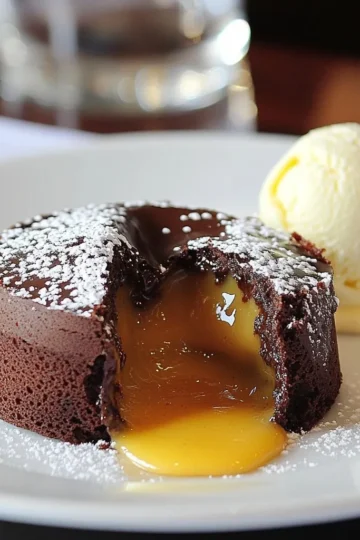 To make a flourless chocolate lava cake, you need: - 1 cup semi-sweet chocolate chips - 6 tablespoons unsalted butter - 3 large eggs - 1/2 cup granulated sugar - 1 teaspoon vanilla extract - 1/4 teaspoon salt - 1/4 cup unsweetened cocoa powder These simple ingredients create a rich and gooey dessert that everyone loves. You can enhance your cake with these extras: - Powdered sugar for dusting - Vanilla ice cream for serving These additions make your lava cake even more delightful. This dessert is naturally gluten-free since it uses no flour. If you want to make it dairy-free, you can swap the butter and chocolate for dairy-free options. Always check labels to ensure they meet your needs. {{ingredient_image_1}} Start by preheating your oven to 425°F (220°C). Grease four ramekins with unsalted butter. Make sure to cover the entire inside. Then, dust each ramekin with cocoa powder. This step helps the cakes pop out easily after baking. In a microwave-safe bowl, mix the semi-sweet chocolate chips with the unsalted butter. Heat them in the microwave for 30 seconds. Stir the mixture well after each interval. Keep doing this until it is smooth and shiny. This blend is the heart of your lava cake. In another bowl, crack three large eggs. Add the granulated sugar, vanilla extract, and salt. Whisk these together until the mix is pale and frothy. Next, pour the melted chocolate mixture into this egg mix. Fold the two together gently. Be careful not to overmix; we want a rich, smooth batter. Sift the unsweetened cocoa powder over your batter. Gently fold it in until combined. Now, divide the batter evenly among the prepared ramekins, filling each about 3/4 full. Place the ramekins on a baking sheet for easy handling. Bake in your preheated oven for 12-14 minutes. The edges should be firm, but the center will still jiggle slightly. After baking, let the cakes cool for 1-2 minutes. Carefully flip each ramekin onto a serving plate. The cakes should slide out easily. If you want, dust them with powdered sugar for a nice touch. Serve warm, and don't forget a scoop of vanilla ice cream for extra delight! To get that gooey center, watch your baking time closely. Bake the cakes for 12 to 14 minutes. The edges should feel firm, but the center must jiggle. If you bake too long, the center will cook through. Use a timer to help you avoid overbaking. Every oven is different, so check a minute early. Trust me, the perfect lava cake is all about timing. If you have any leftover lava cakes, store them in the fridge. Place them in an airtight container to keep them fresh. They will last for about three days. When you’re ready to eat them, reheat in the microwave. Heat for about 20 seconds. This warms them without losing the gooey center. Enjoy them warm for the best taste. The type of chocolate you use makes a big difference. I recommend semi-sweet chocolate chips for a rich flavor. Dark chocolate works too, if you want a more intense taste. Just remember, the better the chocolate, the better the cake. Look for high-quality brands with simple ingredients. Always choose chocolate you love to eat on its own. Pro Tips Perfect Chocolate Melting: To avoid scorching the chocolate, melt it in short 30-second intervals, stirring in between to ensure even melting without burning. Check for Doneness: The ideal lava cake should have firm edges and a soft, gooey center. If unsure, do a toothpick test; it should come out with moist crumbs, not wet batter. Cooling Time: Allow the cakes to cool for just 1-2 minutes before inverting. This helps set the edges while keeping the center molten. Serving Suggestions: For an extra touch of elegance, serve with a dollop of whipped cream or a fresh raspberry alongside the vanilla ice cream. {{image_2}} You can spice up your flourless chocolate lava cake with fun flavors. Want a minty twist? Just add a few drops of mint extract to the batter. This will give it a cool and fresh taste. If you love coffee, add one tablespoon of instant coffee granules. It brings out the chocolate flavor nicely. For a fruity touch, mix in some orange zest. Each flavor adds a new layer of fun to this dessert. If you want a healthier cake, switch the granulated sugar. You can use coconut sugar or maple syrup. Coconut sugar has a lower glycemic index, so it’s a bit better for your health. If you use maple syrup, reduce the amount of butter slightly. This keeps the cake moist while making it a bit lighter. These swaps keep the richness you love but make it a tad healthier. Want to make this cake gluten-free? You're already set! The recipe contains no flour. For a dairy-free option, use vegan chocolate chips and coconut oil instead of butter. The taste remains rich and delicious. If you have egg allergies, try using flax eggs. Mix one tablespoon of ground flaxseed with three tablespoons of water for each egg. Let it sit until it thickens. These swaps help you enjoy this tasty dessert no matter your dietary needs. To store leftover lava cakes, let them cool first. Place them in airtight containers. Keep them in the fridge for up to three days. If you want to enjoy them later, wait to dust with powdered sugar until you're ready to serve. This keeps them looking fresh. When you're ready to eat, reheat the lava cakes. Preheat your oven to 350°F (175°C). Place the cakes on a baking sheet. Heat for about 8-10 minutes. This warms them without overcooking. You can also use the microwave. Heat on low for about 20-30 seconds. Check to see if they are warm enough. If you want to save lava cakes for later, freezing is a great option. Wrap each cooled cake tightly in plastic wrap. Then, place them in a freezer-safe bag. They can last up to three months. When you want to eat one, take it out and thaw it in the fridge overnight. Then, reheat as needed. Enjoy that molten center again! Yes, you can use dark chocolate or milk chocolate. Dark chocolate gives a rich taste. Milk chocolate offers a sweeter flavor. Just keep the same amount of chocolate chips. Adjust the sugar if you use a sweeter chocolate. Watch the edges closely while baking. They should be firm and set. The center should jiggle slightly when you shake the ramekin. If it looks too firm, it may not have a molten center. You can serve it with a scoop of vanilla ice cream. The cold ice cream pairs well with the warm cake. Fresh berries also add a nice touch. A sprinkle of powdered sugar makes it look fancy too. Yes, you can make the batter ahead of time. Just cover it and keep it in the fridge. When ready to bake, pour it into the ramekins and bake as usual. It’s a great way to save time before a dinner party! In this article, we explored making delicious chocolate lava cakes. You learned about the key ingredients and optional items to serve. I shared step-by-step instructions for perfecting your cakes, along with useful tips to achieve that molten center. We also discussed fun variations to customize your cakes and smart storage practices. As you try this recipe, have fun experimenting! Enjoy the rich flavors and warm centers. Happy baking!