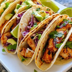To make chili lime grilled chicken tacos, you need fresh, quality ingredients. Here’s what you will need: - 4 boneless, skinless chicken breasts - 2 tablespoons olive oil - Juice of 2 limes - Zest of 1 lime - 1 tablespoon chili powder - 1 teaspoon cumin - 1 teaspoon garlic powder - 1 teaspoon onion powder - ½ teaspoon smoked paprika - Salt and pepper to taste These main ingredients bring bold flavors to the chicken. The lime juice adds tang, while the chili powder brings heat. The marinade makes the chicken juicy and full of flavor. Use these components: - Olive oil - Lime juice - Lime zest - Chili powder - Cumin - Garlic powder - Onion powder - Smoked paprika - Salt and pepper Mix these well to coat the chicken. The olive oil helps keep the meat moist. The spices create a rich taste. Toppings make your tacos exciting. Here’s what I suggest: - 8 small corn or flour tortillas - 1 cup shredded cabbage (green or purple) - ½ cup fresh cilantro, chopped - 1 avocado, sliced - Lime wedges for serving These toppings add crunch and freshness. The avocado gives creaminess, while lime wedges let you add more zing. Enjoy your tacos with these simple yet delicious toppings! {{ingredient_image_1}} To start, you need to make the marinade. In a bowl, mix olive oil, lime juice, lime zest, chili powder, cumin, garlic powder, onion powder, smoked paprika, salt, and pepper. This mix creates a bright and spicy flavor for the chicken. Next, put the chicken breasts in a resealable bag or shallow dish. Pour the marinade over the chicken. Make sure each piece is covered. Seal the bag or cover the dish. Place it in the fridge for at least 30 minutes. If you have more time, marinate for up to 2 hours. This helps the chicken soak up all that great flavor. Now, it’s time to grill! Preheat your grill to medium-high heat. Take the chicken out of the marinade and throw away the leftover marinade. Grill the chicken for about 6-7 minutes on each side. You want the internal temperature to reach 165°F. This ensures the chicken is safe to eat. Once the chicken is cooked, take it off the grill. Let it rest for 5 minutes. This resting time keeps the chicken juicy. After resting, slice it into strips. Now, warm the tortillas on the grill for about 30 seconds on each side. This makes them soft and easy to fold. To build your tacos, place a few strips of grilled chicken in each tortilla. Top it with shredded cabbage, fresh cilantro, and avocado slices. For a zesty touch, serve lime wedges on the side. Squeeze some lime juice over your tacos for extra flavor. Enjoy your delicious chili lime grilled chicken tacos! To grill chicken well, start with a clean grill. Clean grates help prevent sticking. Preheat your grill to medium-high. This temperature is best for juicy chicken. Use a meat thermometer to check doneness. Aim for 165°F (75°C) inside the chicken. Avoid flipping too often. Each side needs time to sear properly. Add more flavor with fresh herbs. You can use thyme or oregano for a twist. A sprinkle of lime zest over the tacos gives a fresh kick. Try adding a dash of hot sauce if you like heat. Before serving, drizzle some extra lime juice on top. This brightens the dish and adds zest. Marinating the chicken is key for flavor. I recommend at least 30 minutes. For the best taste, marinate for up to 2 hours. Do not marinate longer than 4 hours. The acid in lime juice can change the chicken's texture. Always keep marinated chicken in the fridge. This keeps it fresh and safe to eat. Pro Tips Marinate for Maximum Flavor: Allow the chicken to marinate for at least 2 hours, or even overnight, to enhance the flavor and tenderness. Check for Doneness: Use a meat thermometer to ensure the chicken reaches an internal temperature of 165°F (75°C) for safe consumption. Warm Tortillas Properly: Warm the tortillas on the grill or in a skillet just until pliable to prevent them from tearing when filling. Customize Your Toppings: Feel free to add toppings like diced tomatoes, jalapeños, or your favorite salsa to personalize your tacos. {{image_2}} You can swap chicken for other proteins. Try shrimp for a lighter taste. Pork is also great with chili and lime. You can use tofu for a vegetarian option. Just ensure you adjust cooking times for each protein. Change up the taco style to suit your taste. Use hard shell tacos for a crunchy bite. Soft tortillas are perfect if you prefer a classic feel. You can even turn this dish into a burrito. Just wrap everything up in a larger tortilla. If you don’t have all the ingredients, don’t worry! You can replace olive oil with avocado oil. Lemon juice works in place of lime juice. If you lack chili powder, use a mix of paprika and cayenne. Choose any fresh herbs as a substitute for cilantro. Enjoy mixing and matching to find your favorite flavors! Store leftover chicken tacos in an airtight container. Keep them in the fridge for up to three days. If you have extra toppings, store those separately. This keeps everything fresh and tasty. To reheat chicken, use a skillet over medium heat. Add a splash of water to keep it moist. Heat for about five minutes, stirring often. You can also use the microwave. Cover the chicken and heat it for 30 seconds. Check if it's warm and heat more if needed. To freeze, wrap each taco tightly in plastic wrap. Place them in a freezer bag. They can last for up to three months. When you're ready to eat, thaw them overnight in the fridge. Reheat as mentioned before for the best taste. You should marinate chicken for at least 30 minutes. This time allows the flavors to soak in. For the best taste, marinate for up to 2 hours. Longer marinating makes the chicken juicier and more flavorful. I love using simple toppings for these tacos. Here are my favorites: - Shredded cabbage (green or purple) - Fresh cilantro, chopped - Slices of avocado - Lime wedges for extra zest These toppings add color and taste. They balance the spicy and tangy chicken well. Feel free to mix and match based on your taste. Yes, you can prepare some parts ahead. Grill the chicken and store it in the fridge. You can warm it later. You can also chop toppings in advance. Keep them in separate containers. Just warm the tortillas before serving for the best taste. Chili lime grilled chicken tacos are easy and fun to make. We covered the main ingredients, marinade components, and tasty toppings. I walked you through marinating, grilling, and assembling your tacos. You also learned tips for grilling, flavor boosts, and different versions to try. Finally, I shared how to store leftovers and answer some common questions. Enjoy your cooking, and don't hesitate to get creative!