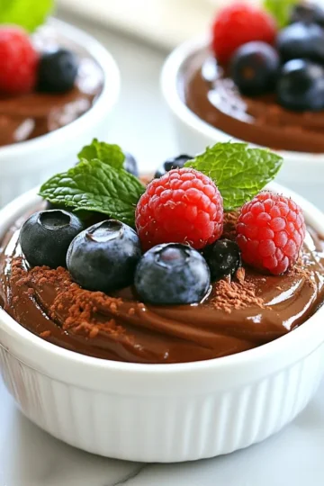 - 2 ripe avocados - 1/2 cup unsweetened cocoa powder - 1/3 cup maple syrup (or honey) - 1/4 cup almond milk (or any milk of choice) - 1 teaspoon vanilla extract - Pinch of sea salt - Fresh berries and mint leaves for garnish - Food processor - Measuring cups and spoons - Serving bowls or cups Gathering the right ingredients is key to making this creamy treat. Start with two ripe avocados. You want them soft but not brown. The cocoa powder gives the mousse its rich chocolate flavor. I use unsweetened cocoa to keep it healthy. Next, grab your sweetener. Maple syrup works well, but honey is great too. You can use either one, based on your taste. Almond milk helps blend it all together. You can swap it for any milk you prefer. Don't forget the vanilla extract! It adds a nice touch of flavor. A pinch of sea salt balances the sweetness. For garnishing, fresh berries and mint leaves make it look beautiful and fresh. Prepare your tools ahead of time. A food processor will make blending easy. Use measuring cups and spoons for accuracy. Finally, have serving bowls or cups ready for a fun presentation. With everything in place, you can dive into making this delicious avocado chocolate mousse! {{ingredient_image_1}} To start, take two ripe avocados. Ripe avocados are key to a smooth mousse. If they are hard, they won’t blend well. Slice each avocado in half, and remove the pit carefully. Use a spoon to scoop out the green flesh. Make sure you get every bit of the creamy avocado. Place the avocado in your food processor. This is the base of your mousse. Now, let’s add the other ingredients. Start with 1/2 cup of unsweetened cocoa powder. Then, pour in 1/3 cup of maple syrup or honey for sweetness. Next, add 1/4 cup of almond milk for creaminess. Don’t forget 1 teaspoon of vanilla extract and a pinch of sea salt. The order matters! Blend on high until it is smooth. Scrape the sides of the bowl to mix well. If it’s too thick, add a bit more milk. Taste your mousse, and if you want it sweeter, add more maple syrup. Blend again to combine everything. Once your mousse is smooth and creamy, it’s time to serve. Transfer the mousse into small bowls or cups. Cover them with plastic wrap. Refrigerate the mousse for at least 30 minutes. This chilling time helps the flavors mix and the texture firm up. When ready, serve the mousse chilled. Top it with fresh berries and a sprig of mint for a lovely finish. Enjoy your delicious treat! To get a velvety consistency, blend the mousse well. Use a food processor to mix everything until smooth. If it's too thick, add a splash of almond milk. If it's too thin, blend in a bit more cocoa powder. Sometimes, you may find little lumps. This can happen if the avocados are not ripe enough. Make sure to use ripe avocados for the best results. You can tell they are ripe if they feel soft when you press them gently. Tasting the mousse is key. After blending, take a small spoonful. If it needs more sweetness, add a bit more maple syrup. Blend again to mix it well. You can also try honey if you prefer. For a healthier option, consider using agave nectar or stevia. Both can give you sweetness without too many calories. Just remember to adjust the amount to your taste. Creative toppings can make your mousse look amazing. Fresh berries, like strawberries or raspberries, add color and taste. Mint leaves not only look good but also add a fresh flavor. Using berries has health benefits too. They are full of vitamins and antioxidants. Mint also helps with digestion. So, topping your mousse with these can make it both pretty and good for you. Pro Tips Use Ripe Avocados: Ensure your avocados are perfectly ripe for the best creamy texture and flavor. They should yield slightly to gentle pressure when squeezed. Adjust Sweetness: After blending, taste the mousse and adjust the sweetness to your preference. A little extra maple syrup or honey can enhance the flavor. Chill for Best Results: Allow the mousse to chill in the refrigerator for at least 30 minutes before serving. This helps the flavors to meld and improves the texture. Garnish Creatively: Top your mousse with a variety of fresh fruits, nuts, or a drizzle of chocolate sauce for an attractive presentation and added flavor. {{image_2}} You can boost the flavor of your avocado chocolate mousse in fun ways. Try adding a shot of espresso or a tablespoon of coffee. This gives the mousse a rich mocha taste. If you want to change the milk, use different nut milks. Almond milk adds a subtle flavor, but cashew or coconut milk offers a creamier touch. Want to make this mousse vegan? Just swap honey for maple syrup. Use plant-based milk to keep it dairy-free. If you're watching sugar intake, use less maple syrup or try a sugar substitute. You can enjoy this treat without guilt. For extra creaminess, add nut butters like almond or cashew. These add flavor and a smooth texture. Coconut is another great choice. You can also spice things up! A pinch of cinnamon gives warmth, while a hint of cayenne adds a kick. Experimenting with these options makes your mousse unique and tasty. To store leftover mousse, place it in an airtight container. This helps keep the mousse fresh. You can also cover the serving bowls with plastic wrap. Make sure the wrap touches the mousse to prevent air exposure. The mousse will stay fresh in the fridge for up to three days. Before serving, check the texture. If it seems too thick, stir in a little almond milk. This will restore its creamy goodness. Yes, you can freeze avocado chocolate mousse! To do this, scoop the mousse into a freezer-safe container. Make sure to leave some space at the top since it will expand when frozen. The mousse can last in the freezer for up to two months. When you want to enjoy it, remove it from the freezer. Let it thaw in the fridge for several hours or overnight. This keeps the texture smooth and creamy. If it feels a bit icy, blend it again to restore the velvety feel. Yes, you can make this mousse ahead of time. It stays fresh in the fridge for up to three days. Just store it in an airtight container to keep it from drying out. This makes it perfect for parties or special dinners. Making it ahead also lets the flavors blend nicely. The texture should be rich and creamy. It should feel smooth in your mouth. When you blend the ingredients well, it becomes velvety. If it’s too thick, add a bit more almond milk. If it’s too thin, blend it longer. You want a luscious mousse that feels indulgent. Yes, avocados offer many health benefits. They are high in healthy fats that are good for your heart. They also add fiber, which is great for digestion. Plus, avocados have vitamins like E and K. Using them in dessert gives you a treat that’s not only tasty but also nutritious. Absolutely! You can experiment with different chocolates. Dark chocolate gives a bold flavor. Milk chocolate makes it sweeter and creamier. You can even use white chocolate for a unique twist. Just keep in mind that the sweetness may vary, so adjust the maple syrup accordingly. This blog post walked you through making a creamy avocado chocolate mousse. We covered ingredients, tools needed, and step-by-step instructions. I shared tips for perfecting texture and sweetening to your taste. You learned fun variations and how to store your mousse for later enjoyment. Incorporating avocados into desserts gives a tasty twist and boosts nutrition. Now you can impress others with this healthy treat that everyone will love. Enjoy your delicious mousse!