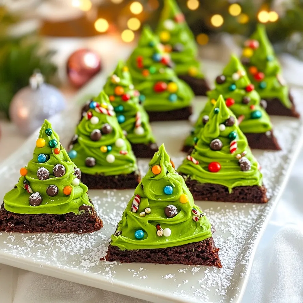To make these fun brownies, you need a few simple items. Here’s what you’ll need: - 1 box brownie mix (plus ingredients called for on the box) - 1 cup green frosting (store-bought or homemade) - 1 cup mini chocolate chips - 1 package of pretzel sticks (for tree trunks) You can make your brownies extra special with some fun decorations. Here are some ideas: - 1 cup assorted edible decorations (like sprinkles, candy stars, and edible glitter) - Fresh mint leaves or edible flowers (for garnish, optional) You’ll need some essential tools to make your Christmas Tree Brownies. Gather these items before you start: - Baking pan - Parchment paper - Spatula - Knife - Toothpick (for testing doneness) With these ingredients and tools, you're ready to create a festive treat! {{ingredient_image_1}} Start by preheating your oven. Follow the instructions on your brownie mix box. Grease a baking pan and line it with parchment paper. This helps the brownies come out easily. In a large bowl, mix the brownie mix with eggs, oil, and water as directed. Stir until smooth and combined. Pour the batter into the pan, making sure to spread it evenly. Next, place the pan in the oven. Bake the brownies for the time listed on the box. To check if they are done, insert a toothpick. If it comes out with a few moist crumbs, they are ready. Once baked, let the brownies cool in the pan. This usually takes about 30 minutes. Cooling is important to get clean cuts. Once cooled, carefully remove the brownies from the pan. If needed, trim the edges for neatness. Use a sharp knife to cut the brownies into triangle shapes. These will look like Christmas trees. Now, grab your green frosting. Spread a thick layer on each triangle. Use a spatula to make it nice and smooth. It is time to make these brownies festive! Sprinkle mini chocolate chips on top of the frosting. These will look like ornaments on your tree. Next, use your assorted edible decorations. Add sprinkles, candy stars, or edible glitter to each brownie. Lastly, take a pretzel stick and insert it at the bottom of each tree. This will act as the trunk. You can add mint leaves or edible flowers for a pretty garnish if you like. Enjoy your delicious Christmas Tree Brownies! To get the best texture in your brownies, follow these steps. First, check your oven temperature with a thermometer. An oven that is too hot can dry out your brownies. Always mix the ingredients just until combined. This keeps them soft and fudgy. When baking, use a toothpick to test for doneness. Pull them out when a few moist crumbs cling to the toothpick. Let them cool completely before cutting. This helps them hold their shape well. For frosting, use a spatula to spread green frosting smoothly. You can also pipe the frosting for a fun look. Try to make swirls or peaks like tree branches. When adding mini chocolate chips, do this right after frosting. This way, they stick better. Use colorful sprinkles, candy stars, or edible glitter to make your trees shine. Let your creativity flow! When serving your brownie trees, arrange them on a festive platter. A cake stand can add height and drama. To create a snowy effect, sprinkle powdered sugar on top. You can also use coconut flakes to mimic fresh snow. For a nice touch, add fresh mint leaves or edible flowers next to each brownie. This makes your dessert look even more special. Pro Tips Use Quality Ingredients: Opt for high-quality brownie mix and frosting for the best flavor and texture. Cool Completely: Ensure brownies are completely cooled before cutting; this helps maintain their shape. Creative Decorations: Get creative with edible decorations; consider using candy canes or chocolate stars for a festive touch. Perfect Shape: For perfect tree shapes, use a template or cookie cutter to guide your brownie cutting. {{image_2}} You can make these brownies gluten-free by using a gluten-free brownie mix. Just check the box for the right ingredients. For a vegan version, use a vegan brownie mix. Replace eggs with applesauce or flaxseed meal mixed with water. These swaps keep the brownies moist and delicious. While green frosting shines for Christmas, you can have fun with colors. Try red or white frosting for a different look. You can mix food coloring into white frosting to create any shade you like. This adds a personal touch to your treats. Get creative with your decorations! Use candy canes for a winter theme. Add edible glitter for sparkle. You can also use colored sprinkles or mini marshmallows to create a snowy effect. For a nature theme, add small chocolate acorns or fresh berries. The ideas are endless, and you can make each brownie unique! After enjoying your Christmas tree brownies, store any leftovers properly. Place them in an airtight container. This keeps them soft and moist. Line the bottom of the container with parchment paper for extra protection. If you have cut brownies, place a piece of wax paper between layers. This prevents them from sticking together. If you want to save your brownies for later, freezing is easy. First, let the brownies cool completely. Then, wrap each brownie in plastic wrap. After wrapping, place them in a freezer bag or container. This keeps them fresh for up to three months. To enjoy, just take them out and let them thaw at room temperature. To keep your decorations looking great, store brownies carefully. If you have added mint leaves or edible flowers, remove them before storing. These can wilt quickly. Keep the decorations in a separate container. Add them back on just before serving. This keeps everything fresh and lovely, perfect for your holiday table. Yes, you can use a homemade brownie recipe. Just make sure it is thick enough to hold the tree shape. Follow your favorite recipe, then cool and cut the brownies into triangles. Spread frosting and decorate as you would with a mix. Homemade brownies add a personal touch. If you don't have pretzel sticks, you can use chocolate-covered or regular cookies. You could also try candy canes for a fun twist. Just make sure the alternative fits well and stands up. The goal is to create a sturdy base that looks festive. Christmas Tree Brownies will stay fresh for about 3 to 4 days. Store them in an airtight container at room temperature. If you want them to last longer, keep them in the fridge for up to a week. Just remember that decorations may not hold up well for too long. Yes, you can make these brownies a day or two ahead of time. Just bake and cool them, then store in an airtight container. Frost and decorate them closer to serving time. This way, the frosting and decorations stay fresh and look great. You learned how to make fun Christmas Tree Brownies. We've covered the key ingredients, tools, and step-by-step instructions. You also explored tips for texture, different variations, and storage methods. These brownies are a great treat for any holiday gathering. Try out your own decorations and flavors to make them unique. Enjoy baking and sharing these festive delights!