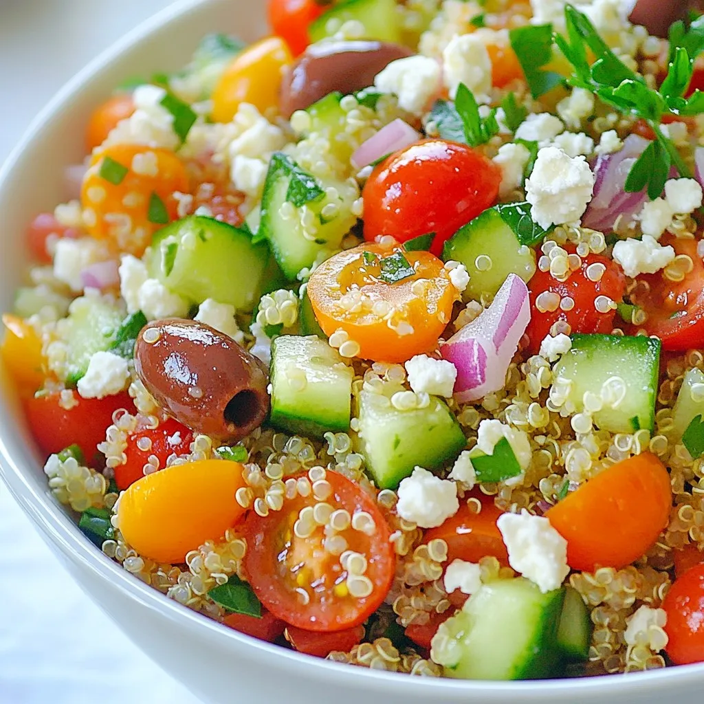 - 1 cup quinoa - 2 cups vegetable broth or water - 1 cup cherry tomatoes, halved - 1 cucumber, diced - 1 red bell pepper, diced - ½ red onion, finely chopped - ½ cup Kalamata olives, pitted and sliced - ½ cup feta cheese, crumbled - ¼ cup fresh parsley, chopped - ¼ cup extra virgin olive oil - 2 tablespoons lemon juice - Salt and pepper, to taste Quinoa serves as the base of this salad. It’s gluten-free and full of protein. You can rinse it well to remove any bitter taste. Use vegetable broth or water to cook the quinoa. This adds a nice flavor. Cherry tomatoes give a sweet and juicy burst. Diced cucumber adds crunch. The red bell pepper brings color and sweetness. The red onion gives a little bite. Kalamata olives add saltiness and depth. Feta cheese adds creaminess and tang. The fresh parsley brightens the dish. Extra virgin olive oil adds richness. Lemon juice balances flavors with its acidity. Salt and pepper help to enhance the taste. Gather all these ingredients to create a vibrant and tasty Mediterranean quinoa salad. Each bite is full of flavor and nutrition. {{ingredient_image_1}} Start by rinsing 1 cup of quinoa under cold water. This step removes the bitter taste. Next, combine the rinsed quinoa with 2 cups of vegetable broth or water in a saucepan. Bring this mixture to a boil over medium heat. Once boiling, reduce the heat to low and cover the pan. Let it simmer for about 15 minutes. The quinoa will absorb the liquid and become fluffy. After cooking, remove it from the heat and let it cool. While the quinoa cools, chop your vegetables. You will need 1 cup of halved cherry tomatoes, 1 diced cucumber, and 1 diced red bell pepper. Also, finely chop ½ of a red onion, and slice ½ cup of Kalamata olives. Finally, chop ¼ cup of fresh parsley. Combine all these veggies in a large mixing bowl. Their bright colors will make the salad look inviting. Once the quinoa has cooled, add it to your bowl of chopped vegetables. In a small bowl, whisk together ¼ cup of extra virgin olive oil, 2 tablespoons of lemon juice, and salt and pepper to taste. Drizzle this dressing over the quinoa and vegetable mix. Gently toss everything together, ensuring the flavors blend well. Finally, sprinkle ½ cup of crumbled feta cheese on top and fold it in gently. Taste your salad and adjust the seasoning if needed. - Rinsing quinoa before cooking: Always rinse your quinoa before you cook it. This step removes the bitter coating called saponin. Rinsing helps give the quinoa a clean taste. Just place the quinoa in a fine mesh strainer and run cold water over it for about one minute. - Allowing quinoa to cool properly: After cooking, let the quinoa cool down. Spread it on a plate or in a bowl to speed up the cooling. This step helps each grain stay separate. Mixing warm quinoa with cold veggies can make them wilt. - Adding herbs like mint or basil: Fresh herbs add great flavor. Try adding mint or basil to your salad. They bring a bright taste that pairs well with the other ingredients. Just chop them finely before mixing them in. - Using different types of olives: You can try various olives for extra flavor. Kalamata olives are a classic choice, but green olives can add a nice twist. Experiment with what you like best! - Serving in a bowl or on plates: For a casual meal, serve the salad in a large bowl. For a fancy touch, serve it on individual plates. This makes it look special and inviting. - Garnishing with parsley and lemon wedges: To make your salad pop, add fresh parsley on top. Lemon wedges also make a nice touch. They add color and give you a zesty option to squeeze over your salad right before eating. Pro Tips Rinse the Quinoa: Rinsing quinoa before cooking removes its natural coating called saponin, which can taste bitter. Make sure to rinse it well under cold water for the best flavor. Add More Veggies: Feel free to customize the salad by adding more vegetables like bell peppers, zucchini, or even artichokes for added flavor and nutrients. Let It Chill: For the best flavor, allow the salad to sit in the refrigerator for at least 30 minutes before serving. This helps the flavors meld together beautifully. Choose Quality Olive Oil: Since olive oil is a key ingredient in the dressing, using high-quality extra virgin olive oil will enhance the overall taste of the salad. {{image_2}} You can make this salad heartier by adding protein. Try grilled chicken for a tasty twist. Chicken adds a savory flavor. You can also use chickpeas for a plant-based option. They bring protein and fiber to your meal. For a seafood touch, add shrimp. Shrimp cooks quickly and adds a nice bite. Just grill or sauté them briefly before mixing them in. If you want a vegan option, skip the feta cheese. You can replace it with a vegan cheese. This keeps the salad creamy and flavorful. Also, consider swapping olive oil for avocado oil. Avocado oil has a mild taste and is great for salads. It’s healthy and adds a nice richness. Using seasonal ingredients can boost the salad's flavor. Feel free to swap out veggies based on what’s fresh. In summer, use zucchini or bell peppers. In fall, roasted squash or sweet potatoes work well. Roasted vegetables add depth and warmth. Toss them in after they cool for a tasty update. To store leftovers, place the quinoa salad in an airtight container. This helps keep the flavors fresh. Make sure to cool the salad to room temperature first. Then, seal the container tightly. I recommend using glass containers. They are easy to clean and do not stain. If you want to freeze quinoa salad, it is best to separate the salad into smaller portions. This makes thawing easier. Use freezer-safe bags or containers. When you're ready to eat, thaw the salad in the fridge overnight. To reheat, use the microwave on low power. Stir the salad gently to warm it evenly. The salad lasts about 3 to 5 days in the fridge. Always check for signs of spoilage. If the salad smells off or the vegetables look mushy, it is best to throw it away. Freshness is key to enjoying this dish! To make this salad vegan, you can swap out the feta cheese. Try using a vegan cheese or simply leave it out. You can also add more olives or nuts for extra flavor. Use extra virgin olive oil and lemon juice as your dressing. Check that your vegetable broth is vegan-friendly. Yes, you can use other grains. Farro or brown rice work well in this salad. Both grains add a nice texture. They also provide a different flavor. Just cook them according to their package instructions. Then, mix them with your veggies just like quinoa. I like to serve this salad cold or at room temperature. It tastes fresh and bright. You can serve it in a large bowl or on individual plates. Garnish with extra parsley and lemon wedges for a pop of color. This blog post outlines how to make a fresh Mediterranean quinoa salad. You learned about the key ingredients, like quinoa, vegetables, and feta. The step-by-step instructions guide you in cooking and mixing. We discussed tips for perfecting quinoa and enhancing flavor. Variations allow you to customize it with proteins or seasonal produce. Lastly, storage info helps keep leftovers fresh. Enjoy this healthy meal that is easy to prepare and packed with taste!