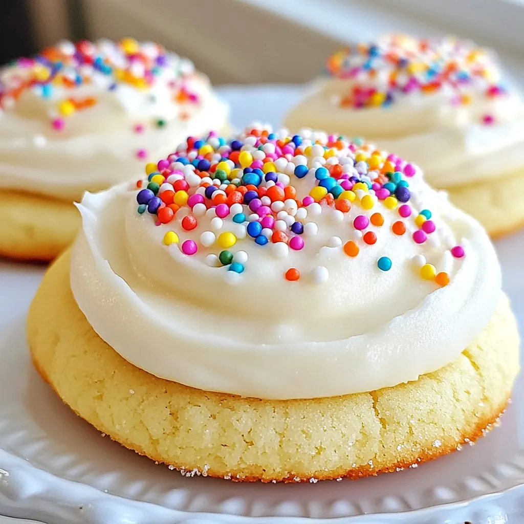 To make Lofthouse style sugar cookies, you need the following main ingredients: - 2 ¾ cups all-purpose flour - 1 teaspoon baking soda - ½ teaspoon baking powder - 1 cup unsalted butter, softened - 1 ½ cups granulated sugar - 1 egg - 1 teaspoon vanilla extract - ½ teaspoon almond extract - ½ teaspoon salt - ¼ cup powdered sugar (for rolling) These ingredients come together to create a soft, sweet base for your cookies. For the frosting, you can use: - 1 cup frosting (store-bought or homemade) - Sprinkles for decoration Frosting adds a special touch, while sprinkles make them fun and festive. You can swap some ingredients if needed: - Use coconut oil instead of butter for a dairy-free option. - Substitute almond extract with extra vanilla extract if you prefer. - If you lack powdered sugar, granulated sugar can work, but the texture will change. These substitutions still give you tasty cookies, so feel free to get creative! {{ingredient_image_1}} To start, gather your ingredients. You will need flour, baking soda, baking powder, salt, butter, sugar, egg, and extracts. In a medium bowl, whisk together the flour, baking soda, baking powder, and salt. This step is key for a light dough. In a large bowl, cream the softened butter and granulated sugar. Use an electric mixer for about 3-4 minutes. The mixture should look light and fluffy. Next, add the egg, vanilla, and almond extracts. Mix until everything is well combined. Gradually add the flour mixture to the wet ingredients. Mix until just combined to avoid tough cookies. Once your dough is ready, it’s time to chill it. Place the dough in the refrigerator for at least 30 minutes. Chilling makes the dough easier to handle. While the dough chills, preheat your oven to 375°F (190°C). Line your baking sheets with parchment paper. This helps the cookies not stick and makes cleanup easy. Now it’s time to scoop and shape the cookies. Take tablespoons of dough and roll them into balls. Roll each ball in powdered sugar for a sweet touch. Place the balls on the prepared baking sheets, leaving about 2 inches of space between them. Flatten each ball slightly. Use the bottom of a glass or your palm to press down until they are about ½ inch thick. Bake for 8-10 minutes. The edges should be lightly golden, while the centers may look soft. Do not worry; they will cook more on the baking sheet. Let the cookies cool for about 5 minutes on the sheet. Then transfer them to a wire rack to cool completely. After cooling, top with frosting and add sprinkles for fun. Enjoy your sweet treats! To get soft, fluffy Lofthouse cookies, you need the right mix. Start with room temperature butter. This helps the butter and sugar mix well. Cream them together until light and fluffy. It should take about 3-4 minutes. Do not overmix the dough after adding the flour. This keeps the cookies soft. Remember to chill the dough for 30 minutes before baking. Chilling helps the cookies keep their shape and stay soft. Frosting your cookies can be fun! Use store-bought or homemade frosting. If using homemade, let it cool first. For a smooth finish, use a small offset spatula. Start from the center and spread outwards. If you want a thicker layer, add more frosting. Finish with colorful sprinkles for a pop of fun. You can also drizzle melted chocolate for extra flavor. To keep cookies fresh, store them in an airtight container. They will stay soft for up to a week. If you want to freeze them, place cookies in a single layer on a baking sheet. Once frozen, move them to a freezer bag. They can last for three months in the freezer. Frosted cookies should be eaten fresh for the best taste. You can frost them right before serving. Pro Tips Chill the Dough: Chilling the cookie dough helps prevent the cookies from spreading too much during baking, resulting in thicker, softer cookies. Use Fresh Ingredients: Ensure your baking powder and baking soda are fresh for the best rise and texture in your cookies. Don’t Overbake: Cookies may appear underbaked in the center when you take them out; they will continue to cook on the baking sheet, ensuring a soft and chewy texture. Frosting Tips: For a smoother frosting finish, let the cookies cool completely before applying frosting to prevent melting. {{image_2}} You can play with flavors in Lofthouse cookies. Try adding lemon zest for a bright twist. Mix in cocoa powder for a rich chocolate version. You can even swap almond extract for orange extract. These small changes can create big flavor. Experiment and find your favorites. These cookies shine with seasonal themes. For holidays, use red and green sprinkles for Christmas. Use pastel colors for Easter. In the fall, add orange and yellow sprinkles. You can also shape the cookies into hearts for Valentine’s Day. Let your creativity flow, and make each batch special. While store-bought frosting is easy, you can make your own too. A cream cheese frosting adds a tangy flavor to the cookies. A simple glaze made of powdered sugar and milk works great. For a fun twist, try chocolate ganache. Each frosting gives a unique taste and look. Choose one that fits your mood or theme! To keep your Lofthouse cookies fresh, store them in an airtight container. This helps to lock in moisture, keeping the cookies soft. If you stack the cookies, place parchment paper between layers. This prevents them from sticking together. Store them at room temperature for up to five days. If you want to keep them longer, consider freezing them. You can freeze both the cookie dough and the baked cookies. For dough, form it into balls and flash freeze them on a baking sheet. Once they are firm, transfer them to a freezer bag. They can last for three months in the freezer. To bake, just add a few extra minutes to the bake time. For baked cookies, let them cool completely before wrapping them in plastic wrap. Place them in a freezer bag or container. They will stay fresh for about three months. Undecorated cookies last longer than decorated ones. If you store undecorated cookies, they can stay fresh for up to five days at room temperature. Decorated cookies, with frosting and sprinkles, are best enjoyed within three days. The frosting can soften the cookie and affect its texture. Always keep decorated cookies in an airtight container. Lofthouse cookies stand out due to their soft, cake-like texture. They have a rich, buttery flavor that melts in your mouth. Their thick frosting adds sweetness, making them a favorite for many. The bright sprinkles on top make these cookies fun and festive. You can find them in many stores, but making them at home is even better. The joy of baking these cookies brings the whole family together. Yes, you can make Lofthouse cookies gluten-free! Simply swap all-purpose flour with a gluten-free blend. Many brands offer a 1-to-1 ratio, which works well. Just ensure the blend you choose has xanthan gum. This will help mimic the texture of regular flour. Always check the labels for any hidden gluten in other ingredients. This way, you can enjoy soft and tasty cookies no matter your diet. To keep your cookies soft and fluffy, do not overmix the dough. Mixing too much can make them tough. Chilling the dough also helps, as it firms it up for easy handling. When baking, do not let them brown too much. They should look slightly underbaked in the center. Let them cool on the baking sheet for a few minutes before moving them. This allows them to finish cooking gently. In this article, we've covered how to make perfect Lofthouse cookies. We discussed key ingredients, baking steps, and storage tips. Remember, the right texture and frosting technique matter. Feel free to try different flavors and decorations to make your cookies stand out. With the tips shared, you can enjoy delicious cookies that stay fresh longer. Now, it's time to bake and create your own cookie magic!