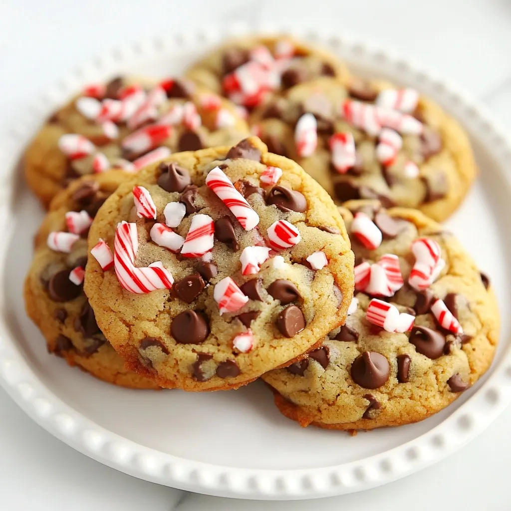 To make these Candy Cane Chocolate Chip Cookies, you need some key items: - 1 cup unsalted butter, softened - 1 cup brown sugar, packed - ½ cup granulated sugar - 2 large eggs - 2 teaspoons vanilla extract - 3 cups all-purpose flour - 1 teaspoon baking soda - ½ teaspoon salt - 1 cup semi-sweet chocolate chips - ½ cup crushed candy canes (about 3-4 candy canes) These ingredients create a perfect balance of flavor and texture. If you want to add more taste, consider these options: - Additional crushed candy canes for topping - A pinch of cinnamon for warmth - A splash of peppermint extract for extra minty flavor These additions can give your cookies a festive twist. You might not have every ingredient on hand. Here are some swaps: - Use coconut oil instead of butter for a dairy-free option. - Swap brown sugar with coconut sugar for a less processed choice. - Try using almond flour for a gluten-free version, but adjust the amount since it absorbs more liquid. These substitutions help you make these cookies fit your dietary needs or preferences. {{ingredient_image_1}} Start by preheating your oven to 350°F (175°C). This ensures even baking. Next, line two baking sheets with parchment paper. This helps cookies not stick to the sheets. You can also use silicone mats if you have them. Both options make clean-up easy. In a large mixing bowl, add 1 cup of softened unsalted butter. Add 1 cup of brown sugar and ½ cup of granulated sugar. Use a mixer to cream these ingredients together. Mix until it becomes light and fluffy. This takes about 2-3 minutes. Now, beat in 2 large eggs one at a time. Make sure to mix well after each egg. Finally, add 2 teaspoons of vanilla extract. This gives the cookies a nice flavor. In a separate bowl, whisk together 3 cups of all-purpose flour, 1 teaspoon of baking soda, and ½ teaspoon of salt. This step ensures that the baking soda and salt are evenly mixed. It helps the cookies rise and taste good. It's important to measure your flour correctly. Too much can make the cookies dry. Now, gradually add the dry mixture to the wet ingredients. Mix until just combined. Do not over-mix; this keeps the cookies soft. Next, fold in 1 cup of semi-sweet chocolate chips and ½ cup of crushed candy canes. Make sure they are evenly distributed in the dough. Using a cookie scoop or a tablespoon, drop rounded balls of dough onto the prepared baking sheets. Space them about 2 inches apart. If you want, sprinkle more crushed candy canes on top for a fun touch. Place the sheets in the preheated oven. Bake for 10-12 minutes. Look for edges that are lightly golden and centers that are set. When they are done, remove the cookies from the oven. Let them cool on the baking sheets for about 5 minutes. Then, transfer them to wire racks to cool completely. This helps them stay soft and chewy. Enjoy your delicious Candy Cane Chocolate Chip Cookies! To get soft and chewy cookies, use room-temperature butter. Softened butter blends well with sugars, creating a fluffy base. Mix until light and airy. This step is key. Don’t overmix when adding flour. Stop as soon as you see no dry flour. This helps keep the cookies soft. Bake just until the edges turn golden. Let them cool on the sheets for a few minutes. This helps them finish baking gently. Using the right tools makes a big difference. Here are some I recommend: - Mixing bowls: A large bowl for wet and a smaller one for dry ingredients. - Electric mixer: This speeds up mixing and makes it easier to cream butter and sugars. - Cookie scoop: It helps you make uniform cookie sizes. This ensures even baking. - Parchment paper: Line your baking sheets with this to prevent sticking. - Cooling racks: These allow air to circulate around cookies, helping them cool evenly. You can boost flavor with fun toppings. Here are some ideas: - Extra crushed candy canes: Sprinkle these on top before baking for a crunchy finish. - Sea salt: A pinch of sea salt adds a nice contrast to the sweetness. - Chocolate drizzle: Melt some chocolate and drizzle it over cooled cookies for a treat. - Nuts: Chopped nuts like walnuts or pecans can add a nice crunch and flavor. These tips will help you create the best Candy Cane Chocolate Chip Cookies. Enjoy the process and the delicious results! Pro Tips Chill the Dough: For thicker cookies, chill the dough in the refrigerator for at least 30 minutes before baking. This helps prevent spreading and results in a chewier texture. Use High-Quality Chocolate: Using premium semi-sweet chocolate chips will enhance the flavor of your cookies. Look for brands with high cocoa content for the best results. Fresh Candy Canes: Crush fresh candy canes for a more vibrant flavor and color. Stale candy canes may lose their crunch and taste. Don't Overbake: Keep an eye on your cookies while they bake. Remove them from the oven when the edges are golden but the centers are still slightly soft for a perfect chewy texture. {{image_2}} You can switch up the flavors in these cookies. Try adding peppermint extract for more minty taste. You might also use white chocolate chips instead of semi-sweet. If you want a fruity twist, add dried cranberries or cherries. These simple changes can make your cookies fun and new! For gluten-free cookies, substitute all-purpose flour with a gluten-free blend. Make sure it has a good binding agent. If you want vegan cookies, use plant-based butter and flax eggs instead of regular eggs. Mix one tablespoon of flaxseed meal with three tablespoons of water to make one egg. These swaps let everyone enjoy the cookies! Presentation adds joy to any treat. Stack the cookies in a clear jar for a pretty display. You can also place them on a festive platter, topped with extra crushed candy canes. Tie a ribbon around the jar or platter for a lovely touch. This makes your cookies a perfect gift or party treat! To keep your candy cane chocolate chip cookies fresh, use an airtight container. Layer parchment paper between cookies to prevent sticking. Store them at room temperature. They will stay soft and tasty for several days this way. Freezing cookie dough is easy and smart. First, scoop the dough into balls. Place them on a baking sheet lined with parchment paper. Freeze the balls until solid, then transfer them to a freezer bag. Label the bag with the date. This way, you can bake fresh cookies anytime. Baked cookies can last up to a week when stored properly. If you keep them in an airtight container, they stay soft and chewy. For longer storage, you can freeze baked cookies for up to three months. Just thaw them at room temperature before enjoying. To cut the sweetness, you can reduce the sugar. Use ¾ cup brown sugar and ¼ cup granulated sugar. You might also try dark chocolate chips. They have less sugar than semi-sweet. Another option is to add a pinch of salt. This helps balance the flavors. Yes, you can use white chocolate chips! They will make the cookies taste sweeter. The candy canes already add a lot of sweetness. So, you may want to reduce the sugar. This change can create a fun twist on the classic recipe. Chilling the dough is not required, but it helps. If you chill it for 30 minutes, the cookies can spread less. The flavors will also deepen. If you're in a hurry, you can skip this step. Just remember to keep an eye on baking time. Leftover crushed candy canes are great for many things! You can sprinkle them on hot chocolate or ice cream. They also make a nice topping for cupcakes and cakes. If you have extra, store them in an airtight container. They will last for weeks! To sum up, we explored essential and optional ingredients for your cookies. You learned detailed steps to mix and bake them. I shared tips for perfect texture and fun variations. You now know how to store cookies properly and answered common questions. Making cookies is simple and fun. Enjoy your baking and impress others with tasty results!
