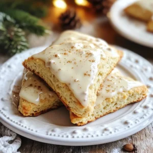 To make eggnog scones with nutmeg glaze, gather these ingredients: - 2 cups all-purpose flour - ⅓ cup granulated sugar - 1 tablespoon baking powder - ½ teaspoon salt - ½ teaspoon ground nutmeg - ½ teaspoon ground cinnamon - ½ cup unsalted butter, cold and cubed - ¾ cup eggnog (store-bought or homemade) - 1 large egg - 1 teaspoon vanilla extract - 1 cup powdered sugar - 1-2 tablespoons milk (for glaze) - Extra nutmeg for garnish Now, let’s break down these ingredients. Quantity and Type of Flour I use 2 cups of all-purpose flour. This gives the scones a nice base. Sugar, Baking Powder, and Seasoning You need ⅓ cup of granulated sugar. This adds sweetness. The baking powder helps the scones rise. Use 1 tablespoon for a good lift. The salt, at ½ teaspoon, balances the flavors. Ground nutmeg and cinnamon at ½ teaspoon each add warmth and spice. Butter and Eggnog Requirements Cold butter is key. Use ½ cup of unsalted butter, cubed. It helps the scones become flaky. For the eggnog, ¾ cup is perfect. You can use store-bought or homemade. Egg and Vanilla Details One large egg binds the dough. For flavor, add 1 teaspoon of vanilla extract. Ingredients for the Nutmeg Glaze To make the nutmeg glaze, mix 1 cup of powdered sugar with 1-2 tablespoons of milk. Adjust the milk for a smooth glaze. Top with extra nutmeg for a festive touch. With these ingredients ready, you’re set to bake some delightful eggnog scones! {{ingredient_image_1}} First, preheat your oven to 400°F (200°C). This step is key for even baking. While the oven heats, prepare your baking sheet. Line it with parchment paper to prevent sticking. This makes cleanup easy, too. In a large bowl, whisk together the following dry ingredients: - 2 cups all-purpose flour - ⅓ cup granulated sugar - 1 tablespoon baking powder - ½ teaspoon salt - ½ teaspoon ground nutmeg - ½ teaspoon ground cinnamon Mix until everything is well combined. This blend gives the scones their flavor. Next, add ½ cup of cold, cubed butter to the dry mix. Use a pastry cutter or your fingers to work the butter into the flour. Do this until the mix looks like coarse crumbs. You want small bits of butter throughout for flaky scones. In a separate bowl, whisk together: - ¾ cup eggnog - 1 large egg - 1 teaspoon vanilla extract Blend these until smooth. The eggnog adds moisture and flavor to the scones. Pour the wet mix into the dry mix. Gently stir until just combined. Be careful not to overwork the dough; that can make the scones tough. Turn the dough onto a floured surface. Knead it a couple of times until it holds together. Flatten it into a rectangle about 1 inch thick. Now it’s time to cut the scones. Use a sharp knife or a biscuit cutter to cut triangles or circles. Place them on the prepared baking sheet, leaving space between them. Bake for 15-18 minutes, or until the tops are lightly golden. You’ll know they’re done when they look and smell amazing! - Avoiding overmixing: Mix the dough just until it comes together. Overmixing makes scones tough. This is key for a light and fluffy texture. - The importance of cold ingredients: Use cold butter and eggnog. Cold ingredients help create steam, which makes the scones rise. - Tips for achieving the right consistency: Combine powdered sugar with milk gradually. Aim for a smooth, pourable glaze. It should not be too thin or too thick. - Flavor adjustments for the glaze: Feel free to add a pinch of cinnamon or extra nutmeg. This can enhance the flavor and make it more festive. - Best accompaniments for eggnog scones: Serve these warm with butter or whipped cream. A cup of coffee or tea pairs perfectly too. - Presentation ideas for festive gatherings: Arrange scones on a pretty plate. Add sprigs of mint or cranberries for color and cheer. Pro Tips Use Cold Butter: Ensure your butter is very cold to achieve a flaky texture in your scones. Don’t Overmix: Mix the dough just until combined to keep the scones tender and light. Adjust Eggnog Flavor: For a stronger eggnog flavor, add a splash of rum or bourbon to the dough. Glaze While Warm: Drizzle the glaze over the scones while they are still warm for better adherence and flavor absorption. {{image_2}} You can play with flavors in these scones. Adding dried fruits like raisins or cranberries gives a nice chew. Nuts, like pecans or walnuts, add crunch and richness. Both options elevate the taste and texture. For spices, consider using ginger or allspice. These spices add warmth and depth. You can mix and match to find your favorite blend. Just remember to keep the nutmeg, as it defines the recipe. If you need gluten-free scones, swap the all-purpose flour with a gluten-free blend. This works well in most baked goods. Just ensure the blend has a binding agent in it. For vegan scones, replace the egg with a flax egg. Mix one tablespoon of ground flaxseed with three tablespoons of water. Let it sit until it thickens. Use a plant-based butter and your favorite non-dairy eggnog. This keeps the flavors intact while catering to dietary needs. These scones shine during the holidays. You can add peppermint extract for a festive twist. White chocolate chips also make a delightful addition. They create a sweet contrast to the nutmeg. Consider adding orange or lemon zest for a fresh, bright flavor. These citrus notes add a lovely summer touch. Each variation brings its own magic to the scone experience. Let your eggnog scones cool on a wire rack. This keeps them from getting soggy. I usually let them cool for about 10 minutes. This way, they stay fluffy and delicious. If you skip this step, steam builds up and makes them soft. For best results, store the cooled scones in an airtight container. They stay fresh for about 2 to 3 days at room temperature. If you want to keep them longer, you can freeze them. Just wrap each scone tightly in plastic wrap. Then, place them in a freezer bag. They last for up to three months in the freezer. To reheat your scones, you can use a microwave or an oven. If using the microwave, heat for about 10 to 15 seconds. This keeps them moist but can make them a bit soft. For a crispier texture, place them in a 350°F (175°C) oven for about 5 to 7 minutes. This way, you enjoy them fresh out of the oven every time! Yes, you can make these scones ahead of time. Prepare the dough, then wrap it tightly in plastic wrap. You can freeze it for up to a month. When you’re ready to bake, let it thaw in the fridge overnight. Cut and bake as usual. This way, you can enjoy fresh scones without the fuss on busy mornings. To get that perfect flaky texture, keep your butter cold. Cut it into small cubes before adding it to the flour. Work the butter fast into the flour until it looks like coarse crumbs. Do not overmix the dough when adding wet ingredients. The less you handle it, the flakier your scones will be. Lastly, use cold eggnog to help keep everything chilled. Yes, you can substitute eggnog if needed. Use plain milk or cream mixed with a bit of nutmeg and cinnamon for flavor. You can also try using almond milk or oat milk if you want a dairy-free option. Just be sure to add some spice to mimic the eggnog taste. You’ve learned about the key ingredients for eggnog scones and how to mix them. I shared tips to ensure a great texture and delicious nutmeg glaze. We explored fun variations and how to store your scones properly. These scones are perfect for holiday gatherings and a treat year-round. Enjoy the delightful flavors and make them your own! Remember, baking is about experimenting, so feel free to try new twists. Happy baking!