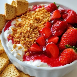To make a tasty strawberry cheesecake dip, you need these simple ingredients: - 8 oz cream cheese, softened - ½ cup powdered sugar - 1 teaspoon vanilla extract - 1 cup Greek yogurt (or sour cream) - 1 cup fresh strawberries, diced - ¼ cup strawberry jam - Graham cracker crumbs, for garnish - Fresh strawberries and graham crackers, for serving Each of these items plays a key role in creating a creamy and flavorful dip. The cream cheese gives it a rich base, while the strawberries add freshness and sweetness. You can easily switch some ingredients if you want. For a lighter dip, use Greek yogurt instead of sour cream. This option keeps the dip creamy but lowers the fat. If you need a dairy-free version, try using vegan cream cheese. You can also swap powdered sugar with honey or maple syrup for a natural sweetener. Using fresh strawberries makes the dip taste bright and vibrant. Fresh fruits have better texture and flavor. However, if strawberries are out of season, frozen ones work well too. Just thaw and drain them before use to avoid extra moisture. This way, your dip will stay creamy and not watery. {{ingredient_image_1}} Start by gathering all your ingredients. You'll need cream cheese, powdered sugar, vanilla extract, Greek yogurt, fresh strawberries, and strawberry jam. In a mixing bowl, beat the softened cream cheese with a hand mixer. Mix until it's smooth and creamy. This step is key for a great texture. Next, add the powdered sugar and vanilla extract. Continue mixing until everything is well combined and fluffy. The powdered sugar adds sweetness and helps with consistency. Then, gently fold in the Greek yogurt or sour cream. This will make the dip even creamier. Be careful not to overmix. You want to keep that light texture. To achieve the best creaminess, use the right tools. A hand mixer works well for this dip. It helps blend the cream cheese easily. If you don’t have one, a spatula can work too. Just mix gently. After the cream cheese and yogurt are combined, add the diced fresh strawberries and strawberry jam. Stir everything together carefully. You want to ensure the strawberries are evenly spread throughout. This adds flavor and color to your dip. Once your dip is mixed, transfer it to a serving bowl. Sprinkle some graham cracker crumbs on top. This adds a nice crunch. Now, it's time to chill the dip in the refrigerator. Let it sit for about 30 minutes. Chilling helps the flavors blend together. The dip tastes even better after it's cooled. When you’re ready to serve, pair it with fresh strawberries and graham crackers. Enjoy this creamy and delicious treat! To get the best texture, start with softened cream cheese. This makes mixing easy. Use a hand mixer to beat it until smooth. Add powdered sugar and vanilla next. Mix until fluffy. Then, fold in Greek yogurt or sour cream slowly. This keeps it creamy and light. Let the dip chill for at least 30 minutes. Chilling helps the flavors blend well. It also makes the dip thicker, which is great for dipping. Serve the dip in a big bowl for a fun look. Sprinkle graham cracker crumbs on top. This adds a nice crunch. Use fresh strawberries and graham crackers for dipping. You can also try cookies or pretzels. They give a tasty contrast to the sweet dip. Consider setting up a dipping station. This lets guests pick their favorites. It makes for a fun snack time experience. You can change the flavors easily. Try using different fruits like blueberries or raspberries. They mix well with cream cheese. For a twist, add a splash of lemon juice. This gives a bright flavor. You can also swap strawberry jam for another fruit jam. If you want a richer taste, add more cream cheese. For a lighter version, use low-fat yogurt. Just remember to adjust sugar based on the fruit you use. This way, your dip will always taste great! Pro Tips Use Room Temperature Ingredients: Make sure your cream cheese is at room temperature for a smooth, creamy dip. This helps to avoid lumps and ensures easy mixing. Choose Ripe Strawberries: Opt for ripe, sweet strawberries for the best flavor. They will enhance the overall taste of the dip and provide a fresh burst of flavor. Experiment with Flavors: Feel free to customize your dip by adding a splash of lemon juice or a hint of almond extract for an extra dimension of flavor. Chill for Best Results: Allow the dip to chill in the refrigerator for at least 30 minutes before serving. This helps to meld the flavors together and creates a refreshing treat. {{image_2}} You can easily change the fruit in this dip. For a mixed berry dip, use raspberries and blueberries. They add a fun color and taste. You can also swap strawberries for peaches. Just dice them up and mix them in. Each fruit brings its own unique flavor. You can make this dip different every time! Greek yogurt is a great choice for a healthier dip. It has more protein than sour cream. This makes the dip creamy but lighter. If you want a richer taste, use sour cream. Both options work well. You can also try low-fat versions of either. They still taste delicious without all the fat. You can make a vegan version of this dip. Use vegan cream cheese instead of regular cream cheese. For the yogurt, choose coconut or almond yogurt. These swaps keep the dip creamy and tasty. You can also add a touch of maple syrup for sweetness. This way, everyone can enjoy the dip, no matter their diet! To keep your strawberry cheesecake dip fresh, store it in an airtight container. This helps prevent air from drying it out. Make sure to chill it in the fridge right after serving. The dip stays creamy and ready for your next snack. You can freeze this dip if you want to save some for later. Use a freezer-safe container and leave some space at the top. The dip will expand when frozen. To enjoy it later, thaw it in the fridge for a few hours before serving. However, freezing may change the texture slightly. In the fridge, your strawberry cheesecake dip lasts about 3 to 5 days. If you freeze it, it can last for up to 2 months. Always check for any off smells or changes in texture before eating. This way, you ensure you enjoy a tasty treat every time! You can enjoy Strawberry Cheesecake Dip with many tasty options. Serve it with fresh strawberries for a juicy bite. Graham crackers add a nice crunch. You can also use pretzels for a salty twist. Sliced apples or pears work well too. Each option complements the dip's creamy and sweet flavor. Strawberry Cheesecake Dip stays fresh for about 3 to 5 days in the fridge. Store it in an airtight container to keep it tasting great. Always check for any signs of spoilage before enjoying. If it smells off or looks strange, it’s best to toss it out. Yes, you can make Strawberry Cheesecake Dip ahead of time! Prepare it up to two days before your event. Just store it in the fridge until you're ready to serve. This dip tastes even better after chilling, as the flavors blend nicely. This blog post covers everything you need to know about Strawberry Cheesecake Dip. We explored fresh and frozen ingredients and shared tips for the best texture. You learned step-by-step instructions for creamy mixing and enhancing flavors. We highlighted tasty variations, healthier substitutes, and easy storage tips. In the end, this dip is versatile and fun to make. So, try it out and enjoy every bite!
