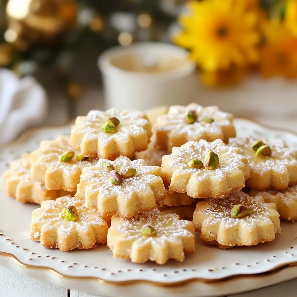 - 1 cup unsalted butter, softened - ½ cup powdered sugar - 2 cups all-purpose flour - ¼ teaspoon salt - 1 teaspoon rosewater - ½ cup pistachios, finely chopped - 1 tablespoon cornstarch - Extra powdered sugar for dusting To make Pistachio Rosewater Shortbread, you need quality ingredients. Start with unsalted butter. This gives you control over the salt level. Use softened butter for easy mixing. Next, grab powdered sugar. It adds sweetness and creates a smooth texture. You will also use all-purpose flour. This flour gives the cookies structure. A touch of salt balances the sweetness. Rosewater brings a floral note to the cookies. It is a key flavor that makes them special. Finely chopped pistachios add crunch. Their green color also makes the cookies look lovely. Cornstarch is important too; it keeps the cookies tender. Finally, have some extra powdered sugar ready for dusting. This gives the cookies a beautiful finish. Each ingredient plays a role in creating a delightful treat. Now that you have the list, it’s time to bring these flavors together! {{ingredient_image_1}} 1. Preheat your oven to 350°F (175°C). Line a baking sheet with parchment paper. This helps the cookies not stick. 2. In a big mixing bowl, cream together 1 cup of softened butter and ½ cup of powdered sugar. Mix until it is light and fluffy. This step adds air and makes your cookies soft. 3. Add 1 teaspoon of rosewater into the butter-sugar mix. Stir well to combine. This gives your cookies a lovely floral taste. 1. In another bowl, whisk together 2 cups of all-purpose flour, 1 tablespoon of cornstarch, and ¼ teaspoon of salt. This mix helps the cookies hold their shape. 2. Gradually add the dry mix to the butter mixture. Stir until just combined. Do not overmix, or your cookies may not be as tender. 1. Fold in ½ cup of finely chopped pistachios. Make sure they are evenly spread throughout the dough. They add a nice crunch and flavor. 2. Divide the dough in half. Shape each half into a log about 1 inch in diameter. Wrap each log in plastic wrap and chill in the fridge for at least 30 minutes. This helps the cookies keep their shape when baking. 3. After chilling, remove the logs from the fridge and slice them into ¼ inch thick cookies. Place them on the prepared baking sheet with space in between. This allows them to expand while baking. 4. Bake in the preheated oven for 15-18 minutes, or until the edges are lightly golden. Keep an eye on them so they do not burn. 5. Let the shortbread cool on the baking sheet for a few minutes. Then transfer them to a wire rack to cool completely. This helps them firm up. 6. Once cool, dust with extra powdered sugar for a beautiful finish. Enjoy your delightful Pistachio Rosewater Shortbread! - Ensuring butter is at the right temperature: Start with soft, room-temperature butter. This helps it mix well with sugar. Cold butter won’t cream properly, making your shortbread dense rather than light. - Measuring flour accurately: Use a kitchen scale for best results. If you measure with a cup, spoon the flour into the cup. Then level it off with a knife. Too much flour can dry out your cookies. - Overmixing the dough: Mix just until the flour disappears. Overmixing can make your shortbread tough. You want it to be tender and crumbly. - Not chilling the dough properly: Chill the dough for at least 30 minutes. This firms it up and helps the cookies keep their shape while baking. If you skip this step, they may spread too much. - Best accompaniments for Pistachio Rosewater Shortbread: Serve these cookies with a cup of tea or coffee. Their sweet and nutty flavor pairs well with warm drinks. You can also enjoy them with fresh fruit or yogurt. - Creative ways to present the cookies: Stack the cookies in a clear jar for a lovely display. You can also place them on a decorative plate. Adding a sprinkle of extra powdered sugar on top gives a nice touch. Pro Tips Chill the Dough: Refrigerating the dough helps to solidify the butter, leading to a firmer texture and better-shaped cookies. Finely Chop Pistachios: Ensure the pistachios are chopped finely for even distribution and a pleasant texture in each bite. Watch the Baking Time: Keep an eye on the cookies as they bake; they should be lightly golden at the edges but not overly browned. Dust Before Serving: For the best presentation, dust the cookies with powdered sugar just before serving to maintain their elegance. {{image_2}} You can change the taste of your pistachio rosewater shortbread easily. One fun idea is to add chocolate. Just mix in some mini chocolate chips or drizzle melted chocolate on top after baking. This gives a nice contrast to the floral taste. Another option is lemon zest. Adding a bit of lemon zest brightens the flavor. It pairs well with rosewater. Just use a teaspoon of fresh zest in the dough. You can also try different nuts. Almonds work well, too. They add a nice crunch and a unique taste. Walnuts or hazelnuts could also be great choices. If you need to make it gluten-free, switch the all-purpose flour for a gluten-free blend. Many blends work well in baking. Look for one that includes xanthan gum for the best results. For a dairy-free version, replace the butter with coconut oil or a dairy-free butter substitute. Just ensure it is softened before mixing. This keeps the texture light and tender. Dusting the cookies with powdered sugar is classic. But you can use ground pistachios for a colorful twist. It adds a nice crunch and a pop of color. If you plan to give these cookies as gifts, think about creative packaging. You could use clear bags tied with ribbons. Or place them in a pretty box with a note. These little touches make a big difference. To keep your Pistachio Rosewater Shortbread fresh, use an airtight container. Glass or plastic containers work well. Store them at room temperature for the best taste. Avoid leaving them in a warm area. If the weather is humid, it’s better to refrigerate them. This helps prevent them from becoming soft or sticky. You can freeze these cookies for later enjoyment. First, let the baked cookies cool completely. Place them in a single layer on a baking sheet. Freeze them for about an hour. Once frozen, transfer them to a freezer bag. Squeeze out as much air as possible. When you’re ready to eat them, thaw in the fridge overnight. For the best taste, reheat them in the oven for a few minutes. At room temperature, these cookies last about one week. If you store them in the fridge, they can last up to two weeks. Look for signs of spoilage like a change in texture or smell. If they feel soft or have an off odor, it’s best to throw them away. Enjoy your cookies while they are fresh for the best flavor! Rosewater is a flavored water made from rose petals. It has a sweet, floral taste. You can use it in many desserts and drinks. It adds a nice touch to baked goods like this shortbread. You can find rosewater in most grocery stores. Look in the baking aisle or international foods section. You can also buy it online. Always choose pure rosewater for the best flavor. Yes, you can use other nuts. Almonds add a sweet, mild flavor. Walnuts give a rich, earthy taste. Pecans will add a buttery crunch. Each nut brings its own charm. Just chop them finely, like the pistachios. This way, they blend well into the dough. Watch for the edges of the cookies. They should turn lightly golden. The center may look a bit soft, and that is normal. Another sign is the pleasant smell that fills your kitchen. Let the cookies cool on the baking sheet for a few minutes. This helps them firm up a bit. Then, move them to a wire rack to cool completely. You now have a simple recipe for delicious Pistachio Rosewater Shortbread. We covered the key ingredients, step-by-step instructions, and helpful tips. Don’t forget the mistakes to avoid and variations you can try. Store these cookies properly to keep them fresh and enjoy their great taste for weeks. With this guide, you can bake with confidence. Dive into the joy of making these treats, and impress your friends and family with your skills. Enjoy every bite!