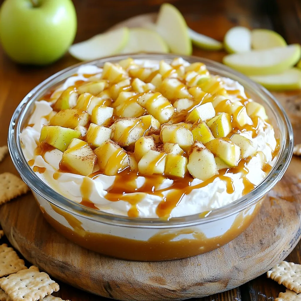 To make this tasty dip, gather the following items: - 2 medium apples (use Granny Smith for tartness) - 1 cup caramel sauce (store-bought or homemade) - ½ teaspoon ground cinnamon - ½ teaspoon nutmeg - 1 package (8 oz) cream cheese (softened) - ½ cup powdered sugar - 1 teaspoon vanilla extract - 1 cup whipped topping (like Cool Whip) - Optional: Graham crackers, apple slices, or vanilla wafers for dipping You can swap out some ingredients based on what you have: - Apples: Try Honeycrisp or Fuji for a sweeter taste. - Cream cheese: Use Greek yogurt for a lighter dip. - Caramel sauce: Make it from scratch with sugar, butter, and cream. - Whipped topping: Whip heavy cream instead for a fresh option. Here are some quick conversions: - 1 cup = 8 ounces - ½ cup = 4 ounces - 1 teaspoon = 5 milliliters - 1 tablespoon = 15 milliliters These conversions help you adjust the recipe as needed. {{ingredient_image_1}} Start by softening the cream cheese. You can leave it out for about 30 minutes. In a medium bowl, mix the cream cheese, powdered sugar, and vanilla extract. Use a hand mixer to beat them together until smooth. This mix will be the base of our dip. Next, fold in the whipped topping gently. This makes the dip light and fluffy. Make sure it is well combined but don’t overmix. Grab a serving dish or bowl. Spread the cream cheese mixture at the bottom. Smooth the top with a spatula. Now, take the caramel sauce and pour it over the cream cheese layer. Let it drizzle down the sides for a nice look. In another bowl, mix the diced apples with ground cinnamon and nutmeg. Toss them until each piece is coated. Spread the spiced apples evenly over the caramel layer. If you want, drizzle some extra caramel on top for decoration. Serve the dip right away for the best taste. I love to pair it with graham crackers, apple slices, or vanilla wafers. These options give a nice crunch and balance the dip's creaminess. You can also arrange the dippers around the dip for a fun display. Enjoy your delicious Caramel Apple Pie Dip with friends or family! To make your Caramel Apple Pie Dip burst with flavor, use fresh apples. I prefer Granny Smith for their tartness. The sharp taste balances well with the sweet caramel. Mix in ground cinnamon and nutmeg for that warm, cozy feel of fall. These spices enhance the apple taste and add depth. Always use high-quality caramel sauce. If you want to make it homemade, that’s even better! It adds a personal touch that guests will love. When serving, choose a clear dish to show off the layers. Start with the cream cheese layer at the bottom. Then, pour on the caramel sauce. Lastly, top with the spiced apples. Drizzle extra caramel on top for a touch of shine. To make it even more inviting, serve with a variety of dippers. Place graham crackers, apple slices, and vanilla wafers around the dip. This adds color and texture to your presentation. One mistake is not softening the cream cheese enough. This can lead to lumps in your dip. Always let it sit out for about 30 minutes before mixing. Another error is overmixing the whipped topping. You want a light and airy texture, not dense. Also, don’t skip the spices; they make a big difference in flavor. Finally, serve the dip right after making it. If it sits too long, the apples may brown and the dip may lose its freshness. Pro Tips Choose the Right Apples: Use tart apples like Granny Smith for a nice contrast against the sweetness of the caramel and cream cheese. Make It Ahead: Prepare the cream cheese mixture and spiced apples ahead of time and assemble just before serving for a fresh taste. Customize Your Dippers: Experiment with different dippers like pretzels or fresh fruit for a fun twist on the classic flavors. Warm the Caramel: If using store-bought caramel sauce, warm it slightly to make it easier to drizzle over the dip. {{image_2}} You can make this dip even better with fun flavors. Try adding chocolate chips for a sweet twist. Just sprinkle them on top of the apples. You can also mix in some peanut butter for a nutty flavor. Start with a few spoonfuls and taste as you go. These changes can make your dip unique and tasty. If you want a lighter dip, use yogurt instead of cream cheese. Greek yogurt works well for a creamy texture. You can also swap the whipped topping for a lighter version. This keeps the taste but cuts down on calories. Choose low-sugar caramel sauce for a healthier option too. Fall brings great flavors, so add pumpkin spice for a seasonal touch. Just mix in a teaspoon to your apple mix. You can also use chopped pecans or walnuts for crunch. This adds to the cozy feel of the dip. These changes make it perfect for holiday gatherings. To store leftovers, put the dip in an airtight container. You can cover it tightly with plastic wrap. Keep it in the fridge. It should last for about three days. Make sure to keep it cold, so it stays fresh. If you notice any changes in smell or color, it’s best to throw it away. I do not recommend freezing this dip. The cream cheese and whipped topping can change texture when frozen. If you freeze it, the dip may become watery and separate when thawed. To enjoy the best flavor and texture, stick to refrigeration. You don’t need to reheat this dip. It tastes great cold and is meant to be served chilled. However, if you prefer it warm, gently heat it in the microwave for a few seconds. Stir it well to ensure even warming. Enjoy it right away for the best experience! Yes, you can use different types of apples. I like Granny Smith for their tartness. Other good choices are Fuji, Honeycrisp, or Gala. Each type adds a unique flavor. Sweet apples balance well with the caramel. Tart apples add a nice zing. Mix and match for fun flavor. You can keep the dip in the fridge for about three days. Store it in an airtight container. This helps keep it fresh and tasty. After a day or two, the apples may soften. They still taste good but change in texture. If you notice any browning, that's normal. You can serve the dip with many items. Graham crackers add crunch and sweetness. Apple slices are perfect for dipping. They pair well with the dip's flavors. Vanilla wafers also make a great choice. You can even use pretzels for a salty twist. Get creative with your dippers! In this blog post, we covered how to make a delicious Caramel Apple Pie Dip. You learned about key ingredients, substitutions, and how to prepare the dip step by step. We also shared tips for flavor and common mistakes to avoid. Explore variations like healthier options or fun seasonal twists to keep things fresh. Lastly, you have storage tips to enjoy your dip later. With these ideas, you can make a dip that everyone will love, whether it's a party snack or a cozy treat at home.