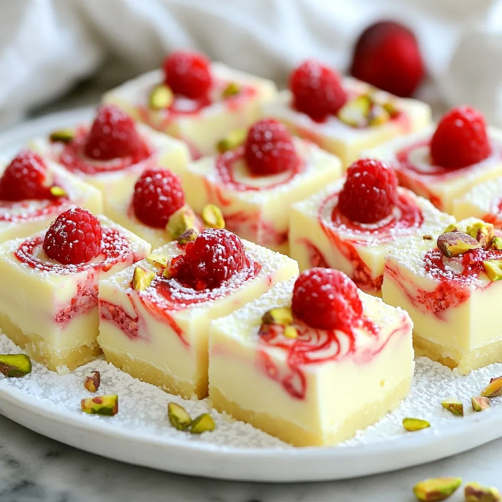 You need a few simple ingredients to make white chocolate raspberry fudge. Gather these items before you start: - 2 cups white chocolate chips - 1 can (14 oz) sweetened condensed milk - ¼ cup unsalted butter - 1 cup fresh raspberries (or frozen, thawed) - 1 teaspoon vanilla extract - ¼ teaspoon salt - ½ cup raspberry puree (made from blending fresh or frozen raspberries) - ¼ cup chopped pistachios (for garnish, optional) Each ingredient plays a key role. The white chocolate chips give the fudge its creamy base. Sweetened condensed milk adds sweetness and richness. Unsalted butter helps with smoothness. Raspberries bring a fresh, tart flavor that balances the sweetness. Vanilla extract enhances all the flavors. Salt brings out the best in sweet dishes. Raspberry puree adds a beautiful swirl and extra fruitiness. Chopped pistachios are optional but add a nice crunch and color. Using fresh or frozen raspberries works well. Frozen raspberries are easier to find any time of year. If you use frozen ones, just let them thaw first. This fudge is easy to make, and these ingredients will help you create a delightful treat! {{ingredient_image_1}} 1. Line an 8-inch square baking dish with parchment paper. Leave some paper over the edges. This helps with easy removal later. 2. In a medium saucepan over low heat, combine the white chocolate chips, sweetened condensed milk, and unsalted butter. Stir slowly and watch as it melts to a smooth mix. 3. Once melted, take the saucepan off the heat. Stir in the vanilla extract and salt for added flavor. 4. Gently fold in the raspberries. Be careful! You want some whole berries for texture in the fudge. 1. Pour half of the white chocolate mixture into the lined baking dish. Smooth it evenly with a spatula. 2. Drizzle the raspberry puree over the first layer of fudge. This adds a lovely pop of color. 3. Spoon the remaining white chocolate mixture on top. Use a skewer or knife to swirl the raspberry puree throughout. This creates a beautiful marbled effect. 1. Refrigerate the fudge for at least 3 hours. It should be firm before cutting. 2. After it sets, lift the fudge out of the dish using the parchment paper overhang. This makes cutting easier. 3. Cut the fudge into squares. You can now enjoy this tasty treat! To melt chocolate well, use low heat. Stir slowly to avoid burning. Keep a close eye on the chocolate chips. Once melted, mix in the sweetened condensed milk and butter. This gives a smooth base for your fudge. When folding in raspberries, do it gently. You want to keep some raspberries whole. This adds texture and bursts of flavor in each bite. Use a spatula and fold carefully. For firm fudge, let it cool completely. Refrigerate it for at least three hours. This helps it set well. If you want a softer fudge, you can reduce the chill time. You can also test the fudge firmness by pressing it with your finger. If it feels set, it’s ready to cut. When serving, arrange fudge squares on a nice plate. Dust them with powdered sugar for a sweet touch. You can also add fresh raspberries beside the squares. This makes your dish look bright and inviting. For a bit of crunch, sprinkle chopped pistachios on top. They add color and flavor. Enjoy your delightful creation! Pro Tips Use Quality Chocolate: The flavor of your fudge heavily relies on the quality of the white chocolate chips. Choose high-quality brands for a richer taste. Raspberry Swirl Technique: When swirling the raspberry puree, use a skewer or knife to create a marbled effect without overmixing, preserving the beautiful raspberry flavor. Perfect Cooling Time: Allow the fudge to set in the refrigerator for at least 3 hours to ensure it firms up properly for easy cutting. Garnish for Presentation: Enhance the visual appeal by topping the fudge with chopped pistachios and a dusting of powdered sugar before serving. {{image_2}} You can change the flavor of your fudge easily. Instead of white chocolate, try dark or milk chocolate. Dark chocolate adds a rich taste, while milk chocolate brings a sweeter touch. Both options give you a new twist on this treat. You can also mix in other fruit purees. Try strawberry or blueberry for a fun twist. Each fruit adds its own unique taste and color. If you need dairy-free options, use dairy-free chocolate chips. These work just as well in this recipe. You can also replace the sweetened condensed milk with coconut milk. This change keeps the fudge creamy without dairy. For those with nut allergies, skip the pistachios. You can leave them out or use a seed like sunflower seeds for crunch. Always make sure your ingredients fit your needs. For a fun look, create a layered fudge effect. Pour a layer of fudge, then add raspberry puree. Repeat this with more fudge and puree. Swirl the layers for a beautiful design. You can also add spices or flavor extracts. A pinch of cinnamon or a drop of almond extract can enhance the taste. These small changes can take your fudge to the next level. To keep your white chocolate raspberry fudge fresh, store it in an airtight container. Use parchment paper between layers to avoid sticking. Make sure the fudge is completely cool before sealing. This helps keep moisture out and keeps the fudge firm. Refrigerated fudge lasts about two weeks. If you want to keep it longer, freezing is a great option. Wrap the fudge tightly in plastic wrap, then place it in a freezer bag. This method can preserve the fudge for up to three months. You’ll know your fudge is bad if it smells off or has a dry texture. Check for any mold spots as well. If it looks or smells funny, it’s best to toss it out. Fresh fudge should have a sweet aroma and a creamy texture. How to make fudge without condensed milk? You can use a mix of sugar, cream, and butter instead. Cook it gently until it thickens. This method creates a rich, sweet base for your fudge. Can I use frozen raspberries directly in the fudge? Yes, you can use frozen raspberries. Just thaw them first. Drain any excess water to keep your fudge from getting too wet. What can I use instead of pistachios? You can use walnuts, almonds, or even pecans. These nuts add a nice crunch and flavor contrast to the sweet fudge. Why is my fudge too soft? Your fudge may be too soft if it didn’t cook long enough. Make sure to heat the mixture until it reaches a soft-ball stage, around 235°F (113°C). Can I add more raspberry puree to the fudge? Yes, you can add more raspberry puree. Just be careful not to add too much. This can make the fudge too soft or watery. What to serve with white chocolate raspberry fudge? You can serve it with fresh berries, whipped cream, or even vanilla ice cream. These pairings enhance the flavors and add a nice contrast. How to pair fudge with beverages? Try pairing the fudge with hot chocolate or coffee. The richness of the fudge complements the warmth of these drinks perfectly. You now have a simple guide to making white chocolate raspberry fudge. We covered ingredients, step-by-step instructions, and tips to ensure success. You learned how to layer, swirl, and present your fudge beautifully. Don't forget to try different flavors and store it properly for the best taste. Enjoy your homemade treat, and share it with friends and family. Now you can make fudge that impresses everyone!