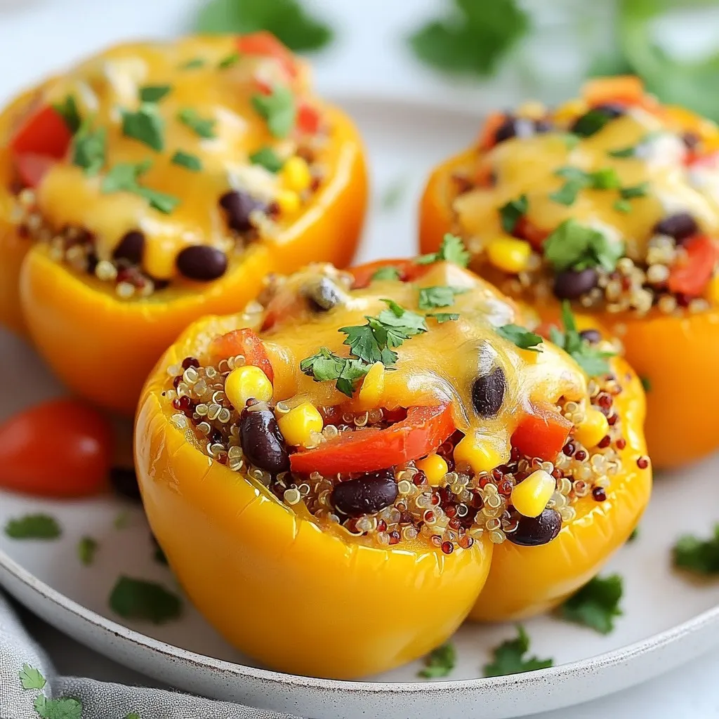 To make quinoa stuffed peppers, gather these ingredients: - 4 large bell peppers (any color, tops cut off and seeds removed) - 1 cup quinoa, rinsed - 2 cups vegetable broth - 1 can (15 oz) black beans, rinsed and drained - 1 cup corn (frozen or fresh) - 1 teaspoon cumin - 1 teaspoon smoked paprika - 1 teaspoon garlic powder - 1 cup diced tomatoes (fresh or canned) - 1 cup shredded cheese (cheddar or a mix) - Fresh cilantro for garnish (optional) - Salt and pepper to taste Using fresh ingredients gives the best taste. Fresh bell peppers, corn, and tomatoes add bright flavors. However, frozen corn works well too. It cooks quickly and saves time. Canned beans are also great. They are easy to use and full of protein. If you choose frozen items, make sure to thaw them first. This helps them cook evenly in the oven. You can swap some ingredients if needed. For example, use brown rice instead of quinoa. It adds a different texture and flavor. If you want a spicy kick, add jalapeños to the stuffing. For a different type of cheese, try pepper jack or mozzarella. You can even add mushrooms or spinach for extra veggies. Be creative! {{ingredient_image_1}} Start by washing the bell peppers. Choose any colors you like. Cut off the tops and remove the seeds. This step helps the peppers cook evenly. Set the prepared peppers aside. They will hold the tasty filling. Grab a medium saucepan and add rinsed quinoa. Pour in two cups of vegetable broth. Bring this mixture to a boil over medium heat. Once it boils, lower the heat to simmer. Cover the pan and cook for about 15 minutes. This helps the quinoa absorb all the flavor. After 15 minutes, check to see if the liquid is gone. If it is, remove the pan from heat. Let it sit for 5 minutes. Fluff the quinoa with a fork before using it. In a large bowl, combine the cooked quinoa, black beans, and corn. Add the cumin, smoked paprika, and garlic powder. Next, mix in the diced tomatoes and half the cheese. Season the mixture with salt and pepper to taste. Stir everything well until it is all blended. Ensure each bite is packed with flavor. Now, it's time to stuff the bell peppers. Use a spoon to fill each pepper with the quinoa mix. Make sure to pack it in tightly for a hearty bite. First, choose a baking dish that fits your peppers. I like using a glass dish. It helps keep things warm and lets you see the peppers cook. You should arrange the stuffed peppers upright in the dish. This helps them hold their shape. If you have extra filling, you can add it around the peppers. This adds more flavor. Now, it’s time to cover the dish. Use aluminum foil to wrap it tightly. This keeps the steam in while they bake. Preheat your oven to 375°F (190°C). Once the oven is ready, place the covered dish inside. Bake for 25 minutes. This cooks the peppers and warms the filling. After 25 minutes, take off the foil. Sprinkle the remaining cheese on top of the peppers. This makes the dish extra cheesy and tasty. Bake for another 10 to 15 minutes. You want the peppers to be soft and the cheese to be bubbly and golden. When they are done, take them out of the oven. Let them cool for a few minutes before serving. Pro Tips Choose Colorful Peppers: Using a mix of bell pepper colors not only makes the dish visually appealing but also adds different flavors and nutrients. Rinse Quinoa Thoroughly: Always rinse quinoa well before cooking to remove its natural coating, called saponin, which can impart a bitter taste. Customize Fillings: Feel free to add other ingredients like diced zucchini, spinach, or different beans to customize the filling based on your taste preferences. Cheese Variations: Experiment with different cheeses like feta or pepper jack for a unique flavor twist and added creaminess. {{image_2}} To get the best quinoa, always rinse it first. Rinsing removes bitter saponins. Use a medium saucepan for cooking. Combine one cup of quinoa with two cups of vegetable broth. Bring this mix to a boil. Then, lower the heat and cover it. Let it simmer for about 15 minutes. When done, the quinoa should be fluffy and the liquid should be gone. After cooking, let it sit for five minutes. Then, fluff it with a fork to keep it light and airy. Spices bring life to your stuffed peppers. For this recipe, I use cumin, smoked paprika, and garlic powder. Each adds a unique flavor. Start with the suggested amounts: one teaspoon of each. After mixing with the other ingredients, taste the filling. If you want more spice, add a bit more cumin or paprika. Remember to balance flavors. You can also add salt and pepper to enhance the taste. Adjusting spices makes it your own! Storing leftover stuffed peppers is easy. Place them in an airtight container. They will last in the fridge for up to four days. When ready to eat, preheat your oven to 350°F (175°C). Cover the peppers with foil to keep them moist. Heat them for about 20 minutes. If you like, you can add extra cheese on top before reheating. This will make them even tastier! You can also reheat them in a microwave. Just be careful, as they can get hot quickly. You can easily boost the protein in these stuffed peppers. Try adding cooked chicken, turkey, or even shrimp. Ground meat works well too. Just cook it before mixing it with the quinoa. You can also use tofu for a great vegetarian option. Choose what fits your taste and diet. For a vegan twist, skip the cheese and use vegetable broth. You can add more beans or lentils for protein. Nuts like walnuts or almonds add a nice crunch too. For flavor, add more spices or fresh herbs. This makes the dish still tasty and filling without animal products. Cheese adds creaminess and flavor. Use cheddar, mozzarella, or pepper jack for a kick. You can also try vegan cheese if you want a dairy-free option. Top with avocado or sour cream for a fresh touch. Fresh herbs like cilantro or parsley brighten the dish. These toppings add fun flavors and textures to your meal. Yes, you can prepare these stuffed peppers ahead of time. You can make the filling a day before. Just store it in the fridge. You can also stuff the peppers and keep them in the fridge. Bake them when you are ready to eat. This way, you save time on busy days. You can serve quinoa stuffed peppers with many sides. A fresh salad pairs well. I love a simple green salad with lemon dressing. You can also add avocado slices or a dollop of sour cream. For a heartier meal, serve with rice or bread. A side of roasted vegetables is another great choice. Quinoa stuffed peppers last about 4 to 5 days in the fridge. Store them in an airtight container. If you want to keep them longer, freeze them. They last up to 3 months in the freezer. Just reheat them well before serving. In this post, we explored the key ingredients for quinoa stuffed peppers, focusing on fresh, frozen, and alternative options. We walked through the easy steps to prep, cook, and bake your dish. You learned tips to perfect the texture and spice levels, along with storage advice. There are plenty of ways to vary the recipe, too, with different proteins and cheeses. I hope these insights inspire you to create your own delicious stuffed peppers. Enjoy your cooking!