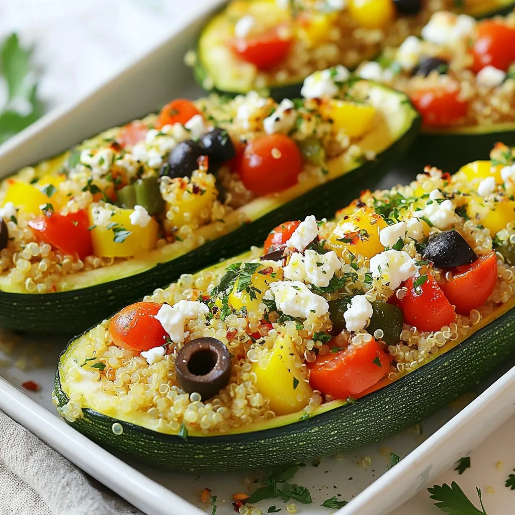 Here’s what you need for stuffed zucchini boats. Gather these simple items to start: - 4 medium zucchini - 1 cup cooked quinoa - 1 cup cherry tomatoes, halved - ½ cup red bell pepper, diced - ¼ cup black olives, chopped - ½ cup feta cheese, crumbled - 1 teaspoon dried oregano - 1 teaspoon garlic powder - ½ teaspoon salt - ¼ teaspoon black pepper - ¼ cup olive oil - Fresh parsley, for garnish Each ingredient adds its own flavor. The zucchini acts as a great base. Quinoa gives it a nice texture and fills you up. Cherry tomatoes bring a burst of sweetness. Red bell peppers add crunch. Black olives contribute a salty bite. Feta cheese adds creaminess and tang. Dried oregano and garlic powder give depth. Salt and black pepper enhance all the flavors. Olive oil adds richness and helps with cooking. Finally, fresh parsley makes it pretty and bright. Make sure you have everything ready before you start. This makes cooking easier and more fun! {{ingredient_image_1}} - Preheating the Oven Start by preheating your oven to 375°F (190°C). This step is key for even cooking. - How to Prepare Zucchini Take four medium zucchinis. Slice each in half lengthwise. Use a spoon to scoop out the seeds. Be gentle to avoid piercing the skin. This creates a sturdy boat for the filling. - Making the Stuffing Mixture In a large bowl, mix one cup of cooked quinoa, one cup of halved cherry tomatoes, and half a cup of diced red bell pepper. Add a quarter cup of chopped black olives and half a cup of crumbled feta cheese. Sprinkle in one teaspoon of dried oregano and one teaspoon of garlic powder. Season with half a teaspoon of salt and a quarter teaspoon of black pepper. Stir well to combine. Drizzle a quarter cup of olive oil over the mixture and toss gently. - Filling the Zucchini Take a spoon and fill each zucchini boat evenly. Pack the mixture slightly to ensure they are well-filled. This helps keep the stuffing in place during baking. - Arranging on Baking Sheet Line a baking sheet with parchment paper. Lay the stuffed zucchini boats on the sheet, cut side up. Make sure they are spaced apart for even cooking. - Recommended Baking Time Place the baking sheet in the oven. Bake the zucchini boats for 25-30 minutes. They are done when the zucchini is tender and the tops are golden brown. - Tips for Achieving Golden Topping To get a nice golden crust, you can broil the boats for a few minutes at the end. Keep an eye on them to avoid burning. - Ensuring Proper Zucchini Texture To keep zucchini firm, choose medium-sized ones. Too small can be watery, and too large can be tough. Slice them in half and scoop gently. This helps them hold their shape while cooking. - Best Practices for Even Cooking Make sure all your zucchini boats are the same size. This helps them cook evenly. Place them cut-side up on the baking sheet to ensure the filling heats well. Rotate the baking sheet halfway through baking for better results. - Garnishing Suggestions Fresh parsley adds a pop of color and flavor. Sprinkle it on just before serving. You can also add a drizzle of olive oil for shine and taste. - Serving Ideas for a Complete Meal Pair your stuffed zucchini boats with a light salad. A simple side of steamed veggies works well too. You can also serve with crusty bread for a hearty touch. - Health Benefits of Ingredients Zucchini is low in calories and high in water. Quinoa adds protein and fiber, making this dish filling. Feta cheese gives calcium and flavor, while olives offer healthy fats. - Caloric Information per Serving Each serving of stuffed zucchini boats has about 300 calories. This makes it a great option for a light meal without sacrificing taste. Pro Tips Choose Firm Zucchini: Select zucchini that are firm and have a glossy skin for the best texture and flavor. Customize Your Filling: Feel free to add additional vegetables or proteins like chickpeas or shredded chicken for extra nutrition. Use Fresh Herbs: Incorporate fresh herbs like basil or dill for an aromatic boost that complements the Mediterranean flavors. Check for Doneness: Ensure the zucchini is tender by testing with a fork, but avoid overcooking to keep them from becoming mushy. {{image_2}} Alternatives for Quinoa If you want a change from quinoa, try brown rice or farro. These grains add a nice texture and flavor. You can also use couscous for a quicker option. Each substitute will give you a different taste while keeping your dish hearty. Different Cheese Options Feta cheese adds a nice tang, but you can switch it up. Try mozzarella for a milder flavor. Goat cheese works well too, adding creaminess. For a dairy-free option, use vegan cheese or nutritional yeast for that cheesy taste. Adding Spices for Extra Kick To spice things up, add some red pepper flakes or cayenne. A pinch of smoked paprika can bring warmth and depth. Experiment with fresh herbs like basil or thyme for a bright flavor boost. Incorporating Proteins Want more protein? Add cooked chicken, turkey, or lentils to your filling. These options keep your meal filling and nutritious. For a vegetarian twist, chickpeas are a great choice, adding both protein and texture. Vegetarian & Vegan Modifications This recipe is already vegetarian. To make it vegan, simply replace feta with a vegan cheese. You can also skip the cheese entirely and add more veggies for a fresh taste. Gluten-Free Options This dish is naturally gluten-free if you use gluten-free grains. Quinoa is gluten-free, making it a perfect choice. Always check labels on processed products to ensure they fit your diet. After making stuffed zucchini boats, you may have some leftovers. Store them in an airtight container. Keep the container in the fridge. This way, you keep the flavors fresh. Leftovers will last up to three days. When it comes to reheating, I prefer the oven. It warms the boats evenly and keeps them nice. Set your oven to 350°F (175°C) and bake for about 10-15 minutes. If you use a microwave, heat them in short bursts. This helps avoid soggy zucchini. Freezing is a great option for longer storage. First, let the stuffed zucchini cool completely. Wrap each boat in plastic wrap or place them in a freezer bag. They can last up to three months in the freezer. When you want to enjoy them, thaw in the fridge overnight. Reheat in the oven to keep the texture. Can I use different vegetables? Yes, you can use other vegetables. Bell peppers, eggplants, or squash work well. Choose veggies that bake nicely. Mixing in spinach or kale adds great flavor and nutrition too. How do I know when the zucchini is done baking? The zucchini is done when it's tender and the tops are golden brown. You can test it with a fork; it should pierce easily. This usually takes about 25-30 minutes at 375°F. Can stuffed zucchini be made ahead of time? Yes, you can prepare the stuffed zucchini a day ahead. Just cover and store them in the fridge. When ready to bake, add a few extra minutes to the cooking time. What are some other filling ideas? You can fill zucchini with various ingredients. Try black beans for protein or corn for sweetness. Chopped mushrooms or shredded carrots add texture and flavor. Can I make this without cheese? Absolutely! You can leave out cheese and still have a tasty dish. Add more herbs or spices for flavor. You can also use nutritional yeast for a cheesy taste without dairy. What to do if zucchini boats are too watery? If your zucchini boats are watery, you can try a few tricks. Bake them longer to reduce moisture. You can also sprinkle salt on the zucchini before stuffing to draw out excess water. Is it necessary to scoop out the seeds? Yes, scooping out seeds helps create space for the filling. It also makes the zucchini cook evenly. Just be gentle to avoid breaking the skin. Stuffed zucchini boats are simple, tasty, and healthy. We explored the key ingredients, prep steps, and baking tips. Remember to adjust flavors with spices or swaps to suit your taste. Store leftovers well and enjoy them later. This dish is flexible, so have fun making it your own! Boost your meals with colorful veggies and great flavors. With these tips, you can make delicious zucchini boats every time. Take these ideas and start cooking today!