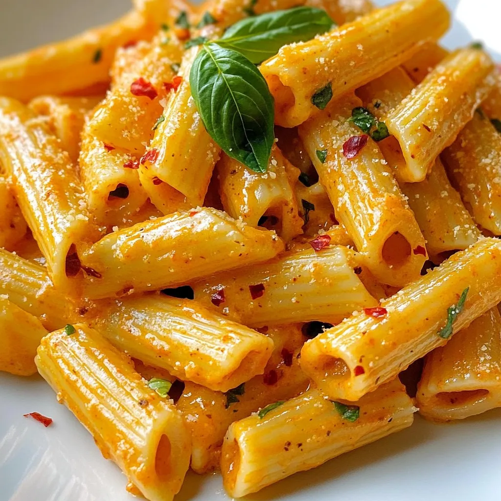 - Red bell peppers - Olive oil - Garlic - Heavy cream - Parmesan cheese - Fresh basil - Salt - Black pepper - Pasta choices (penne, fettuccine, farfalle) - Optional: Crushed red pepper flakes Gather these fresh ingredients to make a vibrant and tasty pasta dish. Start with two red bell peppers. They give the sauce its sweet and smoky flavor. You will also need one tablespoon of olive oil for roasting the peppers. Next, grab three cloves of garlic, minced, to add a nice depth to the sauce. The richness comes from one cup of heavy cream. For a cheesy touch, use half a cup of grated Parmesan cheese. Don’t forget a quarter cup of fresh basil, chopped, for freshness. One teaspoon of salt and half a teaspoon of black pepper will bring out the flavors. For the pasta, you can choose eight ounces of your favorite type—penne, fettuccine, or farfalle work great. If you like some heat, add crushed red pepper flakes to taste. With these ingredients, you are set to create a creamy and delicious meal that everyone will enjoy! {{ingredient_image_1}} 1. Preheating the oven Start by setting your oven to 400°F (200°C). This will get it hot for roasting. 2. Roasting process Place the two red bell peppers on a baking sheet. Drizzle them with one tablespoon of olive oil. Roast the peppers for 25 to 30 minutes. You want the skins to get charred and blistered. 3. Cooling and peeling instructions After roasting, take the peppers out and let them cool for about 10 minutes. Once they are cool, remove the skins. Pull off the stems and scoop out the seeds. Finally, chop the flesh into smaller pieces. 1. Sautéing garlic In a skillet, heat a little olive oil over medium heat. Add three minced garlic cloves and sauté for about one minute. You want the garlic to be fragrant. 2. Combining roasted peppers and blending Add the chopped roasted peppers to the skillet. Stir the mix for another minute. Then, transfer everything to a blender. Pour in one cup of heavy cream, half a cup of grated Parmesan cheese, one teaspoon of salt, and half a teaspoon of black pepper. Blend it all until smooth and creamy. 1. Instructions for al dente pasta Cook eight ounces of your chosen pasta in salted water. Follow the package instructions for the best results. Aim for an al dente texture, which means it should still have a little bite. 2. Mixing pasta with sauce Once the pasta is ready, drain it and set it aside. In the same skillet, add the cooked pasta to the creamy roasted red pepper sauce. Toss everything together until the pasta is well-coated. If the sauce feels too thick, add a little pasta water to get the right consistency. To make the sauce just right, focus on consistency first. You want it creamy but not too thick. If it gets too thick, add a splash of pasta water to loosen it up. This helps the sauce coat the pasta well. For added flavor, consider blending in a squeeze of lemon juice or a pinch of smoked paprika. These little touches can elevate your dish. Salting the pasta water is key. Use about 1-2 tablespoons of salt for every gallon of water. This helps the pasta absorb flavor as it cooks. Timing also matters. Cook the pasta until it is al dente. This means it should have a slight bite to it. Check the package for cooking times, but usually, 8-10 minutes works well. Drain it quickly and mix it with the sauce right away for the best texture. Pro Tips Roasting Peppers: Roasting the peppers until they're charred enhances their natural sweetness and adds a smoky flavor to the sauce. Pasta Water Magic: Reserve some pasta cooking water before draining. It can be added to the sauce to adjust consistency and help the sauce cling to the pasta. Add Some Heat: If you enjoy a spicy kick, mix in some crushed red pepper flakes or a dash of cayenne pepper to the sauce. Fresh Herbs: For an even fresher flavor, consider adding additional herbs like parsley or thyme along with the basil for a more complex taste. {{image_2}} For a dairy-free version, swap heavy cream for coconut cream or cashew cream. Both options give a rich and creamy feel. You can also use nutritional yeast instead of Parmesan cheese for a cheesy taste without dairy. If you want to add more veggies, consider spinach, mushrooms, or zucchini. They blend well with the roasted red peppers. You can sauté these veggies before mixing them into the sauce for extra flavor. This creamy pasta pairs nicely with a fresh salad or garlic bread. A simple green salad with lemon dressing brightens up the meal. Garlic bread adds a nice crunch and is perfect for dipping. For garnish, sprinkle fresh basil on top for color and flavor. A drizzle of olive oil enhances the dish. If you like heat, add crushed red pepper flakes for an extra kick. To keep your creamy roasted red pepper pasta fresh, store it in an airtight container. Let the pasta cool to room temperature before sealing it. This helps prevent extra moisture, which can make the pasta soggy. Place it in the fridge and use it within three to four days. When reheating, add a splash of water or cream to bring back the creamy texture. Freezing this pasta is easy and great for meal prep. First, let the pasta cool completely. Then, portion it into freezer-safe bags or containers. Squeeze out as much air as possible to avoid freezer burn. You can freeze it for up to three months. To reheat, thaw in the fridge overnight. Warm it gently on the stove, adding a little cream or water to keep it creamy. How can I make it vegan? To make this dish vegan, swap heavy cream for coconut cream or cashew cream. Use nutritional yeast instead of Parmesan cheese. This keeps the creamy texture while adding a rich flavor. Can I use jarred roasted red peppers? Yes, jarred roasted red peppers work well. They save time and still taste great. Just drain and rinse them before adding to the sauce. This makes the dish even easier to prepare. What types of pasta work best for this recipe? You can use any pasta you like! Penne, fettuccine, or farfalle all work great. Choose your favorite shape for a fun bite. Each type absorbs the sauce nicely. How long does it last in the fridge? This pasta dish lasts about 3-5 days in the fridge. Store it in an airtight container for best results. Reheat it on the stove or in the microwave. Add a splash of water to keep it creamy. This blog post covered a tasty dish: creamy roasted red pepper pasta. You learned about the simple ingredients and step-by-step instructions to make it right. I shared tips for perfecting the sauce and cooking pasta. You can explore variations to suit your needs, along with storage tips for leftovers. Enjoy this dish any time! It is easy to make and delicious. Don't hesitate to try new flavors and share your creations. Happy cooking!