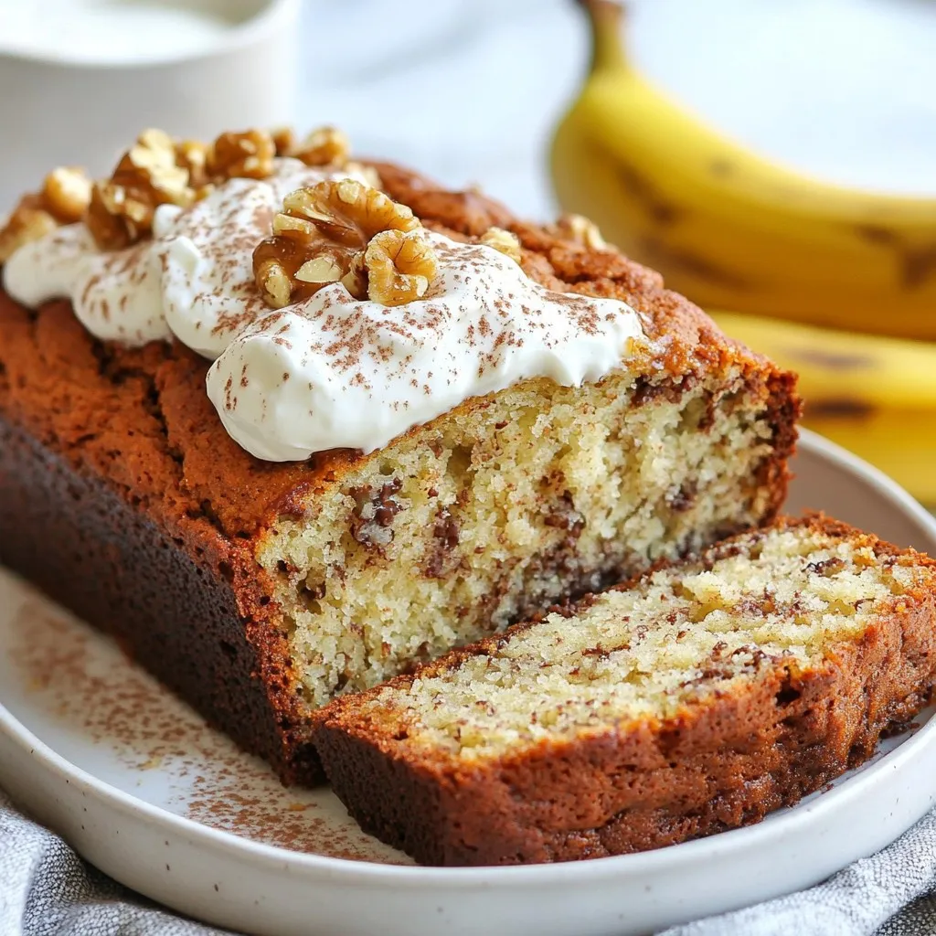 - 3 ripe bananas, mashed - 1 cup Greek yogurt (plain, unsweetened) - 2 large eggs - ½ cup honey or maple syrup - ¼ cup melted coconut oil (or vegetable oil) - 1 teaspoon vanilla extract - 1 teaspoon baking soda - ½ teaspoon baking powder - ½ teaspoon salt - 1 teaspoon ground cinnamon - 1 ½ cups all-purpose flour - ½ cup chopped walnuts or pecans - ½ cup dark chocolate chips The key to this Greek yogurt banana bread lies in the balance of flavors and textures. The ripe bananas give it sweetness and moisture. The Greek yogurt adds creaminess and a slight tang, making your bread rich and soft. This recipe uses two eggs for binding and structure. Honey or maple syrup serves as a natural sweetener, which you can adjust to fit your taste. Coconut oil brings a lovely richness, but you can swap it with vegetable oil if you prefer. For the dry mix, baking soda and baking powder make the bread rise. Salt enhances all the flavors, while cinnamon adds warmth. Finally, all-purpose flour gives the bread its structure. Feel free to customize your banana bread! Adding walnuts or dark chocolate chips can transform the flavor and texture. You can mix and match to create your perfect loaf. {{ingredient_image_1}} - Preheat your oven to 350°F (175°C). - Grease or line a 9x5-inch loaf pan. - In a large bowl, combine the mashed bananas, Greek yogurt, eggs, honey (or maple syrup), melted coconut oil, and vanilla extract. - Whisk everything until smooth and well-combined. - In another bowl, whisk together the baking soda, baking powder, salt, ground cinnamon, and all-purpose flour. - Gradually fold the dry ingredients into the wet mixture. Mix until just combined. - If you like, fold in walnuts or dark chocolate chips. - Pour the batter into the prepared loaf pan and smooth the top. - Bake for 50-60 minutes. Check doneness with a toothpick; it should come out clean. - Don't over-mix the batter. This keeps your bread light and fluffy. - Let the ingredients come to room temperature before mixing. Cold ingredients can make the bread dense. - Experiment with adding vanilla extract or spices to boost flavor. A little can go a long way! - Add a pinch of nutmeg for additional warmth. It gives a nice touch to the overall taste. - Cool in the pan for 10 minutes before transferring to a wire rack. This helps it set properly. - Serve warm or at room temperature. Enjoy it plain or with a dollop of Greek yogurt for extra creaminess. Pro Tips Use Overripe Bananas: The riper the bananas, the sweeter and more flavorful your banana bread will be. Look for bananas with brown spots for optimal sweetness. Don’t Overmix the Batter: Mix the wet and dry ingredients until just combined to ensure a tender loaf. Overmixing can lead to a dense texture. Add Flavor Variations: Consider adding nuts, chocolate chips, or spices like nutmeg for extra flavor. Make it your own by experimenting with different mix-ins! Cool Properly: Let the banana bread cool in the pan for a few minutes before transferring it to a wire rack. This helps maintain its structure and prevents sogginess. {{image_2}} You can make simple swaps to boost the health factor of your Greek yogurt banana bread. - Replace honey with agave syrup for a lower glycemic option. - Use whole wheat flour instead of all-purpose flour. Whole wheat flour adds fiber and nutrients. Get creative with flavors to make your banana bread unique. - Add dried fruit like raisins or cranberries for extra sweetness. - Incorporate zests like lemon or orange for a fresh twist. The zests bring brightness to the dish. You can modify the recipe to fit different diets. - Make it vegan by swapping eggs with flaxseed meal mixed with water. - Use maple syrup instead of honey for a plant-based sweetener. These changes keep the bread moist and tasty. Let the bread cool completely before storing. This helps keep the texture nice. Once cool, store it in an airtight container at room temperature. The bread stays fresh for up to 3 days. For long-term storage, freeze slices of banana bread. Wrap each slice in plastic wrap, then in foil. This helps keep the bread from getting freezer burn. You can freeze it for up to 3 months. When ready to eat, thaw it in the refrigerator or at room temperature. To enjoy your banana bread warm, you can microwave it for a few seconds. Alternatively, toast slices for a warm treat. Both methods bring back that fresh-baked taste. Enjoy! Yes, you can use frozen bananas. Just thaw them first. Drain any extra liquid after thawing. This way, your banana bread stays moist and tasty. If you don’t have Greek yogurt, plain yogurt works well. You can also use applesauce for a lighter option. Both will keep your bread moist and delicious. You can replace eggs easily. Mix flaxseed meal with water as a substitute. A commercial egg replacer also works. Both options keep your banana bread fluffy. To check if your banana bread is ready, insert a toothpick into the center. If it comes out clean or with a few moist crumbs, your bread is done. This simple test ensures perfect baking every time. In this post, I covered how to make delicious banana bread, detailing its main and dry ingredients, and offering step-by-step instructions. I also shared tips for baking and storing, plus variations and FAQs. With this guide, you can easily bake banana bread at home. Try different flavors and modifications to suit your taste. Enjoy the process, and share your tasty results with friends and family!