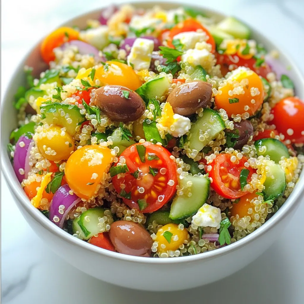 - 1 cup quinoa, rinsed - 2 cups water or vegetable broth - 1 cup cherry tomatoes, halved - 1 cucumber, diced - 1 bell pepper (any color), diced - ½ red onion, finely chopped - ½ cup Kalamata olives, pitted and halved - ½ cup feta cheese, crumbled - ¼ cup fresh parsley, chopped - ¼ cup olive oil - 2 tablespoons lemon juice - 1 teaspoon dried oregano - Salt and pepper to taste This Mediterranean quinoa salad has fresh and vibrant flavors. Each ingredient plays a big role. Quinoa is the star. It is a protein-rich grain that cooks quickly. You can use water or broth for added flavor. Now, let’s talk about the vegetables. Cherry tomatoes add sweetness. Cucumber gives a nice crunch. Bell peppers bring color and taste. Red onion adds a bit of bite, but you can adjust it to your liking. Kalamata olives provide a salty depth. Feta cheese adds creaminess. Fresh parsley brightens the dish. Olive oil and lemon juice create a tasty dressing. Dried oregano is a must for that classic Mediterranean flavor. This salad is not just good; it is healthy too. Each ingredient offers benefits that help your body. Enjoy making this delicious salad! {{ingredient_image_1}} 1. Start by rinsing your quinoa. This helps remove bitter flavors. 2. In a medium saucepan, add the rinsed quinoa and 2 cups of water or broth. 3. Bring the mixture to a boil over high heat. 4. Once it boils, lower the heat. Cover the pot and let it simmer for 15 minutes. 5. After 15 minutes, the quinoa should be fluffy and all the liquid absorbed. 6. Remove the pan from heat and let the quinoa cool for a bit. 1. Grab your cherry tomatoes and cut them in half. 2. Dice the cucumber into small cubes. 3. For the bell pepper, remove the seeds and chop it into pieces. 4. Finely chop half of the red onion. 5. Use a sharp knife for clean cuts. This helps all pieces cook evenly. 6. Combine all the cut vegetables in a large bowl. 1. In a small bowl, whisk together the olive oil and lemon juice. 2. Add the dried oregano, salt, and pepper to the bowl. 3. Whisk until the dressing is well mixed. 4. Fluff the cooled quinoa with a fork, then add it to the bowl of veggies. 5. Pour the dressing over the quinoa and vegetables. 6. Toss everything gently together to coat all ingredients well. 1. This salad can be served chilled or at room temperature. 2. For a lovely presentation, use a large bowl or platter. 3. Garnish with extra cherry tomatoes, olives, and feta cheese on top. 4. Add fresh parsley or mint leaves for a pop of color. 5. This makes the salad appealing and ready for your guests! To make your Mediterranean quinoa salad pop, use fresh herbs and spices. I love adding oregano and parsley. They bring bright notes that lift the whole salad. For an extra kick, try a pinch of cumin or some crushed red pepper flakes. Adding lemon zest is another great trick. It adds a fresh, zesty flavor that brightens every bite. One mistake I see often is overcooking quinoa. It should be fluffy, not mushy. Keep an eye on it while it simmers. Another common error is skipping the resting period. Let the quinoa cool before mixing it with veggies. This helps the flavors meld beautifully. When prepping in advance, cook the quinoa and let it cool completely. You can chop veggies ahead of time too. Store them in airtight containers in the fridge. This keeps them fresh and crisp. For storage, use glass containers. They keep your salad fresh longer. If you make the dressing ahead, store it separately to avoid sogginess. Pro Tips Rinse the Quinoa: Always rinse your quinoa under cold water before cooking to remove its natural coating, called saponin, which can taste bitter. Chill Before Serving: Allow the salad to chill in the refrigerator for at least 30 minutes before serving. This enhances the flavors and makes for a refreshing dish. Customize Your Veggies: Feel free to swap in your favorite vegetables or whatever you have on hand. Zucchini, artichokes, or roasted red peppers make great additions. Store Properly: Store any leftovers in an airtight container in the fridge for up to 3 days. The flavors will continue to meld, making it even tastier! {{image_2}} You can change your Mediterranean quinoa salad based on what is in season. In spring, add fresh peas or asparagus. In summer, use ripe peaches or nectarines for sweetness. Fall brings great flavors like roasted pumpkin or brussels sprouts. In winter, think about adding roasted root veggies. Using local produce makes the salad fresh and tasty. For a heartier dish, add protein. Grilled chicken works well and adds a nice flavor. Shrimp is another great option; it cooks quickly and tastes amazing. If you want a plant-based choice, try chickpeas. They add protein and fiber. Pairing with grilled meats enhances the meal and makes it filling. Making this salad vegan is easy. Just leave out the feta cheese or use a dairy-free version. For gluten-free, quinoa is already a great choice. If you want to switch up flavors, try adding different nuts or seeds. These swaps keep the dish tasty while meeting dietary needs. How long does the salad last? Mediterranean quinoa salad keeps well in the fridge for 3 to 5 days. You can enjoy it fresh for lunch or dinner throughout the week. What are the signs of spoilage? Look for changes in smell, color, or texture. If the salad smells sour or looks slimy, it's best to toss it. What are the best containers for keeping freshness? Use an airtight container to store your salad. Glass containers work great, as they do not absorb odors. Should I store dressing separately? Yes, store the dressing in a small jar or bowl. This keeps the salad crisp and fresh until you’re ready to eat. How can I maintain texture when reheating? I recommend enjoying the salad cold or at room temperature. If you prefer it warm, gently heat it in a pan. What are safe reheating practices? Heat only what you plan to eat. Use medium heat and stir often to keep the salad from getting mushy. You can tell quinoa is cooked when it looks fluffy. The grains will have a small tail or curl, called the germ. When you bite into it, it should feel soft but still have a slight crunch. This takes about 15 minutes of cooking. Make sure to let it rest after cooking to get the best texture. Yes, you can make this salad ahead of time. I recommend prepping the quinoa and chopping the vegetables a day before. Store them separately in the fridge. This keeps the salad fresh and crunchy. Mix everything together just before serving to maintain the flavors and textures. If you dislike olives, you can try capers for a similar briny taste. You can also use artichoke hearts for a tangy flavor. For a different texture, add diced pickles or sun-dried tomatoes. These will still give your salad a great taste. Absolutely! Mediterranean Quinoa Salad is perfect for meal prep. Divide it into containers for easy lunches or dinners. Just remember to keep the dressing separate until ready to eat. This helps the salad stay fresh and tasty throughout the week. This blog post covered how to make a delicious Mediterranean quinoa salad. We explored the ingredients, their nutritional benefits, and easy cooking steps. I shared tips for flavor, common mistakes, and how to store the salad. You can adjust this recipe for different seasons or dietary needs. In closing, this salad is not just tasty but also healthy and versatile. You can enjoy it anytime, making it a perfect addition to your meals. Get creative with flavors and have fun!