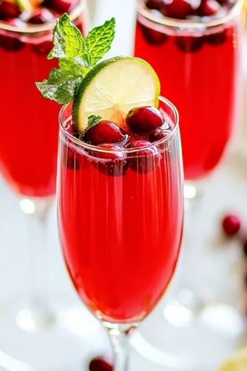 To make Sparkling Cranberry Mimosas, you need: - 2 cups cranberry juice (preferably 100% cranberry juice) - 1 cup sparkling water or club soda - 1 tablespoon fresh lime juice - Fresh cranberries, for garnish - Lime slices, for garnish - Mint leaves, for garnish Each ingredient adds a unique touch to the drink. The cranberry juice gives a sweet and tart flavor. The sparkling water adds fizz, making it festive. Fresh lime juice brightens the drink and adds a nice zing. Garnishes are fun and can make your drink look great. You can add: - Extra fresh cranberries - Lime wedges - More mint leaves These garnishes not only look pretty but also add fresh flavors. You can mix and match them based on your taste. If you don't have an ingredient, don't worry! Here are some swaps you can try: - Use any berry juice if you don’t have cranberry juice. - Swap sparkling water with lemon-lime soda for a sweeter taste. - Try lemon juice instead of lime for a different zing. These substitutions can help you customize your drink while keeping it festive. Enjoy experimenting with flavors! {{ingredient_image_1}} To start, grab a large pitcher. Pour in 2 cups of 100% cranberry juice. Next, add 1 tablespoon of fresh lime juice. This lime juice brightens the drink and balances the sweetness. Stir the mixture well to blend the flavors. You want a smooth and tasty base for your mimosas. Now, it’s time to add some fizz. Gently pour in 1 cup of sparkling water or club soda. Be careful! Stir slowly to keep the bubbles. Mixing too fast can make the drink lose its sparkle. You want a refreshing drink that bubbles nicely when served. Prepare your glasses with a few fresh cranberries in each one. This step adds a festive touch. Pour the sparkling cranberry mixture into each glass, filling it about three-quarters full. For an extra pop of color, garnish each drink with a lime slice on the rim. Add a sprig of fresh mint for aroma and charm. Serve right away to enjoy the vibrant flavors! To keep your mimosas bubbly, do not mix too hard. Gently pour the sparkling water into the juice mixture. Stir slowly to maintain those delightful bubbles. Use chilled sparkling water for added fizz. Serve the drinks right after making them for the best experience. Garnishes add flair and taste. Use fresh cranberries, lime slices, and mint leaves to make your drink pop. Place a few cranberries at the bottom of each glass. Add a lime slice on the rim for a nice touch. Top with a sprig of mint for a fresh aroma and vibrant color. This recipe makes 4 to 6 servings. To serve more, just double the ingredients. If you have a larger crowd, consider preparing a pitcher. Keep the ratio of juices and sparkling water the same for balanced flavors. Remember, the more, the merrier! Pro Tips Choose Quality Juice: Using 100% cranberry juice ensures a rich flavor without added sugars or preservatives. Chill Ingredients: For the best experience, chill your cranberry juice and sparkling water before mixing to keep your mimosas refreshingly cool. Garnish Creatively: Experiment with different garnishes like rosemary or edible flowers for a unique twist on presentation. Make It Ahead: Prepare the cranberry juice and lime mixture in advance and add sparkling water just before serving to maintain its fizz. {{image_2}} Sparkling cranberry mimosas shine at winter holiday gatherings. The bright red color brings cheer. For summer brunches, swap cranberry juice for lighter fruit juices. Think about using fresh orange juice or peach juice. These alternatives provide a refreshing twist that fits the season. You can even mix cranberry and orange juice together for a fun flavor blend. To add a kick, mix in champagne or prosecco. The bubbles elevate your drink's festive spirit. Use equal parts of sparkling wine and juice for balance. This adds complexity and makes it feel more special. For a fun touch, try flavored sparkling wines. Raspberry or peach-flavored options can change the drink's profile. Get creative with fruit additions! Fresh berries, like raspberries or blueberries, can enhance your drink. Simply drop a few berries in each glass for color and taste. You might also try citrus slices, like oranges or lemons. These fruits add a bright zing and make your drink pop. Don’t be afraid to mix flavors. Experimenting can lead to delightful surprises! If you have leftover sparkling cranberry mix, pour it into an airtight container. Make sure to seal it tightly to keep the bubbles in. Store it in the fridge. Try to use the mix within two days for the best taste and fizz. The mix stays fresh for about two days when stored properly. The cranberry juice lasts longer, but the bubbles will fade. For the best experience, drink it sooner rather than later. Always check for any off smells before using. You can easily reuse the leftover cranberry juice in different ways. Add it to smoothies for a tasty twist. Mix it into a salad dressing for a fruity touch. You can even use it to make popsicles by freezing it in molds. The fresh cranberries and mint can brighten up other drinks or dishes too! You can prepare the cranberry juice and lime juice mixture ahead of time. Mix these in a pitcher and store it in the fridge. This keeps the flavors fresh. However, add the sparkling water just before serving. This step keeps your drink fizzy and fun. If you mix it too early, the bubbles will go flat. You can switch up the cranberry juice for many other juices. Orange juice adds a classic twist. Pineapple juice brings a sweet and tropical flair. Pomegranate juice offers a rich, tart flavor. Mix and match to find your favorite. Just keep the same ratio for a tasty drink. To make a non-alcoholic Sparkling Cranberry Mimosa, simply skip any alcohol. Use sparkling water or club soda as the base. You can also add more juice for flavor. For a fun twist, consider adding sparkling grape juice. This option keeps the drink festive without the alcohol. You can now create delicious Sparkling Cranberry Mimosas by using simple steps. We covered the key ingredients, their substitutes, and garnishes. I shared tips to keep fizz and ideas for seasonal twists. You learned storage tips and how to repurpose extras. Now, get ready to impress friends and family with these drinks at your next gathering. Making these mimosas is easy and fun. Enjoy the fizz and flavor!