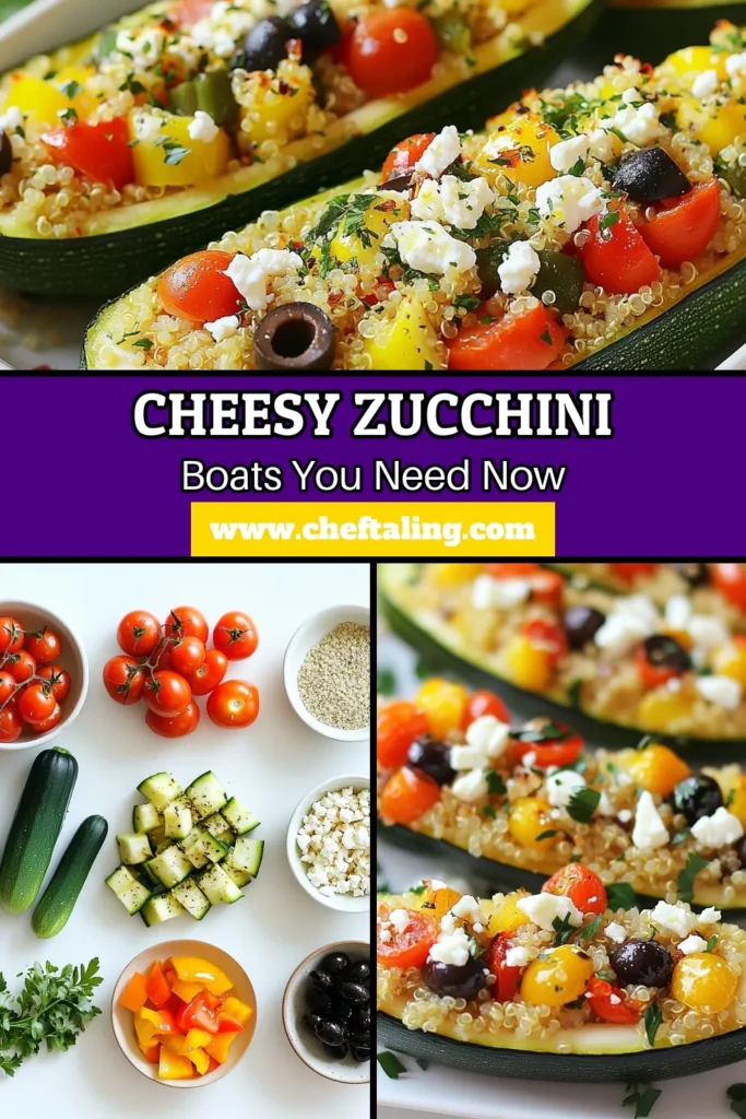Discover the deliciousness of cheesy stuffed zucchini boats with this easy Mediterranean zucchini recipe! Packed with healthy ingredients like quinoa, feta cheese, and fresh vegetables, these healthy zucchini boats are perfect for a nutritious meal. Bake your zucchini with feta for a flavor explosion that's sure to impress. Try this recipe today and savor every bite! Save it for later! #StuffedZucchini #HealthyRecipes #MediterraneanFood #QuinoaRecipes