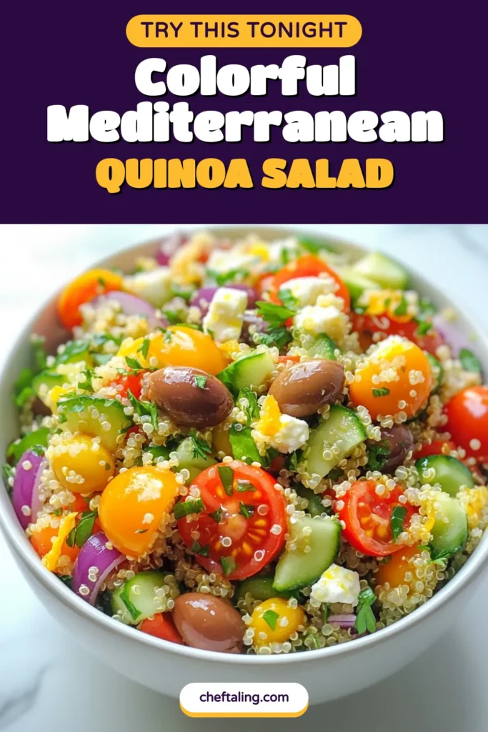 Discover a refreshing Mediterranean quinoa salad that's perfect for any meal! Packed with nutritious ingredients like cherry tomatoes, cucumbers, Kalamata olives, and feta cheese, this healthy quinoa recipe is a delicious vegetarian salad option. Easy to make and bursting with flavor, this quinoa salad with olives will be your new favorite. Try it today and enjoy a taste of the Mediterranean! Save this recipe for later! #MediterraneanQuinoaSalad #HealthyQuinoaRecipes #VegetarianSaladRecipes #FetaCheeseSalad