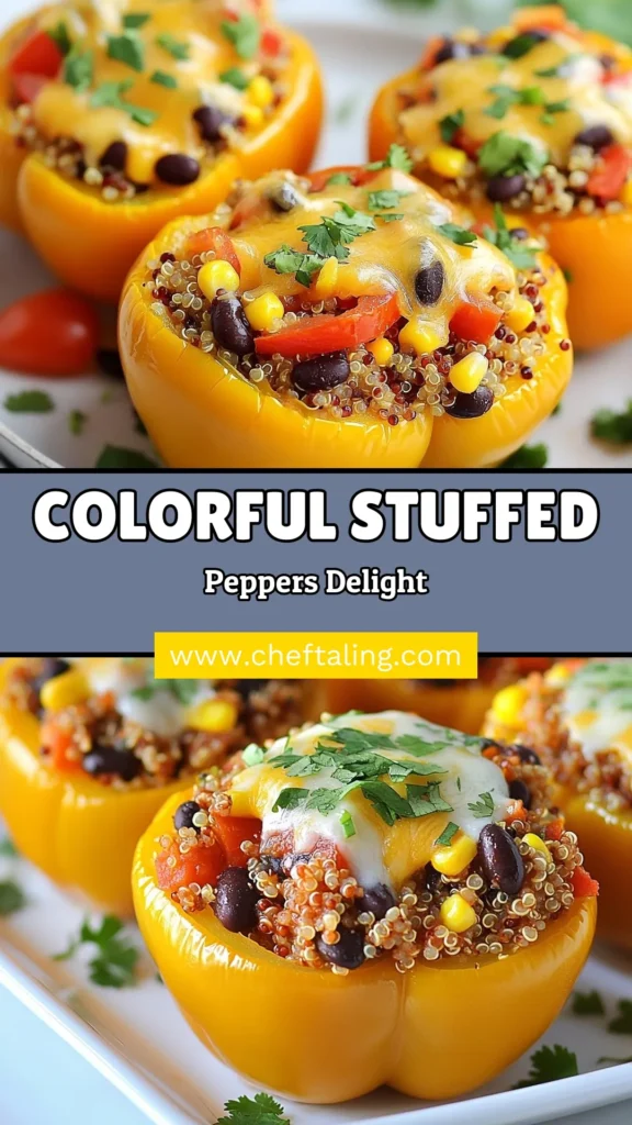 Elevate your meal with these vibrant quinoa stuffed peppers! This colorful stuffed peppers recipe combines fluffy quinoa, black beans, and corn, creating a delicious and healthy dish packed with flavor. Perfect for anyone looking for vegetarian stuffed peppers and healthy quinoa recipes. Impress your family with these easy bell pepper recipes that are as nutritious as they are tasty! Save this recipe for your next healthy meal. #QuinoaStuffedPeppers #VegetarianRecipes #HealthyEating #BellPepperRecipes