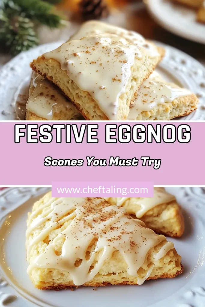 Indulge in the holiday spirit with this delightful eggnog scones recipe featuring a festive nutmeg glaze. Perfect for your holiday gatherings, these easy eggnog desserts are sure to impress. Bake these fluffy scones, drizzled with a rich nutmeg glaze for scones, and enjoy a taste of festive baked goods. Don't miss out on this holiday scone recipe that will become a seasonal favorite! Save this pin for a cozy baking experience! #EggnogScones #NutmegGlaze #HolidayScones #FestiveBakedGoods