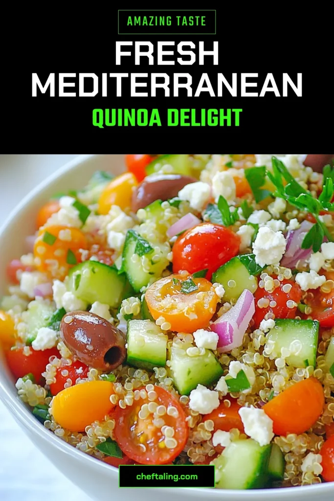 Discover the vibrant flavors of this Mediterranean quinoa salad, a healthy quinoa recipe packed with fresh veggies, Kalamata olives, and crumbled feta. Perfect for meal prep or a light lunch, this easy Mediterranean recipe is a delicious vegetarian quinoa salad that will impress everyone. Ready in just 30 minutes, it's the ultimate go-to dish. Save this recipe now for a refreshing taste adventure! #QuinoaSalad #MediterraneanRecipes #HealthyEating #VegetarianRecipes