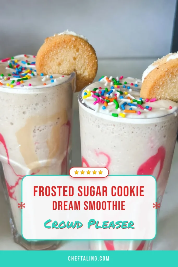 Indulge in this delicious frosted sugar cookie smoothie that tastes just like dessert! This easy smoothie recipe combines creamy vanilla yogurt, a frozen banana, and sugar cookie mix for a delightful treat. Perfect as a fun sprinkle smoothie recipe, this banana smoothie with sprinkles is sure to please. Try it today and brighten your day with this scrumptious recipe! Save for later and share with friends! #SmoothieRecipes #HealthyTreats #BananaSmoothie #YogurtSmoothie