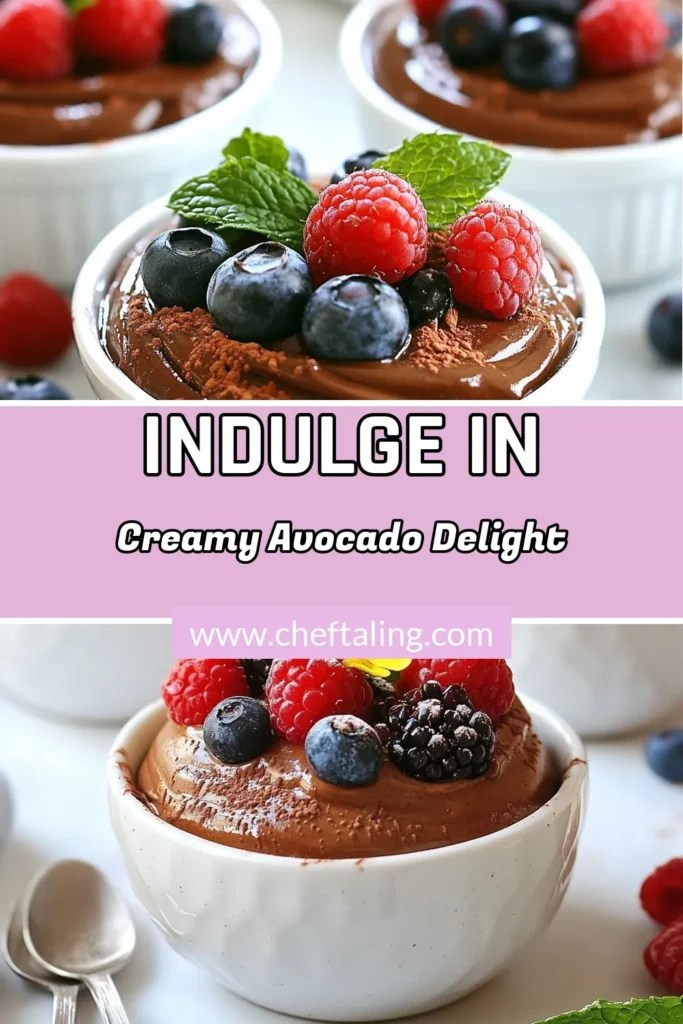 Indulge in this creamy avocado chocolate mousse that's not just delicious but also healthy! This dairy-free mousse recipe is the perfect vegan chocolate mousse you’ve been searching for. Made with ripe avocados and pure cocoa, it's a guilt-free treat. Ready in just 40 minutes, this creamy avocado dessert will satisfy your sweet cravings. Save this healthy chocolate mousse recipe for a delightful treat! #AvocadoChocolateMousse #VeganDessert #HealthyTreats #DairyFreeMousse