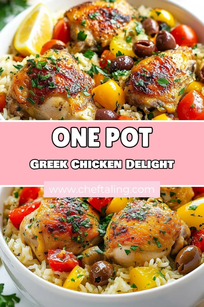 Discover the magic of this One-Pot Greek Chicken Recipe! This Greek Chicken and Rice dish combines tender chicken thighs with vibrant vegetables, making it an Easy Mediterranean Dinner perfect for busy weeknights. With minimal cleanup, this One-Pot Meal is deliciously healthy and packed with flavor. Try this Healthy Chicken Thighs Recipe today and enjoy a wholesome meal the whole family will love. Save this recipe now! #OnePotMeals #HealthyRecipes #GreekChicken #EasyDinner