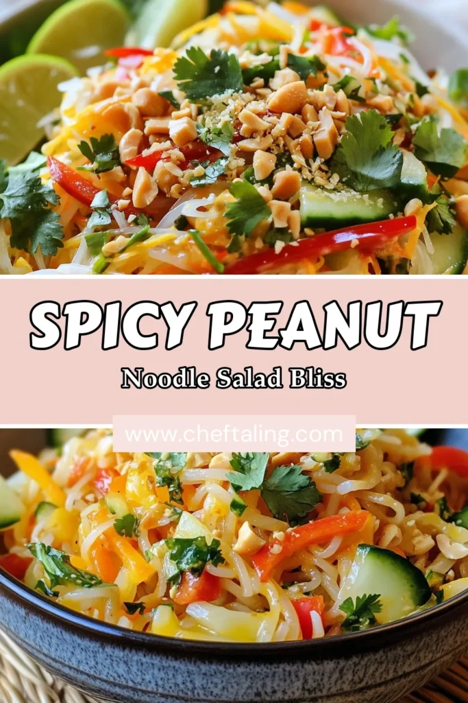 Looking for a delicious meal? Try this Spicy Peanut Noodle Salad! This easy rice noodle recipe is perfect for a healthy cold noodle salad that satisfies your cravings. Packed with fresh veggies and drizzled with a mouthwatering vegan Asian peanut dressing recipe, it's great for lunch or dinner. Quick to prepare in just 30 minutes, your taste buds will thank you. Give it a try! #SpicyPeanutNoodleSalad #VeganLunchIdeas #HealthyRecipes #RiceNoodles