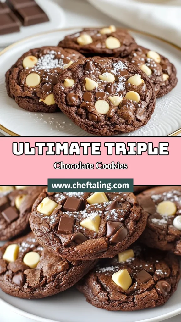 Indulge in these irresistible triple chocolate brownie cookies! This chewy chocolate cookie recipe blends semi-sweet, milk, and white chocolate chips, creating a rich chocolate experience. Perfect for any occasion, these homemade brownie cookies are an easy chocolate dessert you can't resist. Bake a batch today and bring joy to your cookie jar! Save this recipe for a delicious treat! #chocolatecookies #baking #dessertideas #cookies