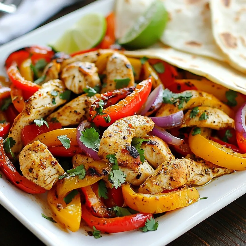 - 1 lb boneless, skinless chicken breasts, sliced into thin strips - 2 bell peppers (one red, one yellow), sliced - 1 red onion, sliced - 3 tablespoons olive oil - 1 tablespoon chili powder - 1 teaspoon cumin - 1 teaspoon garlic powder - 1 teaspoon smoked paprika - Salt and pepper to taste - Juice of 1 lime - Fresh cilantro, chopped (for garnish) The chicken is the star of this dish. It cooks up juicy and tender. The bell peppers add crunchy sweetness. The red onion gives a nice bite. Each spice brings its own flavor. Chili powder adds warmth, while cumin adds earthiness. Garlic powder and smoked paprika enhance the taste, making it rich and savory. - Flour or corn tortillas, for serving - Toppings like guacamole, sour cream, or salsa Tortillas wrap the fajitas perfectly. You can use flour or corn based on your taste. Toppings elevate the meal. Guacamole adds creaminess. Sour cream cools the spice. Salsa adds freshness. You can mix and match as you like. - Sheet pan - Mixing bowl - Measuring spoons A sheet pan is essential for easy cooking. Use a mixing bowl to combine all the flavors. Measuring spoons help get the spice amounts just right. With these tools, you'll create a fantastic meal with ease. {{ingredient_image_1}} 1. Preheat your oven to 400°F (200°C). This step gets your oven ready for baking the fajitas. 2. In a large bowl, combine the sliced chicken, bell peppers, and red onion. Mixing these ingredients ensures that each bite is full of flavor. 3. Drizzle 3 tablespoons of olive oil over the mixture. This oil will help cook the chicken and veggies properly. 1. In a small bowl, mix together the chili powder, cumin, garlic powder, smoked paprika, salt, and pepper. These spices give the fajitas their bold taste. 2. Sprinkle the spice mix over the chicken and vegetables. Toss well to coat everything evenly. This step is key for flavor. 3. Spread the chicken and vegetables in a single layer on a large sheet pan. This helps them cook evenly and get nice and tender. 4. Bake in the preheated oven for 20-25 minutes. Check that the chicken is cooked through and the veggies are tender. 1. Remove the sheet pan from the oven. Squeeze fresh lime juice over the top. This adds a bright flavor that balances the spices. 2. Garnish with chopped cilantro. This adds a fresh touch and makes your dish look beautiful. Serve warm with tortillas for a complete meal. To get the perfect chicken texture, use thin strips. They cook faster and stay juicy. Season the chicken well with spices for great flavor. Bake at 400°F (200°C) for 20-25 minutes. This ensures the chicken cooks through and stays moist. For roasting vegetables, cut them into similar sizes. This helps them cook evenly. Toss them with olive oil and spices before baking. The longer they roast, the better the flavor. Aim for tender veggies with slight browning for the best taste. To store leftovers, let them cool first. Place them in an airtight container. They can stay fresh in the fridge for about 3-4 days. If you want to store them longer, freeze in portions. Just make sure to label the date. When reheating, the oven is best. Preheat it to 350°F (175°C). Spread the fajitas on a sheet pan and bake for about 10-15 minutes. This keeps them crispy. You can also use the microwave if you're short on time. Just heat in intervals of 30 seconds, stirring in between. For a great presentation, serve the fajitas on a large platter. Keep the tortillas warm on the side. You can also add toppings like guacamole, sour cream, or salsa for extra flavor. Pair your fajitas with sides like Mexican rice or black beans. A refreshing drink, such as limeade or a light beer, complements the meal nicely. Enjoy your colorful and tasty feast! Pro Tips Marinate for More Flavor: If time allows, marinate the chicken in the spice mix and olive oil for at least 30 minutes or overnight. This enhances the flavor and tenderness. Use Fresh Ingredients: Opt for fresh bell peppers and onions for the best texture and flavor. Fresh cilantro adds a vibrant finish. Customize Your Spices: Feel free to adjust the spice levels according to your taste. Adding a pinch of cayenne can give it a nice kick! Serve with a Twist: Elevate your fajitas by offering a variety of toppings like pickled jalapeños or mango salsa for added freshness and flavor. {{image_2}} You can easily change up this recipe to suit your taste. For protein, you can use shrimp or tofu instead of chicken. Both options cook well and soak up flavors nicely. If you want to try different veggies, zucchini and mushrooms work great too. They add a nice texture and extra flavor. Want to spice things up? Add some jalapeños for heat. They bring a nice kick to your fajitas. For a smoky or tangy twist, consider using smoked chipotle or lime zest. These ingredients can elevate your dish to a whole new level. Just a little can make a big difference. If you need gluten-free options, use corn tortillas instead of flour. This makes your meal safe for those with gluten sensitivities. For a vegetarian version, skip the chicken and load up on veggies. You can use extra peppers, onions, and even beans for protein. This way, everyone can enjoy delicious fajitas! To keep your cooked fajitas fresh, place them in the fridge. They last about 3 to 4 days. For longer storage, you can freeze them. Just put the fajitas in a freezer-safe bag. They can stay frozen for up to 3 months. Using airtight containers helps maintain freshness. This prevents air from making the fajitas soggy. If you use a bag, squeeze out as much air as you can. This keeps the flavors strong and the texture nice. When you reheat your fajitas, aim for an internal temperature of 165°F (74°C). You can use a microwave or an oven. If using a microwave, heat in short bursts. Stir often to ensure even warming. The oven method takes longer but keeps the crispness. Preheat the oven to 350°F (175°C) and heat for about 10-15 minutes. How long to bake chicken fajitas? You should bake chicken fajitas for 20 to 25 minutes. Check that the chicken is cooked through. The veggies should be tender. This timing ensures great flavor and texture. Can I prepare fajitas in advance? Yes, you can prepare fajitas in advance. Slice the chicken and veggies the day before. Store them in the fridge. Mix the spices, but add them just before cooking. This keeps everything fresh and tasty. What's the best type of chicken for fajitas? The best type of chicken is boneless, skinless chicken breasts. They cook quickly and stay tender. Thin strips work best to absorb the spices and cook evenly. Can I use frozen vegetables? Yes, you can use frozen vegetables. However, fresh veggies give a better taste and texture. If using frozen, reduce the baking time slightly. Thaw them first for even cooking. How to make fajitas spicier? To make fajitas spicier, add jalapeños or extra chili powder. You can also use a spicy seasoning blend. Adjust based on your taste. Always start with a small amount, then add more. What toppings are best for chicken fajitas? Great toppings include guacamole, sour cream, and salsa. Fresh cilantro adds a nice touch too. You can also try cheese or diced tomatoes. Serve these on the side for a fun meal. You now have a complete guide to making delicious chicken fajitas. We explored the key ingredients, from tender chicken to tasty spices. I shared step-by-step instructions to help you prepare and cook your meal perfectly. We also looked at tips for storage, variations, and answers to common questions. Cooking can be fun and simple. Now you can impress your family and friends with tasty fajitas. Choose your favorite ingredients and let your creativity shine in the kitchen!